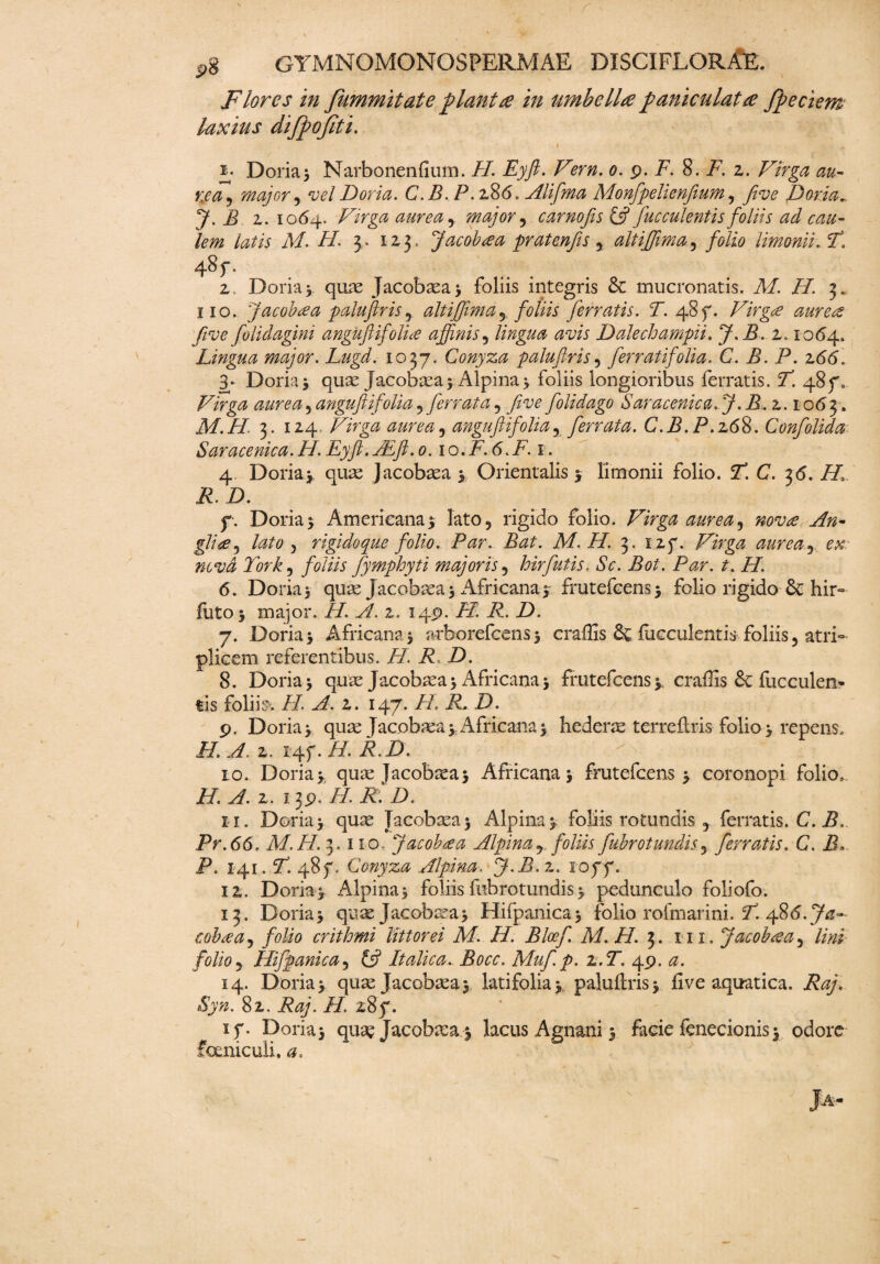 Flores in fummitate plantte in umbell# pani culat# fpeciem laxius difpojiti. • • ?, . r_. » . - + Doria5 Narbonenfium. //. Eyft. V?rn. o. 9. F. 8. F. 2. , major, vel Doria. C.B. P. z86. Alifma Monfpelienfium, five Doria. 7. E z. 1064. Virga aurea, major, camo fis & fuc cui entis foliis ad cau¬ lem latis M. FI- f 12 j. Jacobeea pr at en fis , altiffima, folio limonii. f. 48r 2 Doria* quae Jacobasa} foliis integris & mucronatis. A/. //. 3. 110. Jacobeea palufiris , altiffima, foliis ferratis. T. 48f. Virgee aure# fi ve folidagini anguftij'olice affinis, lingua avis Dalechampii. fi.B. z. 1064. Lingua major. Lugd. 1037. Conyza paluftris , jbr rati folia. C. B. P. z66. 3- Doria y quas Jacobasa} Alpina } foliis longioribus ferratis. F. 487, Virga aurea,angufiifolia, ferrata, five folidago Saracenica.fi.B. z. 1063. M.H 3. 124, aurea 1 anguftifolia, ferrata. C.B. P. 268. Confolida Saracenica.H.Fyft.FEfi.0. io.jF.6.E. 1. 4 Doria y quas Jacobasa 5 Orientalis 3 limonii folio. 2f. C. 3 <5. /A J?.D. f-. Doria > Americana $ lato9 rigido folio. Virga aurea, novce An- 3 rigido que folio. Par. Bat. M.H. 3. 127. Virga aurea, ex ncvd York, foliis fymphyt i majoris, hir futis. Sc. Bot. Par. t. H. 6. Doria 5 quas Jacobasa} Africana 5 frutefcens} folio rigido & hir- futO} major, i/, vA 2. 149. /X i?. Z>. 7. Doria 5 Africana 5 arborefcens} craffis & fucculentis foliis 5 atri- plicem referentibus. /7. R D. 8. Doria > quas Jacobasa} Africana} frutefcens}. craffis Se fucculen* tis foliis. H. A. z. 147. //. AL D. p, Doria y quae Jacobasa* Africana 3 hederae terreftris folio 3 repens, H. A. z. i4f. H. R.D. 10. Doria5. quas Jacobasa} Africana > frutefcens 3 coronopi folio». H. A. 2. 13p. H. R. D. 11. Doria> quae Jacobasa} Alpina} foliis rotundis , ferratis. C. B. Pr.66. M.H. 3.1 io- Jacobeea Alpina y. foliis fubrot undis, ferratis. C. B* P. 141. F. 487. Conyza Alpina. J.B.z. loff. 12. Doria* Alpina> foliis fubrotundis3 pedunculo foliofo. 13. Doria> quas Jacobasa} Hifpanica} folio rofmarini. F. 486. fia~ coha a, folio crithmi iittorei M. H. Bloef M. H. 3. m. Jacobeea, lini folio, Hifpanica, £s? Italica.. Bocc. Mufip. z.T. 49. a. 14. Doria* quas Jacobasa} latifolia* paluftris $ ft ve aquatica. Raj. Syn. 82. Raj. H. z8f. xp. Doria} quae Jacobasa4 lacus Agnani 3 facie fenecionis3 odore feniculi, a. Ja- 1