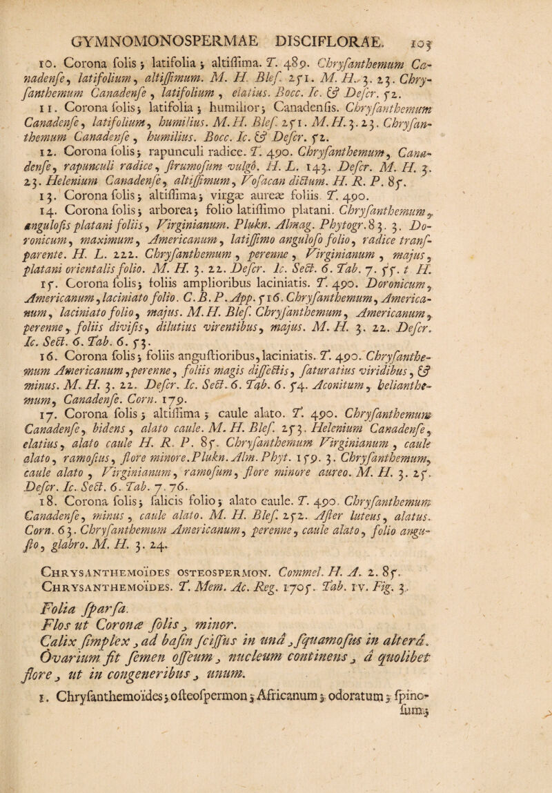 xo. Corona foiis y latifolia y altiffima. T. 489. Chryfanthemum Ca- nadenfe, latifolium , altiffimum. M. H Blef 271. M. H. 3. 2,3 . C/ry- fanthemum Canadenfe , latifolium , elatius, Bocc. Ic. & Defer. 72. 11. Corona foiis y latifolia y humilior 3 Canadenfis. Chryfanthemum Canadenfe , latifolium, humilius. M. //. Blef. 1 7 1. M. /7.3.23. Chryfan¬ themum Canadenfe , humilius. Bocc. Ic. & Defer. f 2, i z. Corona foiis y rapunculi radice, f. 490. Chryfanthemum, C000- denfe, rapunculi radiceftrumofum vulgo. H.L. 144. Defer. M. H. 3. 23. Helenium Canadenfe, altiffimum, Vofacan diblum. H. R.P. 87. 13. Corona foiis y altiffimay virgae aureae foliis. 7. 490. 14. Corona foiis j arborea y folio latiffimo platani. Chryfanthemum T angulo fis platani foliis , Virginianum. Plukn. Almag. Phytogr. 83.3. Zk- ronicum, maximum , Americanum, latiffimo angulofo folio , radice tranf parente. //, L. 222. Chryfanthemum , perenne , Virginianum , majus y platani orientalis folio. M. H. 3. 22. Defer. Ic. Se hi. 6. Tah. 7. 77. t. II. 17. Corona foiis j foliis amplioribus laciniatis. 7. 490. Doronicum y Americanum, laciniato folio, C.B. P.App. fi6, Chryfanthemum, America- #0/0, laciniato folio, majus. M.H. Blef. Chryfanthemum, Americanum , perenne y foliis divifis, dilutius virentibus y majus. M. H. 3. 22. Defer. /0. 706?. <5. /0A <5. 73. 16. Corona foiis3 foliis anguftioribus,laciniatis.7T. 490.Chryfanthe¬ mum Americanum ^perenne, foliis magis diffiebtis, fatur at ius viridibus, £5? minus. M. H. 3. 22. Defer. Ic. Sebi. 6. Pab. 6. 74. Aconitum , belianthe- MUMy Canadenfe. Corn. 179. 17. Corona foiis y altiffima y caule alato. Z. 490. Chryfanthemum Canadenfe y bidens , 0/0/0 000/0. 71/. /7. Blef. 273, Helenium Canadenfe elatius, 0/0/0 000/0 //. 77 P. 8f. Chryfanthemum Virginianum , 000/0 0/0/0, ramofiuSy flore minor e. Plukn. Alm. Phy t. 179. 3. Chryfanthemum, 000/0 0/0/0 , Virginianum, rarnofum, jforo minore aureo. M. II. 3. 27, Defer. Ic. Sebi. 6. Tab. 7. 76. 18. Corona foiis y falicis folio y alato caule. 7. 490. Chryfanthemum Canadenfe, minus, 000/0 0/0/0. 71/. i/. Blef 272. Afier luteus, alatus Con/. 63. Chryfanthemum Americanum, perenne, 000/0 0/0/0, folio angu~ fio, glabro. M. H. 3. 24. Chrysanthemoides osteospermon. Commeh H. A, 2. 87, Chrysanthemoides. 7. 7V/o^. ^/0. Pog. 1707. Z0P rv. 7%. 3, Folia fparfa. Flos ut Coronee foiis ^ minor. Calix fimplex 00/ ^0//// Jciffus in una jfquamofm in altera. Ovarium fit femen offieumy nucleum continens j d quolibet flore j ut in congeneribus j unum. 1. Chryfanthemoides y ofteofpermon y Africanum y odoratum y fpino ffimiy