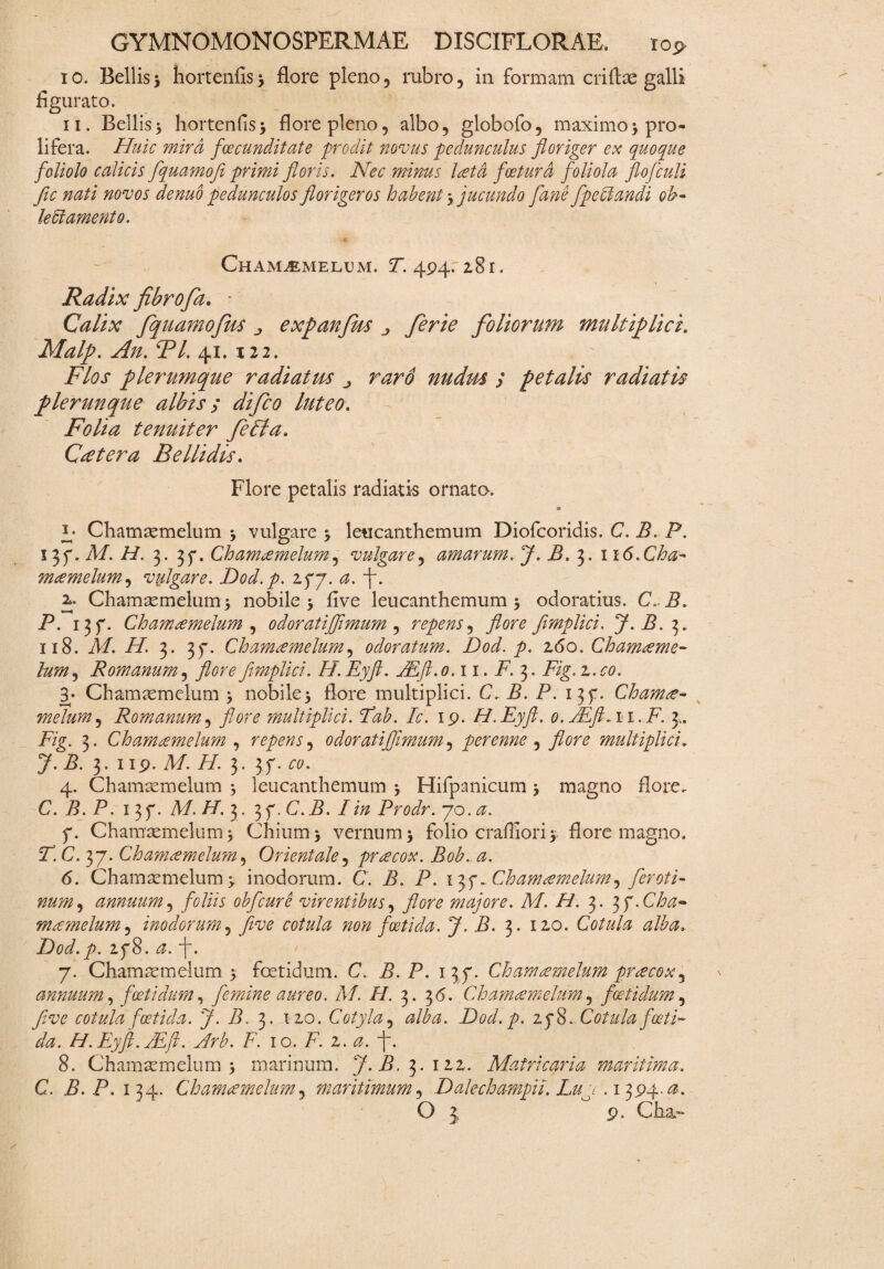 i o. Bellis y hortenfis y flore pleno , rubro , in formam crifhe galli figurato. ii. Bellis5 hortenliS} flore pleno, albo, globofo, maximo> pro- lifera. Huic mira foecunditate prodit novus pedunculus floriger ex quoque foliolo calicis fquamofi primi floris. Nec minus Icetd foeturd foliola flo [culi fle nati novos denuo pedunculos florigeros habent y jucundo flane flpeffiandi oh- kci amento. Cham^melum. T. 494:2.81. Radix fibrofa. * Calix fquamojus expanfus 3 fierie foliorum multiplici. Malp. An.Bl. 41. 122. Flos plerumque radiatm j raro nudus ; petalis radiatis plerunque albis; difeo luteo. Folia tenuiter fedfa. Ccetera Bellidis. Flore petalis radiatis ornato. 9 5; Chamcemelum y vulgare y leucanthemum Diofcoridis. C. B.. P. 137. M. H. 3. 35*. Chamcemelum, vulgare, amarum. J. B. 1 16. Cha¬ mcemelum , vulgare. Dod.p. 277. a. f. 2» Chamcemelum; nobile; five leucanthemum; odoratius. Chi?. P. 137. Chamcemelum^ odoratijfimum , repens, /fore flmplici. 118. AC i/. 3. 37. Chamcemelum, odoratum. Dod. p. 260. Chamceme¬ lum , Romanum, flore flmplici. H. Eyft. JEft.o. 11. i7. 3. ivg. 2.^0. 3* Chamcemelum 3 nobile 3 flore multiplici. C. i?. P. 137. Chamce¬ melum , Romanum, flore multiplici, flab. Ic. 19. H.Eyft. o.JEft- 11.F. 3,. ivg. 3. Chamcemelum , repens, odoratiflimum, perenne , flore multiplici. J. B. 3. 119. AC //. 3. 37. 4. Chamcemelum 3 leucanthemum 5 Hifpanicum 5 magno flore. C. B. P. 137. A/. //. 3. 37. C. B. Iin Prodr. 70. dr. p. Chamcemelum 3 Chium 3 vernum j folio crafiioriy flore magno. 2. C. 37. Chamcemelum, Orientale, preeeox. Bob. a. 6. Chamcemelum > inodorum. C. B. P. 135.- Chamcemelum ^ fleroti- num, annuum, foliis obfcure virentibus, yZw majore. M. H. 3. 37.Cha¬ mcemelum , inodorum, ym? non foetida. J. B. 3. 120. Cotula alba. Dod.p. 278. j-. 7. Chamcemelum 3 fetidum. C. i?./5. 137. Chamcemelum prcecox, annuum, foetidum, femine aureo. M. H. 3. 3<5. Chamcemelum, foetidum, Jive cotula foetida. J. B. 3. 120. Cotyla, Dod.p. 278. Cotula foeti¬ da. H.Eyft.LEft. Jrb. F. 10. A. 2. a. f. 8. Chamcemelum 3 marinum. 7. i?, 3.122. Matricqria maritima. C. B. P. 134. Chamcemelum, maritimum, Dalechampii. Lue .1394.a.