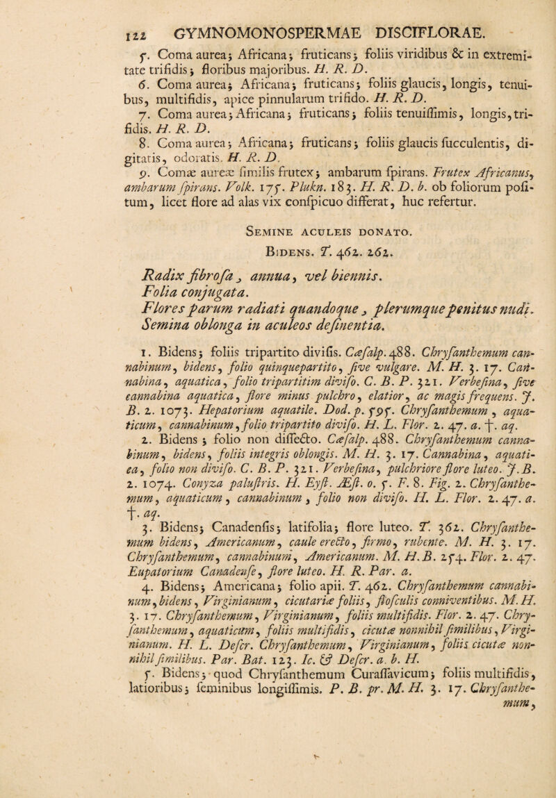 y. Coma aurea * Africana* fruticans* foliis viridibus & in extremi¬ tate trifidis > floribus majoribus. H. R. D. 6. Coma aurea * Africana * fruticans * foliis glaucis 3 longis, tenui¬ bus , multifidis, apice pinnularum trifido. H. R, D. 7. Coma aurea* Africana* fruticans* foliis tenuiffimis, longis, tri¬ fidis. H. R. D. v 8. Coma aurea* Africana5 fruticans 5 foliis glaucis faeculentis, di¬ gitatis, odoratis. H. R. D. 9. Comae aureae fimiiis frutex * ambarum fpirans. Frutex Africanus, ambarum fpirans. Volk. 177. Plukn. 183. H. R. D. b. ob foliorum poli¬ tum, licet flore ad alas vix confpicuo differat, huc refertur. Semine aculeis donato. Bidens. Y. 46z. z6z. Radix fibrofa ^ annua, vel biennis. Folia conjugata. Flores parum radiati quandoque plerumque penitus nudi* Semina oblonga in aculeos definentia. 1. Bidens 5 foliis tripartito divi fis. Crefalp. 488. Chryfanthemum can¬ nabinum , bidens, folio quinquepartito, five vulgare. M. H. 3. 17. Can¬ nabina , aquatica, folio tripartitim divifo. C. B. P. 311. Verbefinay five cannabina aquatica, flore minus pulchro, elatior, magis frequens. J. B.z. 1073. Hepatorium aquatile. Dod. p. ypf. Chryfanthemum , ficunt) cannabinum) folio tripartito divifo. H. L. Flor. z. 47. <3. ~j~. 2. Bidens * folio non difiedto. Cffalp. 488. Chryfanthemum canna¬ binum, bidens, foliis integris oblongis. M. H. 3. 17. Cannabina, aquati- folio non divifo. C. B. P. 321. Verbefima, pulchriore flore luteo. J.B. z. 1074. Conyza paluflris. H. Eyft. JEfi. 0. f. F. 8. Fig. z. Chryfanthe¬ mum , aquaticum, cannabinum, folio non divifo. H. L. Flor. z. 47. “j. 3. Bidens $ Canadenfis* latifolia 5 flore luteo. Y 362. Chryfanthe¬ mum bidens, Americanum-, caule er effio y firmo y rubente. M. H. 3. 17. Chryfanthemum, cannabinum, Americanum. M. H.B. zy^.Flor. z. 47. Eupatoriam Canadenfe, flore luteo. H\ R. Par. a. 4. Bidens j Americana* folio apii. Y. 462. Chryfanthemum cannabi* num, bidens, Vir fini anum, cicutariee foliis y fio ficulis conniventibus. M.H\ 3.17. Chryfanthemum, Virgini anum, foliis multifidis. Flor. z. 47. C/?ry- fanthemum, aquaticum, foliis multifidis, cicuta nonnihil fimilibus, Virgi¬ ni anum. H. L. Defer. Chryfanthemum, Virginianum, foliis cicutce non¬ nihil fiimilibus. Par. Bat. 123. /r. £5? Defer, a. b. H. f. Bidens * * quod Chryfanthemum Curaflavicum * foliis multifidis, latioribus* feminibus longiffimis. P. B. pr. H* 3- 17. Qhryfanthe-