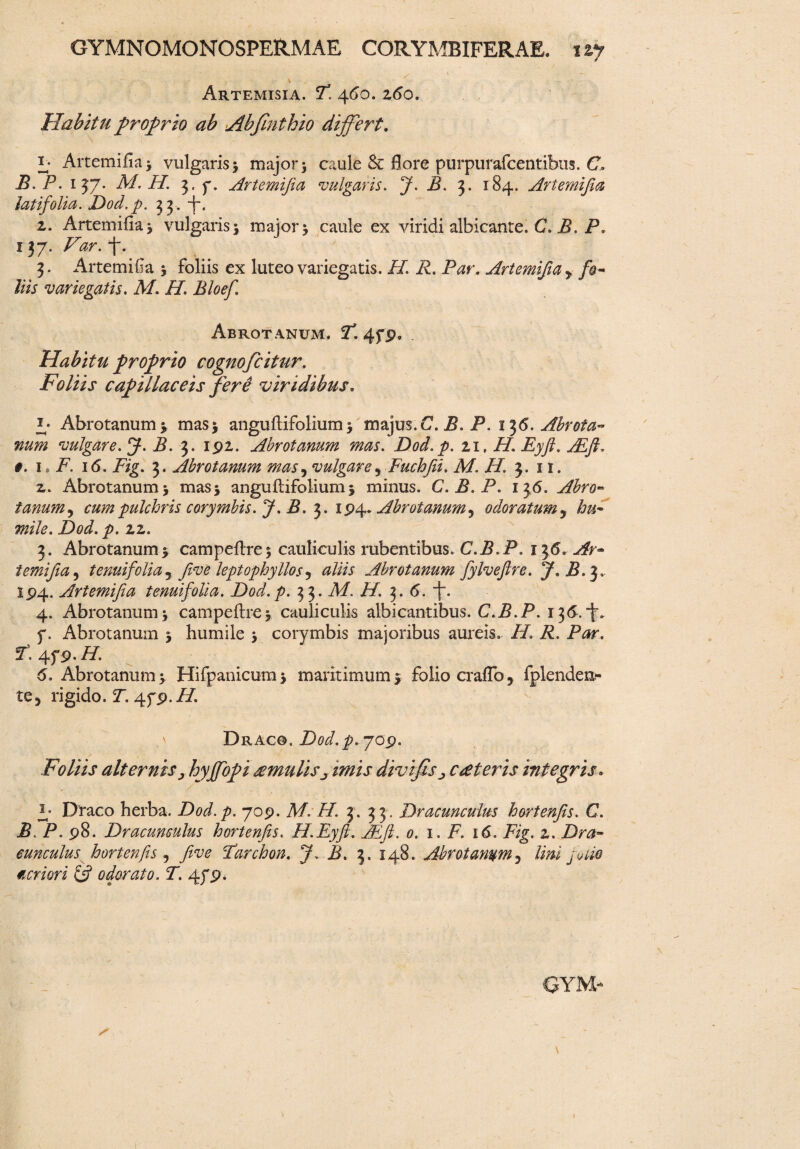 Artemisia. F. 460. z6o. Habitu proprio ab Abfinthio differt. t- Artemifk} vulgaris 5 major 3 caule & flore purpurafcentibus. C, B. P. 157. M. H. 3, 7. Artemifia vulgaris. J. B. 3. 184. Artemifia latifolia. Dod.p. 33. -f. z. Artemifia 3 vulgaris 3 maior 3 caule ex viridi albicante. C. B. P, ryy. Var. -f. 3. Artemifia 3 foliis ex luteo variegatis. H R. Par. Artemifia, fi- liis variegatis. M. H. Bloef Abrotanum. T. 479. Habitu proprio cognofcitur. Foliis capillaceis fere viridibus. £; Abrotanum 3 mas 3 anguftifolium 3 majus. C. B. P. 136. Abrota¬ num vulgare. J. B. 3. 192. Abrotanum mas. Dod.p. zi, H. Eyft. ALfi, #. 1»F. 16. Fig. 3. Abrotanum mas, vulgare, Fuchfii. M. H. 3. 11. 2. Abrotanum 3 mas3 anguflifolium 3 minus. C.B.P. 13<5. Abro- tanum, cum pulchris corymbis. J. B. 3. 194* Abrotanum, odoratum , hu¬ mile. Dod. p. zz. 3. Abrotanum3 campeftre5 cauliculis rubentibus. C.B.P. 1^6* Ar- temifia, tenui folia, five leptophyllos, aliis Abrotanum fylvejlre. J.B.3. 194. Artemifia tenuifolia. Dod.p. 33. Af. //. 3. 6. *j. 4. Abrotanum3 campeflre* cauliculis albicantibus. C.B.P. 136. y. Abrotanum 3 humile 3 corymbis majoribus aureis. /A Al. AW. fl 4f 9- H. 6. Abrotanum 3 Hifpanicum3 maritimum 3 folio crafTo, fplendea- te5 rigido. T. 479.//. Draco. Dod.p. 709. Foliis alternis, hyffopi £MuHs, imis divifis, ceteris integris. f Draco herba. Dod.p. 709. M. H. 3. 33. Dracunculus hortenfis. C. B. P. 98. Dracunculus hortenfis. H.Eyft. JEfi. 0. 1. F. 16. Fig. z. Dra¬ cunculus hortenfis , five Farchon. J» A. 3. 148. Abrotanum, lini polio acriori & odorato. T. 479. / \ i