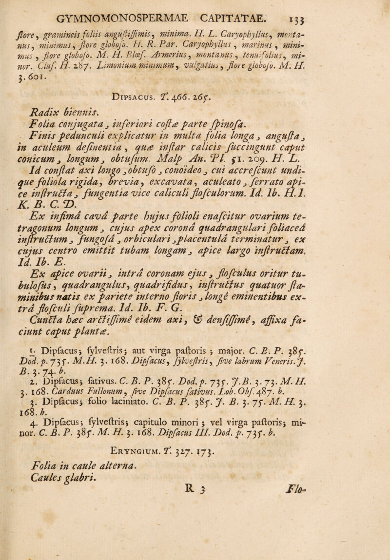flore, gramineis foliis angufiiffimis 5 minima. H. L. Caryophyllus, monta¬ nus , minimus 5 flore globofo. H. R. Par. Caryophyllus, marinus , mini¬ mus , globojo. M. H. Blosf. Armerius, montanus , tenuifohus, mi¬ nor. Cluf. H. 2.87. Limonium minimum, vulgatius 3 flore globojo. M. H. 3.601. Dipsacus. fT. 466. 267. Radix biennis. Folia conjugata j inferiori cofire farte fpinofa. Finis pedunculi explicatur in multa folia longa angufta 3 in aculeum definentia, <7^ inflar calicis fuccingunt caput conicum j longum obtufiim. Malp An. FI. 71. 209. PP JL. /P conflat axi longogobtufo ^ conoideo ^ cui accrefcunt undi¬ que foliola rigida, brevia y excavata, aculeato ^ ferrato api¬ ce inftrutla j fungentia vice caliculi flofculorum. Id. Ib. H.I. K. B. C. *D. ^ Ex infima cava parte hujus folioli enafcitur ovarium te¬ tragonum longum ^ cujus apex corona quadrangulari foliacea inflrullum fungojd , orbiculari ^placentuld terminatur ^ ex cujus centro emittit tubam longam > apice largo inftruliam. Id. Ib. E. Ex apice ovarii intra coronam ejus > flofculus oritur tu- bulojus 3 quadrangulus 5 quadrifidus, injlrultus quatuor fla¬ minibus natis ex pariete interno floris longe eminentibus ex¬ tra flofculi fuprema. Id. Ib. F. G. CunUta hac arEtiffimd eidem axiy & denfijfime, affixa fa¬ ciunt caput piant re. t. Dipfacus* fylveftris* aut virga palloris * major. C.B.P. 387. Dod.p. 737* M.H. 3. 168. Dipfacus5 fylveflris5 five labrum Veneris.J. B. 3. 74. A 2. Dipfacus5 fativus. C. P. P. 387. Dod.p. 737. p.P. 3.73. A/. /7. 3. 168. Carduus Fullonum, five Dipfacus fativus. Lob. Obff>j. b. 3. Dipfacus} folio laciniato. C. P. P. 387. P. 3. 77. M PT. 3. 16%. b. 4. Dipfacus* fylveftris* capitulo minori > vel virga palloris5 mi¬ nor. C. P. P. 387- A/. //. 3. 168. Dipfacus III. Dod. 737. A Eryngium, 7. 327. 173. Folia in caule alterna. Caules glabri. - R 3 Flo**