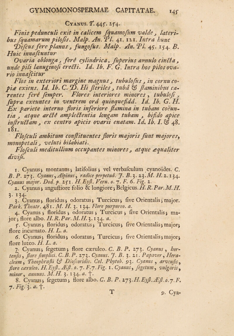 Cyanus. P. 4,4f. 274. Finis pedunculi exit in calicem fquamofum valde lateri¬ bus [quamarum pilofis. Malp. An fiPL 41. 121. hunc Flifcus fere planus j fungofus. Malp. An, TL 45. 154. Z?. Huic mnafcuntur Ovaria oblonga cylindrica, fkperius atmulo cinEta , unde pili lanuginofi er e Et i. Id. /£. Z'1 2 3 4 * 6 7 8. G. Intra hos pilos ova¬ rio innafcitur Flos in exteriori margine magnus ^ tubulo fis i# cornuco¬ pia exiens. /*/. /A C. ©. Hi f eriles j tuba & flaminibus ca- rentes fere femper. Flores interiores minores 5 tubulofi ^ fupra exeuntes in ventrem ord quinquejidd. Id. Ib. G. II Ex pariete interno floris inferiore flamina in tubam coeun¬ tia j atque arEtS ampleEtentia longam tubam bifido apice inflruEtam j ex centro apicis ovarii enatam. Id. Ib. I. & 48. 181. Flofculi ambitum conflituentes floris majoris Junt majore monopetali j ve luti bilabiati Flo fictili meditullium occupantes minores j atque a qualiter divifi. 1. Cyanus 3 montanus 5 latifolius 3 vel verbafculutii cyanoides. C. i?. P. 273. Cyanus, Alpinus, radice perpetua. J. B. 3. 2,3. A/. P/. 2.134. Cyanus major. Dod. p zfi. H.Eyft. Vern. 0. 7. P. 6. Pig. 2. 2. Cyanus 5 angufliore folio & longiore 3 Belgicus. //. P. P^r. Af. 77. 3. 134* 3. Cyanus 5 floridus 3 odoratus 5 Turcicus 3 five Orientalis 5 major. Park. Theatr. 481. M. H. 3. 134. Flore purpureo, a. 4. Cyanus 3 floridus 3 odoratus 5 Turcicus 3 flve Orientalis 3 ma¬ jor 5 flore albo. II. R. Par. M. H. 3.134. a. y. Cyanus3 floridus3 odoratus3 Turcicus3 flve Orientalis3 major3 flore incarnato. H.L. a. 6. Cyanus 3 floridus 3 odoratus 3 Turcicus 3 flve Orientalis 3 maj014 flore luteo. II. L. a. ' 7. Cyanus3 fegetum3 flore caeruleo. C. B. P. 273. Cyanus 5 hor- tenfis, flore fimplici. C.B.P. 273. Cyanus. J. B. 3. 21. Papaver, Hera¬ cleum ^ Tloeophrafti C? Diofcoridis. Coi. Phytob. 93. Cyanus 5 arvcnjis5 //cre caeruleo. H.Eyft. JEft. 0. 7. F.j.Fig. 1. Cyanus, fegetum, vulgaris, minor, annuus. M. H. 3* 134. 'f. 8. Cyanus3 fegetum3 flore albo. C. B. P. 273.H.Eyft.JEft.o.j.F. ■j-Fig-l-a.\. ! 9. Cya-