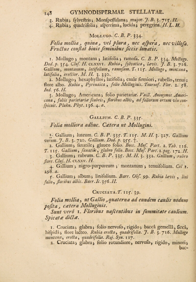 Ufl GYMNODISPERMAE STELLATAE. 3. Rubia; fylveftris; MonfpefFulana; major. J.B. 3. yiy. H. 4. Rubia y quadrifolia; afperrima, lucida 5 peregrina. H. L. H. .*• , * ■' ■ ,  J ' 'a'/ Mollugo. C.B.P. 334. Folia mollia j, quina j vel plura nec afpera . necvillofat FruEtus confiat binis feminibus ficcis lunatis. 1. Mollugo ; montana ; latifolia; ramofa. C. B. P. 334. Mollugo. Dod.p. 3J4. Cluf H. clxxvi. Rubia, fylvatica, P. 3.71 <5. Gallium 3 montanum 5 latifolium, ramofum. T* 11 p. Mollugo, montana , latifolia, er eidior. M. H. 3. 330. 2. Mollugo; hexaphyllos ; latifolia ; caule firmiori, rubello, tenui; flore albo. Rubia , Pyrenaica , folio Molluginis. Fournef. Flor. 2, y8. iW. y6.H. 3. Mollugo; Americana; folio parietaria. Pi/7/. xlnonymos Ameri¬ cana , foliis parietariae fcabris , floribus albis , ad foliorum ortum vix con- fpicuis. Plukn. PAy/. 136. 4. Gallium. C. P. P. 33^. Folia molliora adhuc. Qatera ut Mollugmi. i; Gallium ; luteum. C. P. P. 337. F. 117. AP /P 3. 327. G allium verum. J. B. 3. 720. Gallium. Dod.p. 377. f. 2. Gallium 5 faxatile; glauco folio. Pacc. A/&/T P^r/. 2. Fab. 116. T. 11 f. Gallium , faxatik, glabro folio. Bocc. Muf. Part. 2.pag. ijz.H. 3. Gallium 3 rubrum. C. B. P. 335'. AP 77. 3. 332. Gallium 3 r^ra Cluf. H. clxxv. /7. 4. Gallium; nigro-purpureum ; montanum * tenuifolium. CW 1. 2p8. <2. y. Gallium 5 album ; linifolium. P^rr. pp. P&to 5 //#j folio5 floribus albis. Barr.Ic. 3f6.//. Cruciata. P. 117. 3p. Folia mollia , ut Gallio ^quaterna ad eundem caulis nodum pofita,, c reter a Molluginis. Sunt vero 1. Floribus nafcentibus in fimmitate caulium. Spicat re diElre. 1. Cruciata j glabra 5 folio nervofo, rigido; bacca gemella, ficca, hifpida; flore ladteo. Rubia ereEta, quadrifolia. J. P. 3.716. Mollugo montana, ereEta^ quadrifolia. Raj. Syn. 117. 2. Cruciata3 glabra5 folio rotundiore, nervofo, rigido, minori; bac-