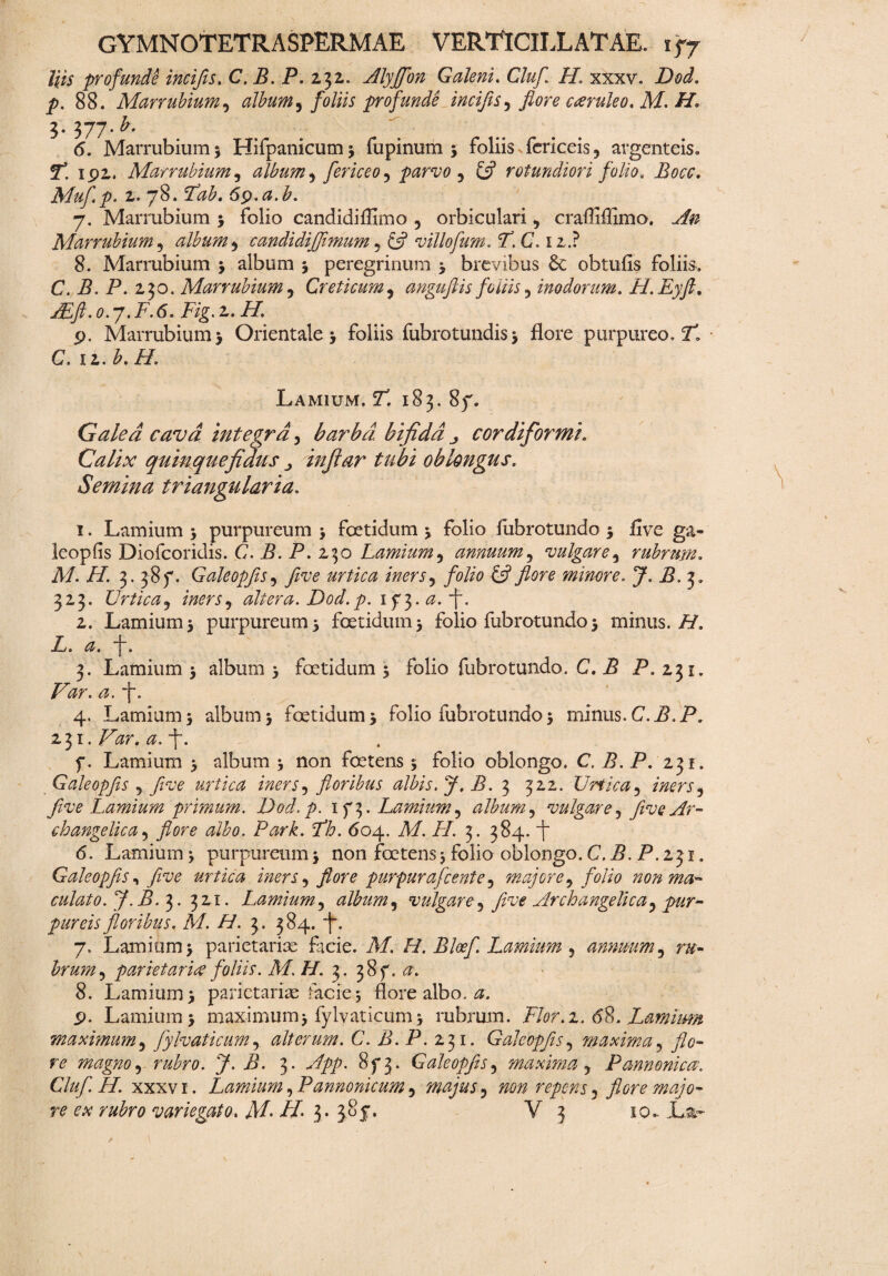 His profunde incifis. C, B. P. 232. Alyffon Galeni. Cluf H. xxxv. Dod. p. 88. Marrubium, album, foliis profunde incifis, flore caeruleo. M. H. 3.577*^ 6. Marrubium 3 Hifpanicum3 fu pinum 5 foliis fericeis, argenteis» ST. ipi, Marrubium, album, fericeo, parvo , £5? rotundiori folio. Bocc. A/**/2. 78* Fab. 69. a. b. 7. Marrubium 3 folio candidiffimo 5 orbiculari, craffiflxmo. An Marrubium , album , candidijflmum , £5? villofum. 7. C. 1 2.? 8. Marrubium 3 album 3 peregrinum 3 brevibus 6c obtufis foliis. C. B. P. 230. Marrubium. Creticum, anguflis foliis, inodorum. H.Ey/l. ALft.o.j.F.6. Fig.z. H. p. Marrubium3 Orientale 3 foliis fubrotundis3 flore purpureo. Pl ■ C. ii. A i/. Lamium. F. 183. 8f. Galea, cava integra , barba bifida ^ cordiformi. Calix quinquefidus ^ infiar tubi oblongus. Semina triangularia. 1. Lamium 3 purpureum 3 foetidum 3 folio fubrotundo 3 five ga- leopfis Diofcoridis. C. B. P. 2.30 Lamium, annuum, vulgare, rubrum. M. H. 3.38f. Galeopfls, five urtica iners, folio £5?flore minore. J. B. 3. 323. Urtica, altera. Dod.p. ly^.a.f. 2. Lamium 3 purpureum 3 foetidum 3 folio fubrotundo 3 minus.//. Z. 0. -f-. 3. Lamium 3 album 3 foetidum 3 folio fubrotundo. C. P P. 231. Pbr. <3. -j-. 4. Lamium 3 album 5 foetidum 3 folio fubrotundo 3 minus. C.B.P* 231. 0. -f. f. Lamium 3 album 3 non foetens 3 folio oblongo. C, P. P. 231. Galeopfls , five urtica iners, floribus albis. J. B. 3 322. Unica, iners, five Lamium primum. Dod. p. 15*3. Lamium , album, vulgare 5 five Ar- changelica , flore albo. Park. Fh. 604. M. FL. 3. 384. f 6. Lamium 3 purpureum 3 non foetens 3 folio oblongo. C.B.P. 231, Galeopfls, five urtica iners, flore purpurafcente , majore, folio non ma¬ culato. 7. P. 3. 321. Lamium, album, vulgare , Jive Arch angelica, pur¬ pureis floribus. M. H. 3. 384. f. brum, parietaria foliis. M. H. 3. 385. a. 8. Lamium 3 parietariae facie 3 flore albo. p. Lamium 3 maximum3 fylvaticuni3 rubrum. Flor.z. 6%. Lamium maximum, flylvaticum, alterum. C. B. P. 231. Galeopfls, maxima, magno, rubro. J. B. 3. App. 8f 3. Galeopfls, maxima , Pannonica. Clufl. H. xxxvi. Lamium, P'annonicum, majus, non repens, flore majo¬ re ex rubro variegato. AI. H. 3. 3,8f. V 3 10.. ,La.~ \