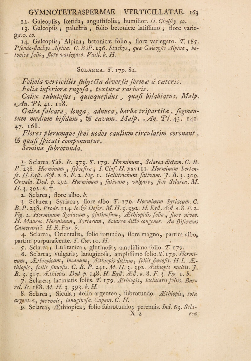\ iz. Galeopfis} foetida} anguitifolia} humilior. H. Chelfey. co. 13. Galeopfis} paluftris} folio betonicae latifiimo } flore varie¬ gato. co. ; 14. Galeopfis} Alpina} betonicae folio} flore variegato. Y. i8f* P feudo-ftachys Alpina. C. BsP. 2.36. Stachys ? qu£ Galeopfis Alpina, be¬ tonica folio 5 flore variegato. Vaill. b. H. SCLAREA. Y. I79. 8l. Foliola verticillis fabjecla diverfie forni£ d ceteris. Folia inferiora rugofa j texturae rarioris. Calix tubulofus 5 quinque fidus quafi bilabiatus. Malfi. FI. 41. 118. Galea falcata ^ longa adunca ^ barba tripartita ^ fegmen- tum medium bifidum 3 & cavum. Malfi. fAn. FI. 43. 141. 47. 168. Flores plerumque feni nodos caulium circulatim coronant ^ & quafi ffiicati componuntur. Semina fubrotunda. y- Sclarea. 2lz£. /c. 373. 2. 179. Horminum, Sciar ea diblum. C. B. P. 2,38. Horminum 9 fylveftre , I. Cluf. H. xxvi 11. Horminum horten- fe. H.Eyft. Aft. 0. 8. P. 2. Fig. 1. Gallitrichum fativum. J. B. 3. 309. Orvala. Dod. p. 292. Horminum 5 fativum , vulgare 5 five Sclarea. M. H. 3. 392. b. f. 2. Sclarea} flore albo. b. 3. Sclarea} Syriaca} flore albo. P. 179. Horminum Syriacum. C. B.P. 238. Prodr. iie\.Ac,&Defer. M.H. 3. 392. H.Eyft. ALft. 0.8. F. 2. Fig. 2.' Horminum Syriacum 9 glutinofum 9 JEthiopidis folio , flore nivee. H. Mauro c. Horminum* Syriacum5 Sclarea ditio congener. An Bifermas Camerarii ? P2. P. P^r. b. 4. Sclarea} Orientalis} folio rotundo} flore magno«, partim albo* partim purpurafeente. T. Cor. 10. FI. y. Sclarea} Luiitanica } glutinofi} ampliflimo folio. 2. 179. <5. Sclarea} vulgaris* lanuginofa} ampliflimo folio P 179. Hormi¬ num, Aethiopicum 9 incanum, ALthiopis diffium, foliis fimuofis. II. L. A- thiopis5 foliis finuofis. C. B. P. 241. M. //. 3. 392. Alt hi opis multis. J. B. 3. 317. Athiopis. Dochp. 148. //. Eyft. ALft. 0. 8. F. 3. Hg 1. b. 7. Sclarea} laciniatis foliis. P. 179. ALthiopis5 laciniatis foliis. Bar~ rei. Ic. 188. Ai. //. 3. 393* b. H. 8. Sclarea } Sicula } flolio argenteo 9 fubrotundo. Athiopis, tota argentea9 perennis, lanuginofa, Cupam. C. //. 9. Sclarea} iEthiopica} folio fubrotundo} perennis. Ind. 6]. Scia-