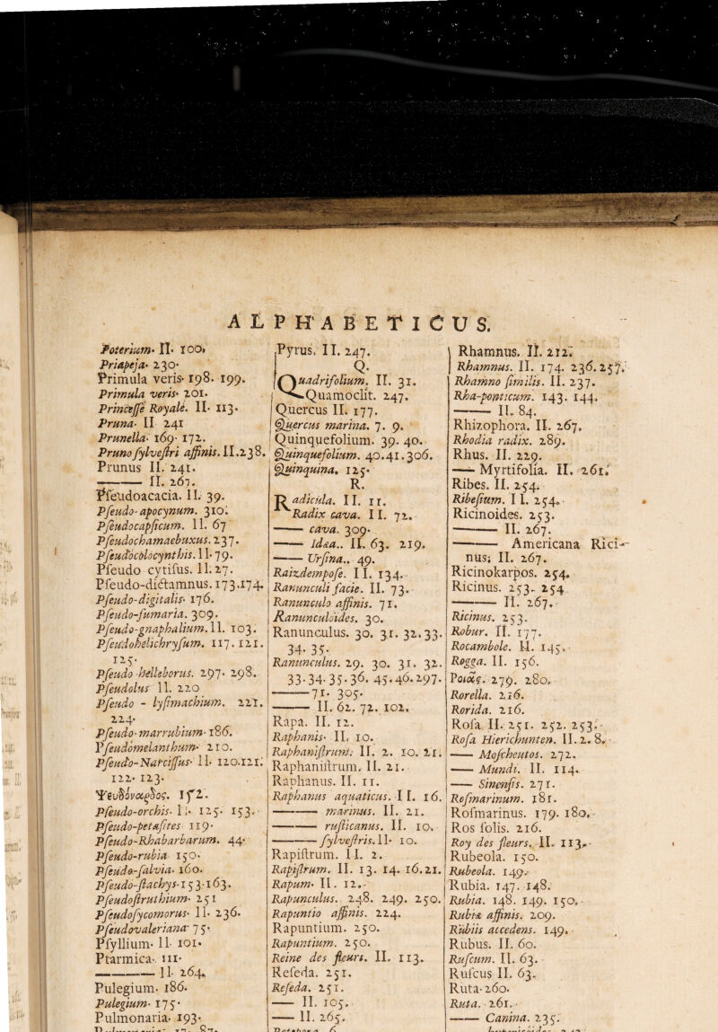 A IL Poterium- II* xoo» Priapeja• 230* Primula veris-198. 199. Primula veris• 201. Princeffe Royale. II* 113* Pruna- II 241 Prunella• 169- 172. Pruno fylveflri ajfinis. 11.2 3 8. Prunus II. 241. —- II. 267. Pfelidoacacia. II. 39. Pfeudo- apocynum. 310. Pfeudocapficum. 11. 67 Pfeudo chamaebuxus. 237. PfeudocUocynthis. 11* 79. Pfeudo cytifus. II.27. Pfeudo-didtamnus. 173.174. Pfeudo-digitalis- 176. Pfeudo-furnaria. 309. Pfeudo-gnaphalium. 11. 103. Pfeudokelichryfum. 117.121. Pfeudo -heilsborus. 297* 290. Pfeudolus 11. 220 Pfeudo - lyfimachium. 221. 224* Pfeudo- marrubium-18 6. Vfeudomelanthum- 210. Pfeudo-Narcijfus- 11* 120.121: 122* I23. Pfeudo-orchis- 1 L- 127. 153°' Pfeudo-pet afites 119* Pfeudo-Rhabarbarum. 44» Pfeudo-rubia 150* Pfeudo-f alvi a- 160. Pfeudo-f achys-15 3-163. Pfeudoflruthium- 251 Pfeudofycomorus• 11* 236. Pfeudov oleri ana• 7 5* Pfyllium* 11- 101. Ptarmica-, m* ^ Pulegium. 186. Pulegium• 175'* Pulmonaria- 193* T1..J.Q-r. PEABETIC Pyrus, II. 247. Q. Quadrifolium. II. 31. -Quamoclit. 247. Quercus II. 177. Quercus marina. 7.9. 1 Quinquefolium. 39. 40. Quinquefolium. 40.41.306. Quinquina. 125* R. II. ir„ Radix cava. II. 71» -- 309* -II, 63. 219. -Urfma., 49. Raizdempofe. II. 134. Ranunculi facie. II. 73. Ranunculo ajfinis. 71. Ranunculoides. 30. Ranunculus. 30. 3.1. 32.33. 34* 33*. Ranunculus. i(). 30. 31. 32. 33-34- 35-36* 45.46.297. —-“-7i- 305' -II. 62. 72. 102, Rapa. II. 12. Raphanis• II, IO. Raphanifrunt; II. 2. 10. 2r. Raphaniitrum. II. 21. Raphanus. II. 11. Raphanus aquaticus. I L 16. -marinus. II. 21. —--— rufticanus. II. 10-. -fylvefris. 11- 10» Rapiftrum. I I. 2. Rapifrum. II. 13. 14. 16.21. Rapum• II. 12.' Rapunculus. 248. 249. 250. Rapuntio affinis. 224. Rapuntium. 250. Rapuntium. 250. Reme des fleurs. II. 113. Refeda. 251. Refeda. 251. - II. 107. -Ii. 265, u s. r - /•  r #>> ■>> Rhamnus. II. 212.' Rhamnus. II. 174. 236. lfjk Rhamno fimi lis. II. 237. Rha-pomicum. 143. 144. -IL 84. Rhizophora. II. 267. Rhodia radix. 289. Rhus. II. 229. —- Myrtifolia. II. 261.’ Ribes. II. 254. Ribefium. 11. 254. Ricinoides. 2cz. -II. 267. -Americana Rici-- nusj II. 267. Ricinokarpos. 254. Ricinus. 253. 254 -II. 267. Ricinus. 253. Robur. II, 177. Rocambole. II. 145:.- Rogga. II. 156. Voiolg. 279. 280» Rorella. 116. Rorida. 216. Rofa II. 251. 272. 2 5 3 L - Rofa Hierichunten. II. 2, 8. -Mofcheutos. 272. ——Mundi. II. 114. -Sinmfis. 271. Rofnarinum. i8r. Rofmarinus. 179. 180, Ros folis. 216. Roy des feurs. II. II3*.- Rubeola. 150. Rubeola. 149.- Rubia. T47. 148. Rubia. 148. 149. 150. • Rubia affinis. 209. Rubiis accedens. 149. Rubus. II. 60. Rufcum. II. 63. • Rufcus II. 63. Ruta- 260. Ruta. 261, ■ -Canina. 235'.