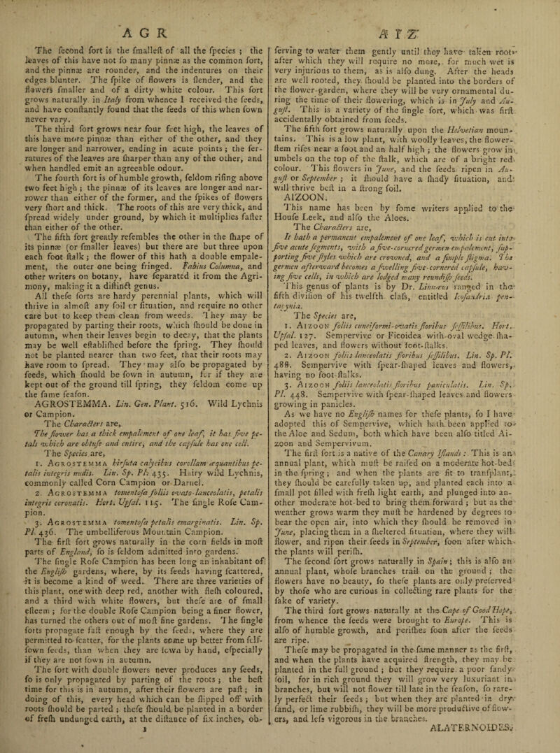 The fecond fort is the fmalleft of all the fpecies ; the leaves of this have not fo many pinna: as the common fort, and the pinna: are rounder, and the indentures on their edges blunter. The fpike of flowers is {lender, and the flawer's fmaller and of a dirty white colour. This fort grows naturally in Italy from whence I received the feeds, and have conftantly found that the feeds of this when fown never vary. The third fort grows near four feet high, the leaves of this have more pinna: than either of the other, and they are longer and narrower, ending in acute points; the fer- natures of the leaves are fnarper than any of the other, and when handled emit an agreeable odour. The fourth fort is of humble growth, feldom rifing above two feet high ; the pinna: of its leaves are longer and nar¬ rower than either of the former, and the fpikes of flowers very fhort and thick. The roots of this are very thick, and fpread widely under ground, by which it multiplies falter than either of the other. The fifth fort greatly refembles the other in the lhape of its pinnae (or fmaller leaves) but there are but three upon each foot ftalk; the flower of this hath a double empale- ment, the outer one being fringed, fabius Columna, and other writers on botany, have feparated it from the Agri¬ mony, making it a diftinft genus. All thefe forts are hardy perennial plants, which will th rive in almoft any foil or fltuation, and require no other care but to keep them clean from weeds. rl hey may be propagated by parting their roots, which fhould be done in autumn, when their leaves begin to decay, that the plants may be well eflablifhed before the fpring. They fhould not be planted nearer than two feet, that their roots may have room to fpread. They may alfo be propagated by feeds, which fnould be fown in autumn, fcr if they are kept out of the ground till fpring, they feldom come up the fame feafon. AGROSTEMMA. Lin. Gen. Plant. 516. Wild Lychnis or Campion. The Characters are,. The Jlovcer has a thick empale merit of one leaf it has. fme pe¬ tals 'which are obtufe and entire, and the capfu/e has one cell. The Species are, 1. Agrostemma hirJut a calycilus corollam aquantibus fe¬ talis ivtegris midis. Lin. Sp. Ph 435. Hairy wild Lychnis, commonly called Corn Campion or Darnel. 2. Agrostemma tomentofafoliis ovalo-lanceolatis, fetalis integris coronatis. Hort. XJpJal. 115. The Angle Role Cam¬ pion. 3. Agrostemma tomentofa fetalis emargivatis. Lin. Sp. PL 436. The umbelliferous Mountain Campion. The firll fort grows naturally in the corn fields in moft parts of England, fo is feldom admitted imo gardens. The Angle Rofe Campion has been long an inhabitant of. the Englijh gardens, where, by its feeds having fcattered, h is become a kind of weed.. There are three varieties of this plant, or.e with deep red, another with flelh coloured, and a third with white flowers, but thefe are of fmall efleem ; for the double Rofe Campion being a finer flower, has turned the others out of mofl fine gardens. The fingle forts propagate fall enough by the feeds, where they are permitted to feat ter, for the plants ccme up better from fclf- fown feeds, than when they are lewa by hand, efpecially ii they are not fown in autumn. The fort with double flowers never produces any feeds, fo is only propagated by parting of the roots ; the bell time for this is in autumn, after their flowers are pall; in doing of this, every head which can be flipped off with roots fhould be parted ; thefe fhould. be planted in a border of frelh undunged earth, at the dillance of fix inches, ob.- 1 ferving to water them gently until they have taken root*- after which they will require no more,, for much wet is very injurious to them, as is alfo dung. After the heads are well rooted, they, fhould be planted, into the borders of the flower-garden, where they will be very ornamental du¬ ring the time of their flowering, which is in July and Au- gujl. This is a variety of the Angle fort, which was firll accidentally obtained from feeds. The fifth fort grows naturally upon the Helvetian moun¬ tains. This is a low plant, with woolly leaves, the flower- llem rifes near a foot and an half high ; the flowers grow im umbels on the top of the ftalk, which are of a bright red. colour. This flowers in June, and the feeds ripen in Au- gujl or September ; it fhould have a fhady fltuation, and; will thrive bell in a ftrong foil. AIZOON. This name has been by fome writers applied to the- Houfe Leek, and alfo the Aloes. The Characters are, It hath a permanent empaliment of one leaf, 'which is cut inter¬ file acute Jegments, nvith a five-cornered ger men empalemcnt, fiuf- forting five fiyles nuhicb are crovmcd, and a fimple fiigma. The germen aftervoardbecomes a fwelling five-cornered caffiule, hav¬ ing five cells, in 'which are lodged many rcundifp feeds. 'This genus of plants is by Dr. Linnaeus ranged in the- fifth divifion of his twelfth clafs, entitled Icofaniria fen- taeynia. The Species are, 1. Aizoon foliis cunefiormi-ov.atis fori bus Jeff!thus. Hort, UpJal.xz’j. Sempervive or Ficoidea with-oval wedge-fha- ped leaves, and flowers without foot-ftaiks. 2. Aizoon foliis lanceolatis fioribus fejflihus. Lin. Sp. PI. 48ft. Sempervive with fpear-fhaped leaves and flowers, having no foot-ftaiks. 3. Aizoon foliis lanceolatis.fioribus faniculatis. Lin. Sp. PI. 448. Sempervive with fpear-lhaped leaves and flowers growing in panicles. As we have no Englijh names for thefe plants, fo I have adopted this of Sempervive, which hath.been applied to; the Aloe and Sedum, both which have been alfo titled Ai¬ zoon and Sempervivum. The firil fort is a native of the Canary JJlands:. This is an annual plant, which mull be railed an a moderate hot-bed in the. fpring; and when the plants are fit to tranfplanr,» they fhould be carefully taken u<p, and planted each into a fmall pot filled with frefli light earth, and plunged into an¬ other moderate hot-bed to bring them forward ; but as the weather grows warm they mull be hardened by degrees to bear the open air, into which they fhould b.e removed in June, placing them in a fheltered .fituatisn, where they will flower, and ripen theirfeeds in September, foon after which , the plants will perifh. The fecond fort grows naturally in Spain; this is alfo an annual plant, whole branches trail on the ground ; the flowers have no beauty, fo thefe plants are only preferved by thofe who are curious in collecting rare plants for the fake of variety. The third fort grows naturalLy at the Cape of Good Hope, from whence the feeds were brought to Europe. This is alfo of humble growth, and perilhes foon after the feeds are ripe. Thefe may be propagated in the fame manner as the firft, and when the plants have acquired ftrengtb, they may be planted in the full ground ; but they require, a poor fandyv foil, for in rich ground they will grow very luxuriant in.; branches, but will not flower till late in the feafon, fo rare¬ ly perfeft their feeds ; but when they are planted-in dryv fand, or lime rubbifh, they will be more productive of flow¬ ers, and. lefs vigorous in the branches. A LATER MOLD ESv