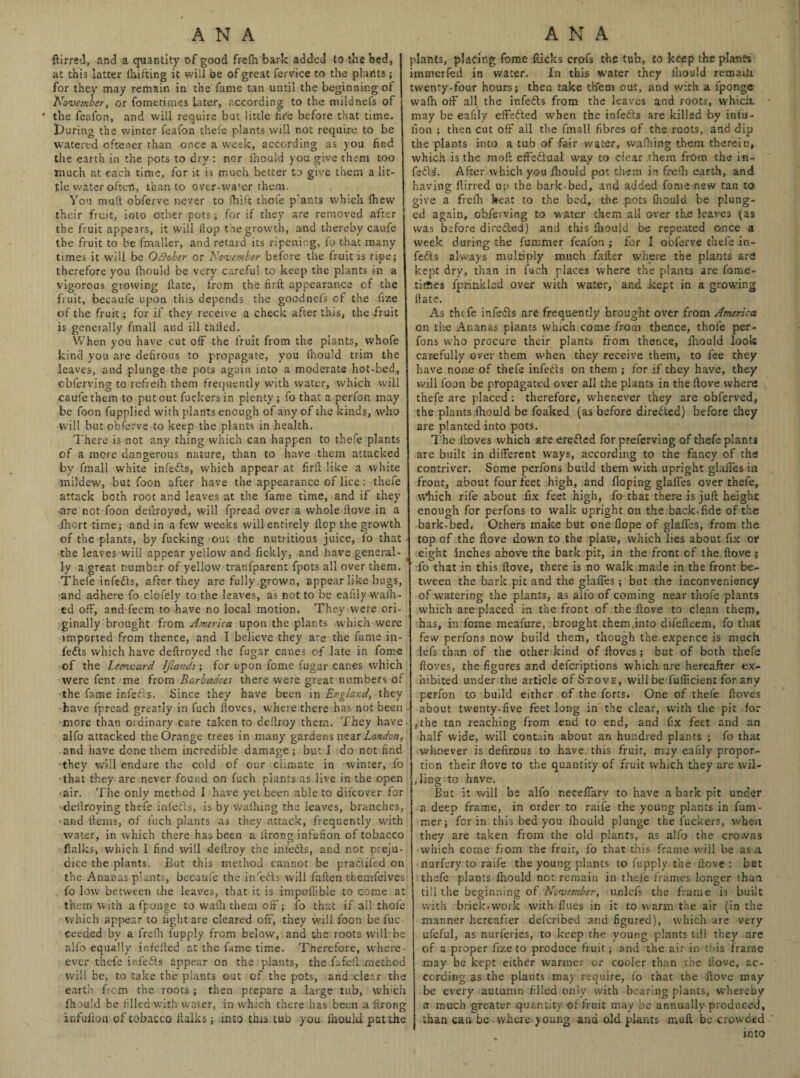 ftirred, and a quantity of good freSh bark added to the bed, at this latter (hiking it will be of great fervice to the plants ; for they may remain in the fame tan until the beginning of November, or fometimes later, according to the mildnefs of ' the feafon, and will require but little fife before that time. During the winter feafon thefe plants will not require to be watered oftener than once a week, according as you find the earth in the pots to dry : nor Should you give them too much at each time, for it is much better to give them a lit¬ tle water often, than to over-wa'er them. You mult obferve never to Shift thoie p ants which Shew their fruit, into other pots; for if they are removed after the fruit appears, it will Slop the growth, and thereby caufe the fruit to be fmaller, and retard its ripening. So that many times it will be Oflober or November before the fruit is ripe; therefore you Should be very careful to keep the plants in a vigorous growing Slate, from the firit appearance of the fruit, beeaufe Upon, this depends the goodnefs of the fize of the fruit; for if they receive a check after this, the fruit is generally fmall and ill tailed. When you have cut off the fruit from the plants, whofe kind you are defirous to propagate, you Should trim the leaves, and plunge the pots again into a moderate hot-bed, ebferving to refrelh them frequently with water, which will caufe them to put out fuckers in plenty ; fo that a perfon may be foon fupplied with plants enough of any of the kinds, who will but obferve to keep the plants in health. There is not any thing which can happen to thefe plants of a more dangerous nature, than to have them attacked by fmall white infedls, which appear at firSl like a white mildew, but foon after have the appearance of lice : thefe attack both root and leaves at the fame time, and if they are not foon deilroyed, will fpread over a whole Stove in a Short time; and in a few weeks will entirely Stop the growth of the plants, by fucking out the nutritious juice, So that the leaves will appear yellow and fickly, and have general¬ ly a great number of yellow tranfparent fpots all over them. TheS’e infedls, after they are fully.grown, appear like bugs, •and adhere fo clofely to the leaves, as not to be eafily wash¬ ed off, and feem to have no local motion. They were ori¬ ginally brought from America upon the plants which were imported from thence, and I believe they are the fame in¬ fers which have deilroyed the fugar canes of late in fome of the Leeward IfLands; for upon fome fugar canes which were fent me from Barbadces there were great numbers of the fame infedls. Since they have been in England, they have fpread greatly in fuch Sloves, where there has not been - more than ordinary care taken to cellroy them. They have- alfo attacked the Orange trees in many gardens near London, and have done them incredible damage; but I do not find they will endure the cold of cur climate in winter, fo that they are never found on fuch plants as live in the open •air. The only method I have yet been able to difeover for destroying thefe infedls, is by washing the leaves, branches, and Hems, of fuch plants as they attack, frequently with water, in which there has been a Strong infufion of tobacco fialks, which I find will deSlroy the infedls, and not preju¬ dice the plants. But this method cannot be pradliled on the Ananas plant;, becauSe the in'edls wili fallen themfelves fo low between the leaves, that it is impofiible to come at them with afponge to waSh them off; fo that if all thoie which appear to light are cleared off, they will foon be Sue ceeded by a frefii fupply from below, and the roots will be alfo equally infeited at the fame time. Therefore, where- ever thefe infedls appear on the plants, the fafeft method will be, to take the plants out of the pots, and clear the earth from the roots ; then prepare a large tub, which Should be filled with water, in which there has been a Slrong infuSion of tobacco llalks; into this tub you Should pat the plants, placing fome fucks crofs the tub, to keep the plants immerfed in water. In this water they Sliould remain twenty-four hours; thea take them out, and with a Sponge waSh off all the infedls from the leaves and roots, whicit may be eafily effedled when the infedls are killed by infu- lion ; then cut off all the fmall fibres of the roots, and dip the plants into a tub of fair water, walking them therein, which is the moll effedlual way to clear them from the in¬ fedls. After which you Should pot them in frelh earth, and having Slirred up the bark-bed, and added fome new tan to give a frefh keat to the bed, the pots Should be plung¬ ed again, ohferving to water them all over the leaves (as was before diredled) and this Sliould be repeated once a week during the furnmer feafon; for I obferve tliele in¬ fedls always multiply much fafter where the plants are kept dry, than in fuch places where the plants are forne- tirtiea fprinkled over with water, ar.d kept in a growing Slate. As thefe infedls are frequently brought over from America on the Ananas plants which come from thence, thole per- fons who procure their plants from thence, Sliould look carefully over them when they receive them, to fee they have none of thefe infedls on them ; for if they have, they will Soon be propagated over all the plants in the Slove where thefe are placed ; therefore, whenever they are obferved, the plants Should be Soaked, (as before diredled) before they are planted into pots. The Sloves which are eredled for preferving of thefe plants are built in different ways, according to the fancy of the contriver. Some perfons build them with upright glaffes in front, about four feet high, and Sloping glaffes over thefe, which rile about fix feet high, fo that there is juft height enough for perfons to walk upright on the back-fi.de of the bark-bed. Others make but one Slope of glaffes, from the top of the Slove down to the plate, which lies about fix or eight inches above the bark pit, in the front of the Slove ; fo that in this Slove, there is no walk made in the front be¬ tween the hark pit and the glaffes; but the inconveniency of watering the plants, as alio of coming near thofe plants which are placed in the front of the Slove to clean them, has, in fome meafure, brought them into difefteem, fo that few perfons now build them, though the exper.ee is much lefs than of the other kind of Sloves; but of both thefe Sloves, the figures and deferiptions which are hereafter ex¬ hibited under the article of Stove, will be Sufficient for any perfon to build either of the forts. One of thefe Sloves about twenty-five feet long in the clear, with the pit for ,the tan reaching from end to end, and fix feet and an half wide, will contain about an hundred plants ; fo that whoever is defirous to have, this fruit, may eafily propor¬ tion their Slove to the quantity of fruit which they are wil¬ ling to have. But it will be alfo neceffarv to have a bark pit under a deep frame, in order to raife the young plants in fum¬ mer; for in this bed you Should plunge the fuckers, when they are taken from the old plants, as alfo the crowns which come from the fruit, fo that this frame will be as a nurfery to raife the young plants to Supply the Stove : bet thefe plants Sliould not remain in theSe frames longer than till the beginning of November, unlefs the frame is built with brick-work with Slues in it to warm the air (in the manner hereafter deferibed and figured), which are very ufeful, as nurferies, to keep the young plants till they are of a proper fize to produce fruit; and the air in this frame may be kept either wanner or cooler than the Slove, ac¬ cording as the plants may require. So that the Slove may be every autumn filled only with bearing plants, whereby a much greater quantity of fruit may be annually produced, than can be where young and old plants muft be crowded into
