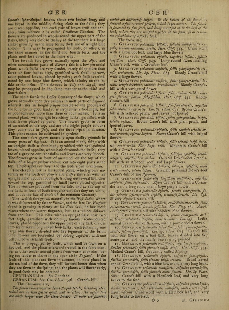 fmooth fpear-lhaped leaves, about two Inches long, and one broad in the middle, fitting dole to the flalk ; they are placed oppofite, and each pair of leaves crofs one ano¬ ther, from whence it is called Croffwort Gentian. The flowers are produced in whorls round the upper part of the flalks, fitting very clofe to them ; at the top there is a large duller growing in the fame form, thefe are of a light blue colour. This may be propagated by feeds, or offsets, in the fame manner as the third and fourth forts, and the plants mull be treated in the fame way. The feventh fort grows naturally upon the dips, and Other mountainous parts of Europe; this is a low perennial plant, whofe flalks are very flender, rarely rifing more than three or four inches high, garnilhed with fmall, narrow, acute-pointed leaves, placed by pairs j each flalk is termi¬ nated by one large blue flower, which is hairy on the in- lide at the brim. This flowers in July and Augujl, and may be propagated in the fame manner as the third and fourth forts. The ninth fort is the Leffer Centaury of the fhops, which grows naturally upon dry paftures in molt parts of England, where it rifes in height proportionable to the goodr.efs of the foil, for in good land it is frequently a foot high, but in poor foils not more than three or four inches. It is an annual plant, with upright branching flalks, garnilhed with fmall leaves placed by pairs. The flowers grow in form of an umbel at the top, and are of a bright purple colour ; they come out in July, and the feeds ripen in autumn. This plant cannot be cultivated in gardens. The tenth fort grows naturally upon chalky grounds in many parts of England. It is an annual plant, rifing with an upright flalk a foot high, garnilhed with oval-pointed leaves, placed oppofite, whole bafe furrounds the flalk ; they are of a gray colour ; the flalks and leaves are very fmooth. The flowers grow in form of an umbel on the top of the flalk, of a bright yellow colour, cut into eight parts at the top. Thefe appear in July, and the feeds ripen in autumn. The eleventh fort is an annual plant, which grows na¬ turally in the fouth of France and Italy; this rifes with an upright flalk about a foot high, fending out feveral branches toward the top, garnilhed by fmall leaves placed oppofite. The flowers are produced from the fide, and at the top of the flalk, in form of loofe irregular umbels; they are white, and about the fize of thofe of the common Centaury. The twelfth fort grows naturally in the Weft-Indies, where it was difcovcred by father Plumier, and the late Dr. Houftoun found it growing in plenty at La Vera Cruz, in low moift places where the water ftagnates, but at a remote diftance from the fea. This rifes with an upright flalk near two feet high, garnilhed with oblong, fmooth, acute-pointed leaves, placed oppofite : the upper part of the flalk divides into fix or feven long naked foo**fla)ks, each fuftaining one large blue flower, divided into five fegments at the brim. The flowers are fuceeeded by oblong capfules, with one cell, filled with fmall feeds. This is propagated by feeds, which mull be fown on a hot-bed, and the plants afterward treated in the fame man¬ ner as other lender annual plants from warm countries, be¬ ing too tender to thrive in the open air in England. If the feeds of this plant are fown in autumn, in pots placed in the tan bed of the flove, they will fucceed better than when they are fown in the fpring, and the plants will flower early, fo good feeds may be obtained. GENTIAN ELL A. See Gentiana. GERANIUM. Lin. Gen. Plant. 346. Crane's bill. The Characters are, ibe flowers have oval or heart-Jhaped petals, fpreading open, which are in fome /pecies equal, and in others, the upper two art much larger than the three lower. It hath ten flamina, which are alternately longer. In the bottom oft the flower is fltuated a five-cornered gerrnen, which is permanent. I he flower is fuceeeded by five feeds, each being wrapped up in the hujk of the beak, where they are twified together at the point, fo as to form- the refemblance of a fork's beak. The Species are, 1. Geranium pcdunculis bifloris, peltatis multipartitis ru- gofs, pinnato-laciniatis, acutis. Hort. Cliff. 344. Crane’s-bill with a Crowfoot leaf, and large blue flowers. 2. Geranium pedunculis bifloris, calycibus inflatis, pifiillo longijflmo. Hort. Cliff. 343. Long-rooted fweet-fmelling Crane’s-bill, with a Crowfoot leaf. 3. Geranium pedunculis unifloris, foliis quinquepartitis tri- fidis orbiculatis. Lin. Sp. Plant. 685. Bloody Crane’s-bill with a large flower. 4. Geranium pedunculis unifloris, foliis quinquepartitis la- ciniis obtufts brevibus, caulibus decumbentibus. Bloody Crane’s- bill with a variegated flower. 5. Geran ium pedunculis bifloris, foliis caulinis trilobis inte- gris ferratis, fummis fubfeffllibus. Hort. Cliff. 343. Knotty Crane’s-bill. 6. Geranium pedunculis bifloris, foliifque alternis, calycibus fubariflatis, caule ereBo. Lin. Sp. Plant. 681. Brown Crane’s- bill with reflexed petals, and leaves not fpotted. 7. Geranium pedunculis bifloris, foliis quinquelobatis incifls, petalis reflexis. Brown Cane’s-bill with plain petals, and fpotted leaves. 8. Geranium pedunculis bifloris, foliis caulinis trilobis ob- tuse-crenatis, inferne hirjutis. Roman Crane’s-bill with llriped flowers. 9. Geranium pedunculis bifloris, foliis peltatis tncifoferra- tis, caule ereBo. Flor. Lapp. 266. Mountain Crane’s-bill with a Crowfoot leaf. 10. Geranium pedunculis bifloris, foliifque oppofttis, petalis integris, calycibus brevioribus. Oriental Dove’s-foot Crane’s- bill with an Afphodel root, and large flowers. 11. Geranium pedunculis bifloris, foliifque oppofttis, caule ereBo ramoflo, petalis bifldis. Greateft perennial Dove’s-foot Crane’s-bill of the Pyrennes. 12. Geranium pedunculis longijjimis multifloris, calycibus ariflatis, foliis bipinnatis. Alpine Crane’s-bill with a Corian¬ der leaf, a long root, and a large purple flower. 13. Geranium pedunculis hijloris, petalis emarginatis, fo¬ liis peltatis feptempartiiis trifdis, totnentcfo-fericeis. Lin. Syfl. Silvery Alpine Crane’s-bill. 14. Geranium pedunculis bifloris, caule dichotomo ereBo, foliis quinquepartitis incifls fummis Jeffilibus. Flor. Virg. 78. Ameri¬ can fpotted Crane’s-bill with obfolete blue flowers. 15. Geranium pedunculis bifloris, petalis emarginatis aril- Us hirtis coteledonibus trifldis, medio truncatis. Lin. Syfl. Lefier annual Crane’s-bill of Bohemia, with a purple violet flower. 16. Geranium pedunculis fubunfloris, foliis quinquepartitis acutis, foliolis pinnatifldis. Lin. Sp. Plant. 683. Crane’s-bill with one flower on a foot-ilalk, leaves divided into five acute parts, and the fmaller leaves wing-pointed. 17. Geranium pedunculis multifloris, calycibus pentaphyllis, foribus pentandris foliis pinnatis ituifls obtufts. Hort. Cliff. 334. Mulked Crane’s-bill, frequently called Mufcovy. 18. Geranium pedunculis bifloris, calycibus pentaphyllis, foribus pentandris, foliis pinnato-incifls crevatis. Broad-leaved annual Crane’s-bill, with a blue flower and a very long beak. 19. Geranium pedunculis multifloris, calycibus pentaphyllis, foribus pentandris, foliis pinnatis acutis flnuatis. Lin. Sp. Plant. 680. Crane’s-bill with a Hemlock leaf, and very long beaks to the feed. 20. Geranium pedunculis multifloris, calycibus pentaphyllis, foribus pentandris, foliis bipinnatis multifldis, caule ereBo vifeofo. Erett vifcous Crane’s-bill with a Hemlock leaf, and very long beaks to the feed.