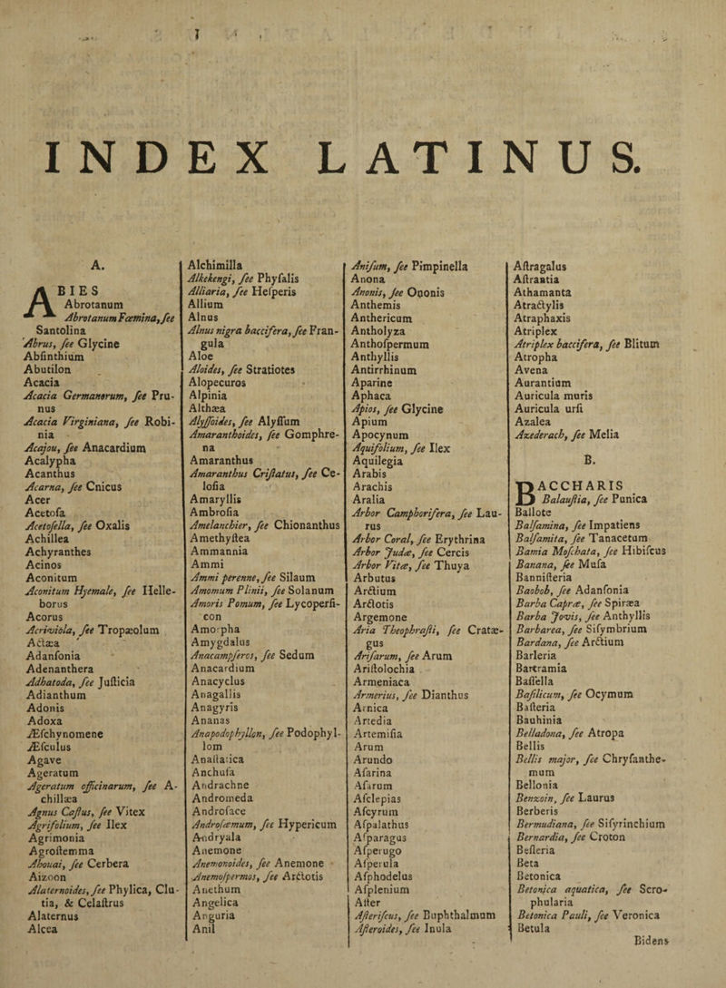 A. Abies Abrotanum Abrotanum Faemina,fee Santolina Abrus, fee Glycine Abfinthium Abutilon Acacia Acacia Ger manor um, fee Pru- nus Acacia Virginiana, fee Robi- nia Acajou, fee Anacardium Acalypha Acanthus Acarna, fee Cnicus Acer Acetofa Acetofella, fee Oxalis Achillea Achyranthes Acinos Aconitum Aconitum Hyemale, fee Ilelle- borus Acorus Acriviola, fee Tropseolum Adtca Adanfonia Adenanthera Adhatoda, fee Jufticia Adianthum Adonis Adoxa AEfchynomene A£fculus Agave Ageratum Ageratum cfficinarum, fee A- chillaea Agnus Cafus, fee Vitex Agrifolium, fee Ilex Agrimonia Agroltemma Abouai, fee Cerbera Aizoon Alaternoides, fee Phylica, Clu- tia, & Celaltrus Alaternus Alcea Alchimilla Alkekengi, fee Phyfalis Alliaria, fee Hefperis Allium Alnus Alnus nigra bacdfera,fee Fran- gula Aloe Aloides, fee Stratiotes Alopecuros Alpinia Althaea Alyffoides, fee Alyffum Amaranthoides, fee Gomphre- na Amaranthus Amaranthus Crifatui, fee Ce- lofia Amaryllis Ambrofia Amelanchier, fee Chionanthus Amethyftea Ammannia Ammi Ammi perenne,fee Silaum Amomum Plinii, fee Solanum Amoris Pomum, fee Lycoperli- con Amorpha Amygdalus Anacampfercs, fee Sedum Anacardium Anacydus Anagallis Anagyris Ananas Anapodophyllon, fee Podophyl- lom Analladca Anchufa Andrachne Andromeda Androface Androfamum, fee Hypericum A-ndryala Anemone Anemonoides, fee Anemone Anemofpermos, fee Ardotis Anethuin Angelica Anguria Anil Anifum, fee Pimpinella Anona Anonisy Jee Oponis Anthemis Anthericum Antholyza Anthofpermum Anthyllis Antirrhinum Aparine Aphaca Apios, fee Glycine Apium Apocynum Aquifolium, fee Ilex Aquilegia Arabis Arachis Aralia Arbor Campborifera, fee Lau- rus Arbor Coral, fee Erythrina Arbor Judc£y fee Cercis Arbor Vita, fee Thuya Arbutus Ardium Ardotis Argemone Aria Theopbrafi, fee Cratae¬ gus Arif arum, fee Arum Arillolochia Armeniaca Armerius, fee Dianthus Arnica Artedia Artemifia Arum Arundo Afarina Alarum Afclepias A fey rum Afpalathus Afparagus Afpei ugo Afperula Afphodelus Afplenium Alter Aferfcusy fee Euphthalmum AferoideSy fee Inula A lira gal us Allrantia Athamanta Atradylis Atraphaxis Atriplex Atriplex baccifera, fee Blitutn Atropha Avena Aurantiom Auricula muris Auricula urli Azalea Azederach, fee Melia B. ACCHARIS Balaufia, fee Punica Ballote Balfamina, fee Impatiens Balfamita, fee Tanacetum Bamia Mofchata, fee Hibifcus Banana, fee Mufa Bannifteria Baoboby fee Adanfonia Barba Capra, fee Spiraea Barba Joasis, fee Anthyllis Barbarea, fee Sifymbrium Bardana, fee Ardium Barleria Bartramia Ballella Bafelicum, fee Ocymum Balleria Bauhinia Belladona, fee Atropa Beilis Beilis major, fee Chryfanthe- mum Bellonia Benzoin, fee Laurus Berberis Bermudiana, fee Sifyrinchium Bernardia, fee Croton Belleria Beta Betonica Betonica aquatic a, fee Scro- phularia Betonica Pauli, fee Veronica Betula Bidens