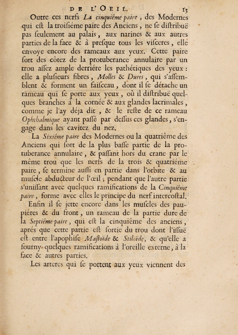 de l’Oeil r5 Outre ces nerfs La cinquième paire , des Modernes qui eft la troifiéme paire des Anciens, ne fe diftribuë pas feulement au palais, aux narines ôc aux autres parties de la face ôc à prefque tous les vifceres, elle envoyé encore des rameaux aux yeux. Cette paire fort des cotez de la protubérance annulaire par un trou allez ample derrière les pathétiques des yeux : elle a plusieurs fibres, Molles ôc Dures, qui s’aflem- blent ôc forment un faifceau, dont il fe détache un rameau qui fe porte aux yeux, où il diftribuë quel¬ ques branches à la cornée ôc aux glandes lacrimales, comme je l’ay déjà dit , & le refte de ce rameau Ophtbalmique ayant pâlie par delfus ces glandes, s’en¬ gage dans les' cavitez du nez. La Sixième paire des Modernes ou la quatrième des Anciens qui fort de la plus balle partie de la pro¬ tubérance annulaire, ôc paflant hors du crâne par le même trou que les nerfs de la trois ôc quatrième paire, fe termine aufii en partie dans l’orbite ôc au niufde abducteur de l’œil ; pendant que l’autre partie s’unifiant avec quelques ramifications de la Cinquième paire, forme avec elles le principe du nerf intercoftal. Enfin il fe jette encore dans les mufcles des pau¬ pières ôc du front, un rameau de la partie dure de la Septième paire, qui eft la cinquième des anciens, après que cette partie eft fortie du trou dont l’ifiuë eft entre l’apophife Mafloïâe ôc Stiloïde, ôc qu’elle a fourny quelques ramifications à l’oreille externe, à la face ôc autres parties. Les artères qui fe portent aux yeux viennent des