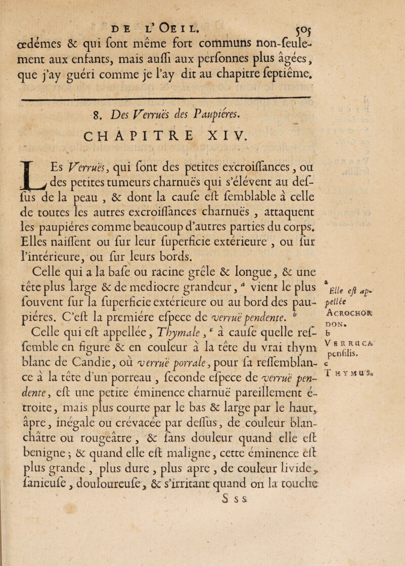 œdèmes & qui font même fort communs non-feule¬ ment aux entants, mais autfi aux perfonnes plus âgées, que j’ay guéri comme je l’ay dit au chapitre feptiême. 8. Des Verrues des Paupières. CHAPITRE XIV. LEs Verrues, qui font des petites excroitfances, ou des petites tumeurs charnues qui s’élèvent au def- fus de la peau , & dont la caufe eft femblable à celle de toutes les autres excroiflances charnues , attaquent les paupières comme beaucoup d’autres parties du corps. Elles naiflent ou fur leur fuperfioie extérieure , ou fur l’intérieure, ou fur leurs bords. Celle qui a la bafe ou racine grêle & longue, & une tête plus large & de médiocre grandeur, * vient le plus fouvent fur la fuperficie extérieure ou au bord des pau¬ pières. C’eft la première efpece de verrue pendente. b Celle qui eft appellée, Thym ale,e à caillé quelle ref- femble en figure & en couleur â la tête du vrai thym blanc de Candie, où nj errué porrale , pour fa refl'emblan- ce à la tête d’un porreau , fécondé efpece de ‘verrue pen- dente, efc une petite éminence charnue pareillement é- troite, mais plus courte par le bas & large par le haut, âpre, inégale ou crévacée par deflus, de couleur blan¬ châtre ou rougeâtre , & fans douleur quand elle eft bénigne -, & quand elle eft maligne, cette éminence eft plus grande , plus dure , plus âpre , de couleur livide,, fanieufe, donloureufe, & s’irritant quand on la touche Elle eft dp* pellêe Acrochor DON* b V £ Il R U CA penfîlis. c T H Y M lis*