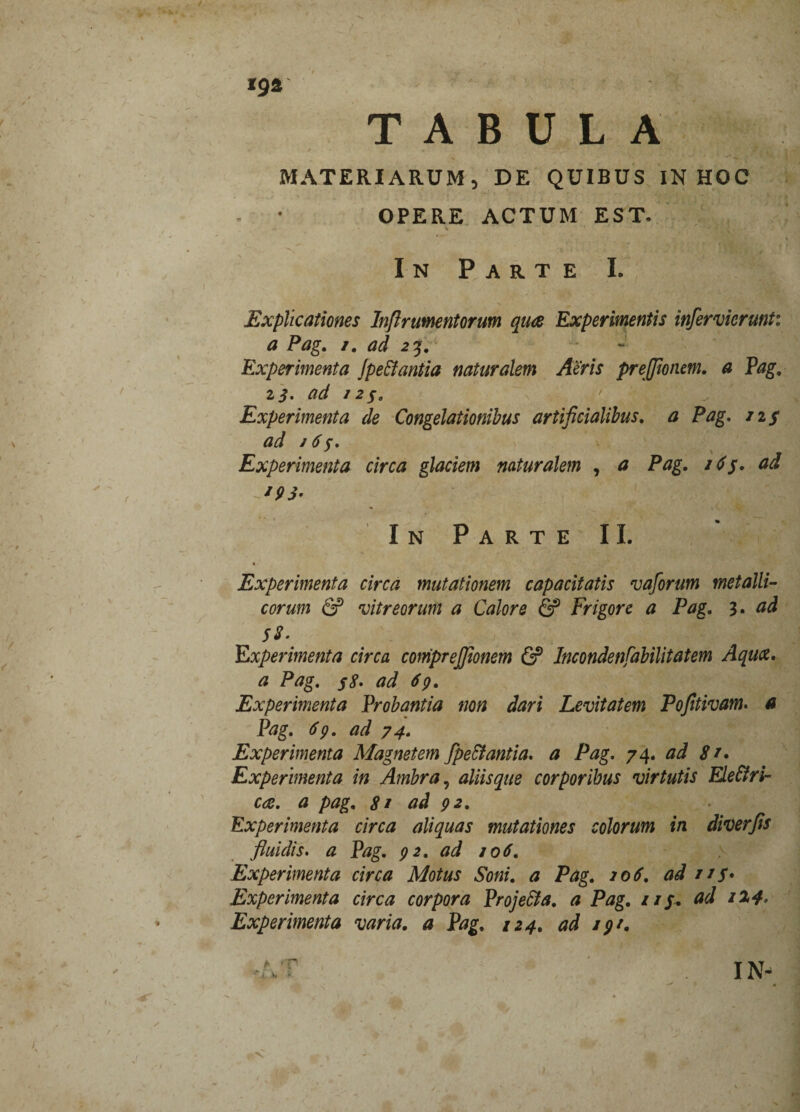 tg& TABULA MATERIARUM, DE QUIBUS IN HOC OPERE ACTUM EST. In Parte I. Explicationes Inftrumentorum qua Experimentis infervicrunt: a Pag. i. ad 23. Experimenta Jpettantia naturalem Aeris preflionem. a Pag. 13. ad /2$, Experimenta de Congelationibus artificialibus, a Pag. iis ad j6$. Experimenta circa glaciem naturalem , a Pag. 16$. ad *93' In Parte II. Experimenta circa mutationem capacitatis vaforum metalli¬ corum & vitreorum a Calore & Frigore a Pag. 3. ad 52. Experimenta circa comprejfionem & Incondenfabilitatem Aqua, a Pag. $8. ad 69. Experimenta Probantia non dari Levitatem Pofitivam. a Pag. 69. ad 74. Experimenta Magnetem fpeffiantia. a Pag. 74. ad 8/. Experimenta in Ambra, aliisque corporibus virtutis Eleffri- cec. a pag. 8t ad 92. Experimenta circa aliquas mutationes colorum in diverfis fluidis, a Pag. 92. ad 106. Experimenta circa Motus Soni, a Pag. 206. ad ///• Experimenta circa corpora Proje&a. a Pag. 11 s. ad