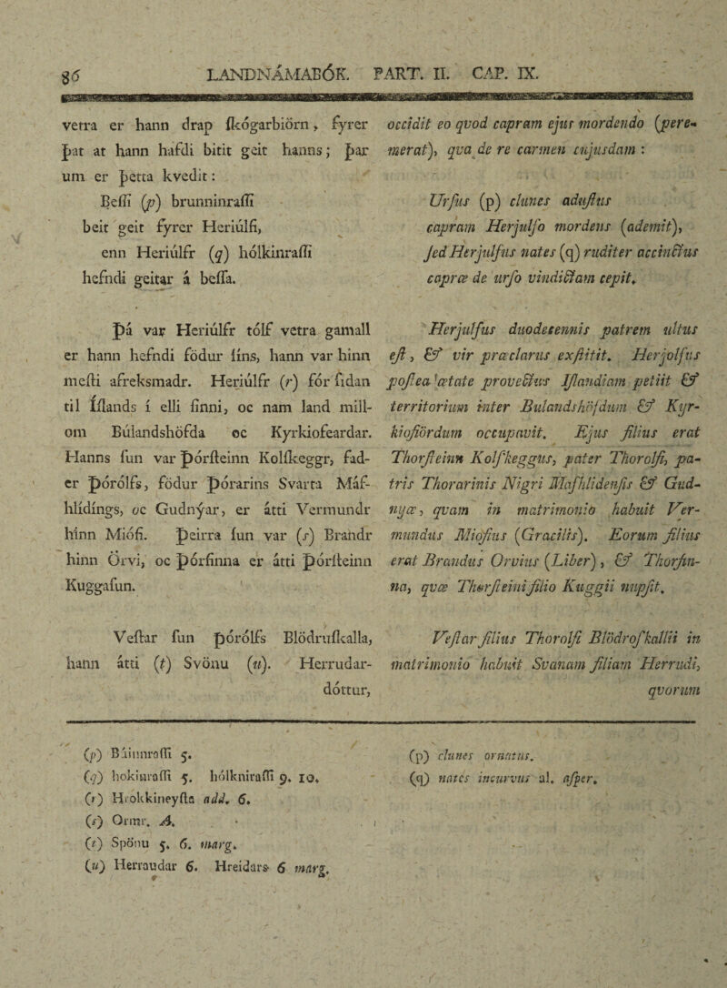 vetra er hann drap íkógarbiörn, fyrer |>at at hann hafdi bitit geit hanns; Jaar um er Jjetta kvedit: Beííi (p) brunninraílt beit geit fyrer Heriúlíi, enn Heriúlfr (q) hólkinraffi hefndi geitar á beffa. * pá vap Hcriúlfr tólf vetra gamall er hann hefndi födur ííns, hann var hinn nieíli afreksmadr. Heriúlfr (r) fór íidan til Iílands í elli fínni, oc nam land miil- om Bulandshöfda oc Kyrkiofeardar. Hanns íun var pór íleliin Kolíkeggr, Iad¬ er pórólfsj födur pórarins Svarta Máf- hlídíngs, oc Gudnýar, er átti Vermundr h'inn Miófi. peirra íun var (/) Brahdr hinn Örvi, oc pórfinna er átti póríteinn Kuggafun. Veílar fun porólfs Blodrufkalla, hann átti (t) Svönu (n). Herrudar- dóttur, occidit eo qvod capram ejus mordendo (pere- merat)> qvade re carmen cujusdam : Urfus (p) chmcs adufius capram Herjulfo mordens (ademit), Jed Herjulfus nates (q) rudit er accin&us caprœ de tirfo vindiföam cepit«. Herjuífus duodeeennis patrem ultus efi j vir prœclarus exftitit* Herjolfus pojlea œtate provectus ljlanáiam petiit & territorium mter Bulandshöfdum £ý Kyr- kiofiördum occupavit. Ejus filius erat Thorfieinn Kolfkeggus, pater Thorolfi\ pa¬ tris Thorarinis Nigri Mafhlidenfis & Gud- ntiœ, qvam in matrimonio habuit Ner- mundus Miofius (Gracilis). Eorum filius erat lirandus Orvius (Liber) , & Tliorfin- na} qvœ Tiwrjieiuifilio Kuggii nupfit, Neflarfilius Thorolfi BWdrofkallii in matrimonio habuit Svemum filiam Herrudi, qvorum / + ( / V (p) BainnraiU 5. (p) clunes ornatus. (?) liokinrafli 5. liolknirafli 9, io* (q) nates incurvus ah afper, (r) Hiokkineyila add, 6» (/) Qimr. A. 00 Sponu 5* 6. marg> 1 t •*. 1