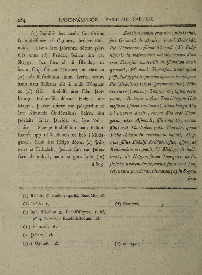 (g) Bödólfr het madr Cun Gríms Grímúlfsfunar aF Ögdum, bróder Böd- mdds. Hann átte pórunni dóttur pór- ólfs enns (d) Fróda, J»eirra fun var Skegge, J>au fóro öll til Íílands, oc bruto fkip íítt vid Tiornes oc váro at (e) Áudóifsítódum hinn fyríla vetur, hann nam Tiornes alit i midli Tunguár oc (/) Ó&- Bödólfr átte fídar pór- beörgo Hólmaíol dóttur Helga j hins Magra, Jíeirrra dótter var pórgerdur er átte Áfmundr Qndóttsíun* peirra fun pórleifr fader purídar- er átte Valla- Liótr, Skegge Bödulfsfun nam Kelldo- hverfe, upp. til Kelldonds oc beó í Mikla- garde, hann átte Helgo dóttur (n) pór- geirs at Fiíkelæk* |>eirra fun var pórcr farmadr mikdl > hann kt gora knur (o) ' / í Sog_ (g) Bjtólfr* 6. Budólfr..--f# M. Raudulfr. A, (J) Pmda. 5. (<Q Budólfsftödum Bó'dólfsfkyteo. 5. M. ^ 4* 6. marg,> Raudulfsílödurn. A* (/) Hafn&rófs. 6. (11) pjrers. A> (0) á Ogdum* A* Bödolfus nomen erat viro, filio Grimi, filii Grhnulfi de Agdis, fratri Bodmodi♦ Ille Thonmnam filiam Thorolfi (d) Pohj* hifloris in matrimonio habuit, eorum filius erat Skeggius} omnes illi in IJlandiam demi¬ grarunt, fcf opnd Tibrnefum naufragium pafftyAudolfsfiadisprimam hyemetn tranfegere. Ille (Bcdulfus) totum (promontorium) 77or- wrr wfcr (amnem) Trngna OJum occu¬ pavit. Bödolfus pofiea Thorbiorgam Hol- mafolem (folem infidarum) filiam Helgii Ma¬ cri uxorem duxit , eorum filia erat Thor- gerda-> uxor Afimundil filii Öndotti, eorum filius erat Thorleifus, pater Thiiridæ, /^a//rt - Liotus in matrimonio habuit. Skeg- giuf filius Bddulfi Kelldnhverfum ufqvs ad Keldmefium occupavit, Miklagardi habi¬ tavit, ille Helgarn filiam Thorgeiris de Fi- fkelœko uxorem duxit, rorww filius erat Tho_ rery muta praeclarus, ille navem (0) in Sognia (d) Concinni„ (0) m yijp/r/. i