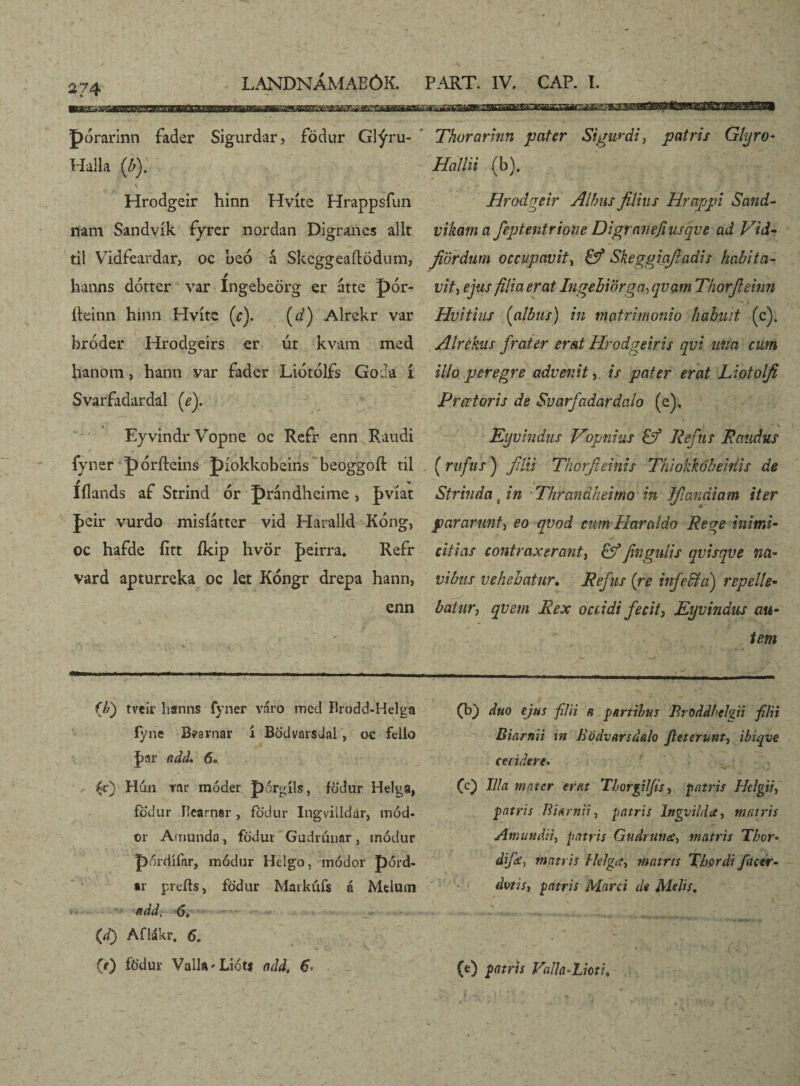 274 pórarinn fader Sigurdar, födur Glýru- Haila (b). \ . - « \ ' . \ - , Hrodgeir hinn Hvíte Hrappsfun nam Sandvík fyrer nordan Digrancs allt til Vidfeardar, oc beó á Skeggeaftödum, hanns dótter var Ingebeörg er átte pór- íteinn hinn Hvíte (r). (d) Alrckr var bróder Hrodgeirs er ut kvam med hanom, hann var fadcr Liótólfs Goia í Svarfádardal (e). EyvindrVopne oc Reír enn Raudi fyner pórfteins píokkobeins beoggoft til Iílands af Strind ór prándheime , |>víat Jjcir vurdo misíátter vid Haralld Kóng, oc hafde íírt íkip hvör peirra. Refr vard apturreka oc let Kongr drepa hann, enn (/») tveir hanns fyner váro med Brodd-Helga fyne B?arnar í Bödvarsdal, oc fello jþru’ ndd, 6. £c) Hun yar móder porgíls, fodur Helga, födur íicarnar , íodur Ingviildar, mód- or Amunda, födur Gudrunar, inódur pórdífnr, módur Helgo, módor pórd- •r prefts, födur Maikúfs á Melum add. 6. (d) Aflákr. 6, (r) födur Valla'Liot* add. 6* Thorarinn pater Sigurdi, patris Glyro- Hallii (b). Hrodgeir Albus filius Hrappi Sand- vikam a feptentrione Digranefi usqve ad Vid- fiördum occupavit, & Skeggiqfiadis habita¬ vit, ejus filia erat Ingebiörga, qvam Thorfieinn Hvitius (albus) in matrimonio hahmt (c). Alrehis frater erat Hrodgeiris qvi una cum illo peregre advenit, is pater erat Liotolfi Prectoris de Svarfadardalo (e). _ V Eyvindus Vopnius Refus Rcmdus (rufus) filii Thorfieinis Thiokkobeitiis de Strinda % in 'Thrandkeimo in Jfiandiam iter pararunt, eo qvod cum Haraldo Rege inimi¬ citias contraxerant, Jingulis qvisqve na¬ vibus vehebatur. Refus (re infedici) repelle• baturj qvem Rex occidi fecit, Eyvindus au¬ tem (b) duo ejus filii n partibus Broddbehji filii Biarnii in Bödvarsdalo Jiet erunt, ibiqve cecidere. (0 blla mater erat Tborgilfis, patris Helgii, patris Biarnii, patris Ingvihia, matris Amundii, patris Gudrunes, matris Tbor• difc, matris Heigit, matris Tbprdi facer- dotis, patris Marci di Melis, (e) patris VaUa-Lioti,