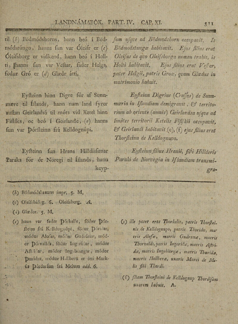 til (JA Bödmódshorns, hann beó í Bod- modstúngo, hanns íun var Óleifr er (r) óleifsbqrg cr vidkendj hann beo í Holí- ti, jjhanns fun var Veítar, fader Helga, fodur Gró cr (J) Glædr átti> ' -S * Eyíleinn hinn Digre fér af Sunn- mære til íilands, hann nam land fyrer auílan Geirlandsá til móts vid Ketel hinn Fíöílcá, oc bea í Geirlande, -{e) hanns fun var pórfteinn frá Kelldognúpi, . * - “ / -V • %tv ’ ' * - “ x Eyíleinn fuh Hrana Hrlídisfunar Earaks fór 6r Noregi til Íílands, hann keyp- (h') Bödmódsluauns im[ir. 5. M. (c) Olelfíbioi g. 6. Oleifsberg, A, (</) GlœJer. 5. M. f fi (/) hann var fader poikelís, födni- p5r- íle’ns frá K: lldugnúpi, fodur póridar, módur Alorar, mðdnr Gudiúiiar, mód- or póivallds, födur Ing rí Ar , módor AftA-’ar, módor Ingcbenrgir, módor purkinr, módur Hdiberu er dtti Mark- ús póidaifun fi*á Melum add> 6. fum ufqve dd Bodmodshorn occupavit. Is Bödmodsiungœ habitavit, Ejus filius erat Oleifus de quo Oleifsborga nomen trahit> is Holti habitavit. Ejus filius erat Vefiar^ pater Helgii, patris Groœ, quam Giccdus in matrimonio habuit. Eyfieinn Digrius (Crafjtis) de Sunn- mœria in IJlcmdiam demigravit, (fi territo¬ rium ab oriente (amnis) Geirlandsa ujqve ad limites territorii Ketelis Fifi/kii occupavit, fi Geirlandi habitavit (e), (£) ejus filius erat Thorfieinn de Kelidognupo. - . • \ . : ■ - V ' \ . ' / Eyfieinn filius Hraniifilii Hillderis Paralii de Norvegia in Iflcmdiam transmi¬ gra- ■ :.. ,. . . . •. ■ i -1 ■) - d ' f «■ . _ ^ • • ~ • 'V .* ^ 1. G) ille pater erat Tborkelis, patris Ihorfteu nis de Kelidognupo, patris Thoridce3 mar tris Álofœ, matris Gudruna, matris Thorvaldifpatns Ingerida, matris Afiri- dee* matri* Ingebiörga, «Mfirfj Thurida, matris Uallbera, «atow ikTjm lis filii Thordi. - \'r (0 fMm Bwrfieini de KelUugnUp Tbordifam vwrm habuit. A» 1