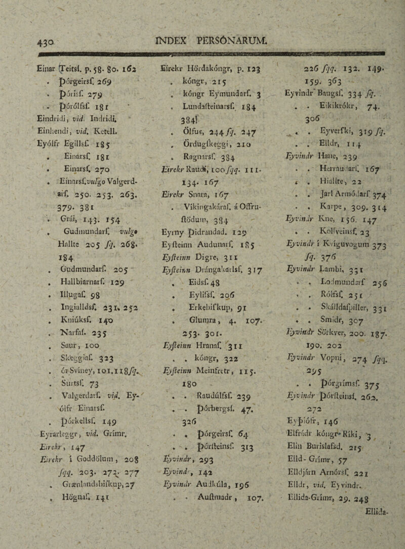 / 430 Einar Teitsí. p. 58* 80. 162 • pórgeirsf. 269 . póiisf. 279 . pórólfsf. igr Eindriciij vid, Indiicli, Einhendi, vid. Kettll. Eyólfr Egillsf. 185 . Einársf. 181 • Einarsí. 270 ♦ EinarsCv«/go Valgerd- aif. 250. 253. 263. 379. 381 • Giái, 143. 154 v - . Gudmundarí! vulg* Hallte 205 fq. 268. 184 . GudmundaiT. 205 , HallbiarnaiT. 129 . Illugaf. 98 . Ingialldsf* 231*252 . Kniuksf. 14*0 . Narfaí. 235 . Saur, 100 . Skfeggiaf. 323 . ót.Svíney, iqi,ii8//„ * . Surtsíl 73 . Vnlgerdaif. vid, Ey- óifr Einaisf. . pórkellsí’ 149 EyrarUggr, vid» Grímr, Eirekr y 147 Eirekr i Goddölum, 208 Jqq. 203. 272.^ 277 * Granlandsbifkup, 27 * Hognaf* 141 INDEX PERSÓNARUM. Eir-ekr HÖidakóngr, p. 123 . kóngr ,215 . kóngr Eymundarf. 3 . Lundaíteinarsf* 184 334! . Ölfus, 244/7. 2 47 • • * . Ordugíkeggi, 210 * Ragnarsf. 334 líirckr Raudí, ioo fqq* III* ^ 134. 167 Eirckr Snnra, r 67 . Vikingakárúf, áOíFru- ílödum, 384 Eyniy pidrandad. 129 Eyfteinn Audunarf. 185 Eyfteinn Digre, 311 Eyfteinn Drángakadsf, 317 , Eidsf. 48 * Eylifsf* 206 * Erkebifkup, 91 * Glunjra» 4. 107. 253. 301. Eyfteinn Hrannf. 311 . . kóngr, 322 Eyfteinn Meinfrctr, 115. 180 * . Raudálfsf. 239 . . pórbergsí. 47. 326 . ♦ pórgeiisf. 64 * * pÓTÍkinsf. 313 Eyvindr, 293 Eyvitid', 142 Eyvindr AuJKúla, 195 . - Auftmadi-, 107. . -J''' i ' / 226 fqq♦ 132. 149. 159. 363 Eyvindr* Baugsft 334 fq. , , . Eikikiókr, 74. 306 . Eyverfki, 319/?. . . Elldr, 114 Eyvindr Hanc, 239 . . HenaudarC 167 t , Hiaílfe, 22 Jarl Armódarf 374 . ♦ Karpe, 309. 314 Eyvindr Kne, 156. 147 * . KoRveinsf. 23 Eyvindr í Rviguvogum 373 /?• 3 7í> Eyvindr Lambi, 331 * * Lodmundjrf 256 « . Rólfsf. 251 . • Skálldaípiller, 331 * . Smidi'j 307 Eyvindr Stfrkver, 200. 187. 190. 202 Eyvindr Vopni, 274 fqoft  »295 . ♦ pórgnmsf. 375 Eyvindr póvfieinsl. 262. 272 Eyjdófr, 146 'Elfradr kóngr*Riki, Elin Burislafsd. 215 Eild- Grímr, 57 Elldjárn ArnórsC 221 Elldr, vid. E^vindi-. Ellida-Giímr., 29. 243 Eilida*