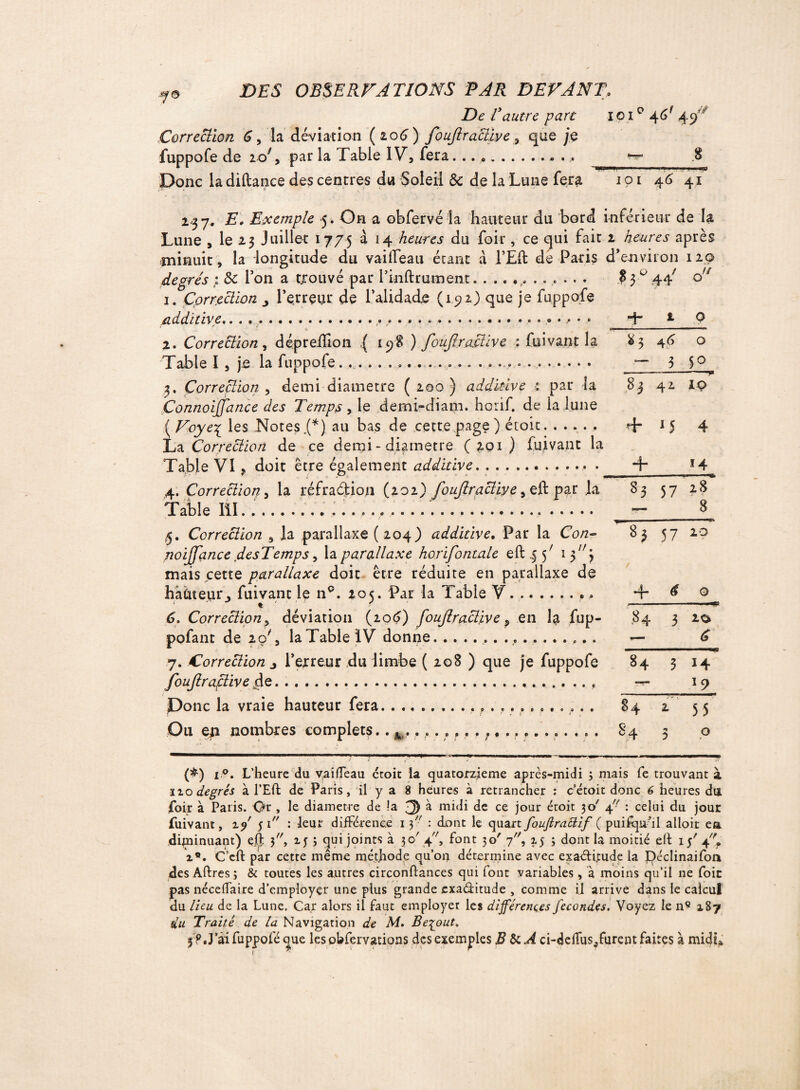 e © • • • fo DES OBSERVATIONS PAR DEVANT. Correction 6, la déviation ( 206 ) foufir active , que je fuppofe de io*, par la Table IV, fera. .. *.* ... Donc la diftance des centres du Soleil de de la Lune fera 23 y. 2L Exemple 5. On a obfervé la hauteur du bord inférieur de la Lune , le 23 Juillet 1775 à 14 heures du foir , ce qui fait 2 heures après minuit, la longitude du vailfeau étant â l’Eft dé Paris d’environ 129 degrés ; de l’on a trouvé par i’inftrument. ...... 1. Correction ^ l’erreur de l’alidade (192) que je additive.. . .... 2. Correction, dépreilion ,( 198 ) foufir active fui vaut la Table I , je la fuppofe !<•>•■«••••••• »»«..••»»»»•• 3. Correction , demi diamètre ( 200 ) additive 5 par la Connoiffance des Tempts, le demi-diam. horif. de la lune (Voye% les Notes.(*) au bas de cette page) étoit. ..... La Correction de ce demi - diamètre (201) fuivant la Table VI, doit être également additive. 4. Correction, la réfraction (202) foufiracïiye 9tPc pzt la Table lil......... . .... ,5. Correction 9 la parallaxe (204) additive. Par la Con- noijfance desTemps, \z parallaxe horifontale efb ^ 5x ly') mais cette parallaxe doit être réduite en parallaxe de hàïateur, fuivant le nQ. 20<. Par la Table V... 6. Correction9 déviation (20^) fouflraclive ? en la fup- pofant de 2 c/, la Table ÏV donne.... 7. Correction j l’erreur du limbe ( 208 ) que je fuppofe foufir aptive ^de.. Ponc la vraie hauteur fera.. Qu e^i nombres complets.. ....... t,.. r....... 10 1 46 41 inférieur de la 2 heures après d’environ 120 q// ■T 2 0 %7> 46 0 — 3 5° -t- *** 00. 10 + ‘S 4 4 f4 83 57 28“ •— 8  83 57 20 + é 0 $4 3 20 — (s 84 ? 14 — *9 S4 2 7 55 o (£) x °. L’heure du vailfeau croit la quatorzième après-midi ; mais fe trouvant à 110 degrés à l’Eft de Paris, il y a 8 heures à retrancher : c’étoit donc 6 heures du foir à Paris. Or , le diamètre de !a ^ h. midi de ce jour étoit 30' 4 : celui du jour fuivant, xff $1 : leur différence 13 : dont le quart fouftrattif ( puisqu’il alloit eu diminuant) eft 3, 2. J 3 qui joints à 30' 4, font 30' 7, 15 3 dont la moitié elt 15' 4f x9. C eft par cette même méthode qu’on détermine avec exactitude la JDéclinaifoa des Aftres; & toutes les autres circonftances qui font variables, à moins qu’il ne foie pas nécelfaire d’employer une plus grande exactitude , comme il arrive dans le calcul du lieu de la Lune. Car alors il faut employer les différentes fécondés. Voyez le nQ 2.87 du Traité de la Navigation de M. Be^out. y? J’ai fuppofé<jue lesobfervations des exemples B &A ci-dellus/urent faites à midi*