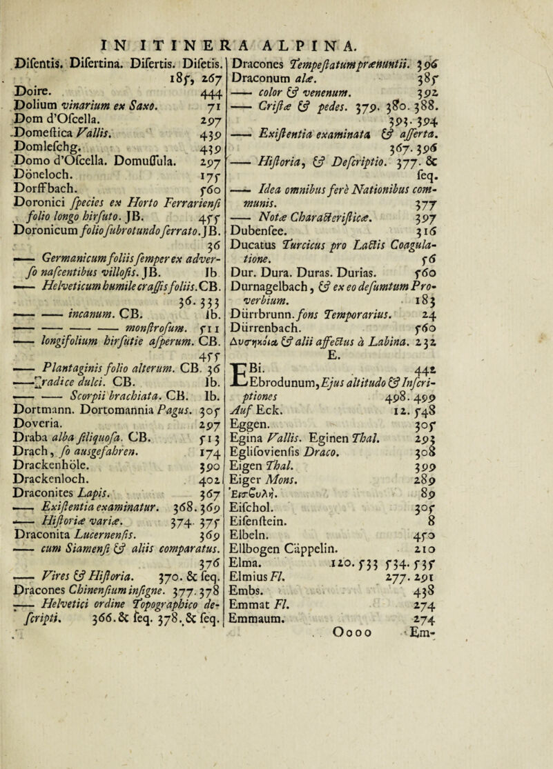 Difentis. Difertina. Difertis. Difetis. i8f, 2.(57 aaa TtT 71 2.97 43P 43P 2-97 17f 760 Doire. Dolium •vinarium ex Saxo. Dom d’Ofcella. -Domeftica Fallis. Domlefchg. Domo d’Ofcella. DomuGiila. Doneloch. Dorffbach. Doronici fpecies ex Horto Ferrarienfi folio longo hirfuto. JB. 477 Doronicum foliofubrotundoferrato.] B. . 36 — Germanicumfoliisfemperex adver- fo nafcentibus villofis. J B. I b —— Helveticum humile craffis foliis. CB. 3«-333 <— -incanum. CB. Ib. - monfrofum. 711 Dracones Tempe fatum praenuntii. 396 Draconum al<e. 387 - color £5? venenum. 392 - Criftte & pedes. 379. 38*0. 388. $P$- 3P4 —— Exijlentia examinata & affert a. 367. 3P<S - Hifloria, & Defcriptio. 377. 8c feq. - Idea omnibus fere Nationibus com¬ munis. 377 - Notae Charatteriflic*. 397 Dubenfee. 316 Ducatus Turcicus pro Lallis Coagula¬ tione. 7 6 Dur. Dura. Duras. Durias. f6o Durnagelbach, £sfex eo defumtum Pro- 14 f6o longifolium hirfutie afperum. CB. [ Av<rt}Mict & alii affettus a Labina. 232, verbium. Diirrbrunn./tf/LT Temporarius. Diirrenbach. —- Plantaginis folio alterum. CB. 36 —fjradice dulci. CB. ib. —- - Scorpii brachiata. CB. Ib. Dortmann. Dortomannia Pagus. 307 Doveria. 297 Draba alba filiquofa. CB. 71 3 Drach, fo ausgefahren. 174 Drackenhole. 390 Drackenloch. 402 Draconites Lapis. 3 67 i- Exijlentia examinatur. 368. 369 -— Hijlorice varia. 374. 377 Draconita Lucernenfrs. 369 - cum Siamenfi & aliis comparatus. 376 - Vires & Hifloria. 370. & feq. Dracones Chinenfium infigne. 377.378 -— Helvetici ordine Topographico de- fcripti. 366.& feq. 378. Sc feq. E. 44* EBi. Ebrodunuin,£/«i altitudo & Inferi- ptiones 498.499 yfa/Eck. 12.748 Eggen. 307 Egina Fallis. Eginen Thal. 293 Eglifovienfis Draco. 308 Eigen Thal. 399 Eiger Mons. 289 E«r£vhK. 89 Eifchol. 307 Eifenftein. 8 Elbeln. 470 Ellbogen Cappelin. 210 Elma. Elmius/7. Embs. Emmat FI. Emmaum. T34’ T3f 277.291 438 274 274