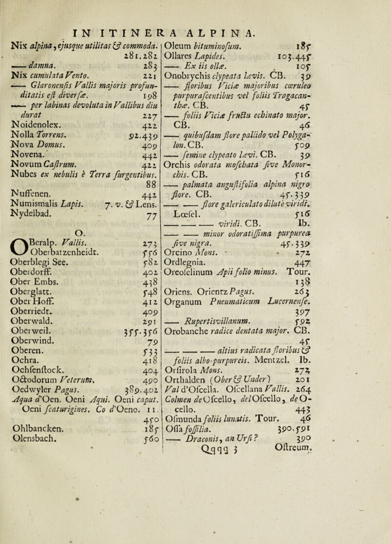 Nix alplna, ejusque utilitas & commoda. 281.282 ——damna. 283 Nix cumulat a Vento. 221 —— Glaronenjis Vallis majoris profun¬ ditatis ejl diverflc. 198 —- per labinas devoluta in Vallibus diu durat 227 Noidenolex. 422 Nolla Torrens. 92.439 Nova Domus. 409 Novena. 442 Novum Caftrum. 422 Nubes nebulis e Terra [urgentibus. 88 Nuffenen. 442 Numismalis Lapis. y.v.^fLens. Nydelbad. o 0 Beralp. Vallis. Oberbatzenheidt. Oberblegi See. Obeidorff. Ober Embs. Oberglatt. Ober HofF. Oberriedt* Oberwald. Oberwcil. Oberwind. Oberen. Ochra. Ochfenftock.. 06todorum Veterufn. Oedwylcr Pagus, dqua d’Oen. Oeni Jqui Oeni fcaturigines. Co Ohlbancken. Olensbach. 77 273 ff6 f8i 402 458 r+s 412 4°9 291 3ff-3f<5 7 9 733 418 404 49° 389.402 , Oeni caput, d' Oeno. 11. 4f° iuf 560 Oleum bituminofum. l8f Ollares Lapides. 103.44$* - Ex iis oll£. . iof Onobrychis clypeata favis. CB. 39 - floribus Vicire majoribus coeruleo purpurafcentibus vel foliis Tragacan¬ tha. CB. 4j* - foliis Vici<e frublu echinato ?najor. CB. 4 6 - quibufdam flore pallido vel Polyga- lon. CB. yo9 -— femine clypeato hevi. CB. 39 Orchis odorata mofchata flve Monor- chis. CB. fi<5 - palmata anniflifolia alpina nigro flore. CB. 4C3.3P -.-flore galeri culato dilute viridi, Loefel. yi<S -„— viridi. CB. Ib. - - minor odoratijflma purpurea flve nigra. 45. 3 39 Orcino Mons. • • 272 Ordlegnia. 447 Oreofelinum dpi i folio minus. Tour. 153 Oriens. Ov\eni7. Pagus. 263 Organum Pneumaticum Lucernenfe. 397 - Rupertisvillanum. f9S Orobanche radice dentata major. CB. 47 .-altius radicata floribus & foliis albo-purpureis. Mentzel. Ib. Orlirola Mons. 272^ Orthalden (Ober& Under) 201 Val d’Ofcella. Ofcellana Vallis. 264 Colmen deGfcello, delOfcello, lo¬ cello. 443 Ofm u nd a foliis lunatis. Tour. 4 6 O(fafo]/ilia. 3PO.f9i —— Draconis} an Urfl? 390 Q_qq<: 3 Oftreum.