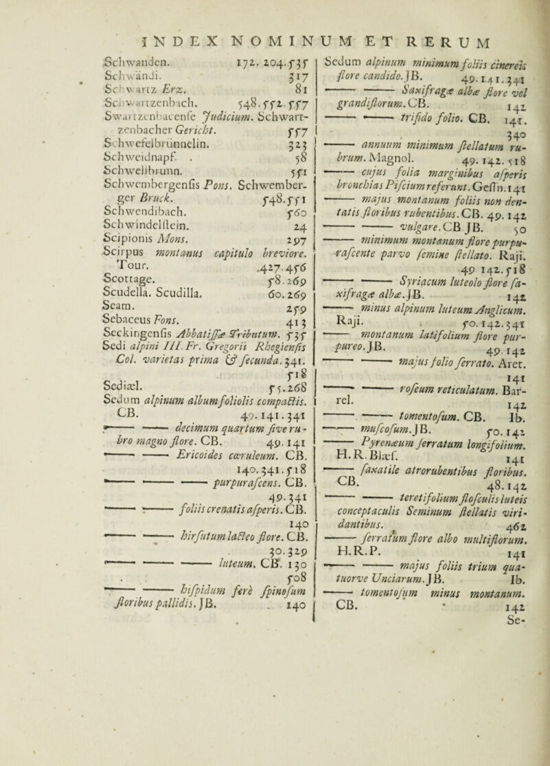 INDEX NOMINUM ET Schwandcn. 172. 204.737 SchwanJi. 317 Sci w*rtz Erz. 81 Sci iv arczenbach. 548. 7fi. 777 Swa> tzcnbacenfe Judicium. Scbwart- zenbacher Gericht. 777 S' hwefelbriinnelin. 325 Schweidnapf. . 58 Schwellbrunn. 571 Schwembergenfis Pons. Schwember. ger Bruck. Schwendibach. Schwindelftein. Scipionis Mons. Scirpus montanus Tour. Scottage. Scudella. Scudilla. Scam. Sebaceus Pons. 748. ffi f 60 24 *97 capitulo breviore. ,427.476 78.269 60. 269 2fP 4n Seckingenfis Abbatijf* Sfribiitum. 737 Sedi alpini III. Fr. Gregor ii Rhegienfts Coi. varietas prima & fecunda. 341. 718 Seduci. 75.268 Sedum alpinum album foliolis compallis. EB. 49.141.341 T- —*— decimum quartum fi ve ru - bro magno flore. CB. 49.141 • -- -- Ericoides caeruleum. CB, 140. 341.718 -- *- -purpurafccns. CB. • - --foliis crenatis afperis. CB. 140 —— - hirfutumlaPeo flore. CB. 30.329 luteum. CB. 130 708 hifpidum feri fpinofum floribus pallidis. JB. ,140 Sedum alpinum minimum foliis cinereis flore candido.,JB. 49.1.41.341 - - Saxifrag* alba flore vel grandiflorum.CB. l^z - *- trifido folio. CB. 141. • . 34° - annuum minimum flellatum ru- brirn. Magnol. 49.142. s 18 * — cujus folia marg;nibus afperis branchias Pifciumreferunt. Gefln. 141 ■- majus montanum foliis non den¬ tatis floribus rubentibus.CE. 49.141 -vulgare.CB JB. 50 - minimum montanum flore purpu- rafcente parvo femine fellato. Raji. 49 142.718 * -* *- Syriacum luteolo flore fa- xifrag* albae.}B. j^z minus alpinum luteum Anglicum. 70.142.341 - montanum latifolium flore pur- P*reo,}B. 49. ,4* --- majus folio ferrato. Aret. 141 * -- rofeum reticulatum. Bar- re** 142 *-- tornentofum. CB. Ib. -mufcofum.jB. 70.141 - Pyr erneum ferratum longi folium. H.R.Blaef. I4I fax at ile atrorubentibus floribus. 48.142 -teret i folium flofculis luteis conceptaculis Seminum fle liat is viri¬ dantibus. t 4tf£ -ferratum flore albo multiflorum. H.R.P. ‘ I4I ■- - majus foliis trium qua- tuorve Unciarum. JB. Ib. -- tornent ofum minus montanum. CB. • 141 Se-