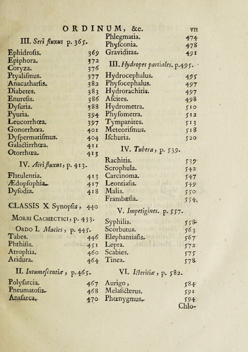 m, Sen flums p. ^6^^ Ephidrofis. 3(9 Epiphora. ?72 Coryza. 37(J Ptyalifmus. 377 'Anacatharfis.. 382 Diabetes. 383 Enurefis. 385 Dyfuria. 588 Pyuria. 35>4 Leucorrhoca; 3P7 Gonorrhoea. 401 Dyfpermatifmus.’ 404 Galadirrhoea. 411 Otorrhaa. 413 IV. Aeri fluxus y p. 41 h Flatulentia. 413 'yEdopfophia^ 417 Dyfodia. 418 Phlegmatia. 474 Phyfconia. 478 Graviditas.^ 451 III. Hydropes partiales, p.4p y. ' Hydrocephalus. 45^5' Phyfocephalus. 4P7 Hydrorachitis. 45? 7 Afcites. 4P8 Hydrometra. yio Phyfometra. yi2 Tympanites. Meteorifmus. yi8 Ifchuria. yao IV. Tubera y p. y3p. Rachitis. Scrophula. y42 Carcinoma. 547 Lcontiafis. y45? Malis. : ISO Frambaefia. 5'y4. CLASSIS X Synoplls, 440 Morbi Cachectici, p. 433. Ordo I. Macies Tabes. Phthifis. Atrophia. Aridura. p. 44;. 44(^ 45-1 460 4^4 V. Impetigines, p. yn» Syphilis. 778- Scorbutus. 7*^3 Elephantiafis. 767 Lepra. 5-72 Scabies. 5'7r nn* 1 mea. 778 Intumescentia y p.4<^5’e Polyfarcia. 4(^7 Pneumatofis.' 458 'Anafircar 470 VI. iBeritia, p, Aurigo, y84‘ Melafi£terus, yp i Phoenygmus.^ yp4. Chio-