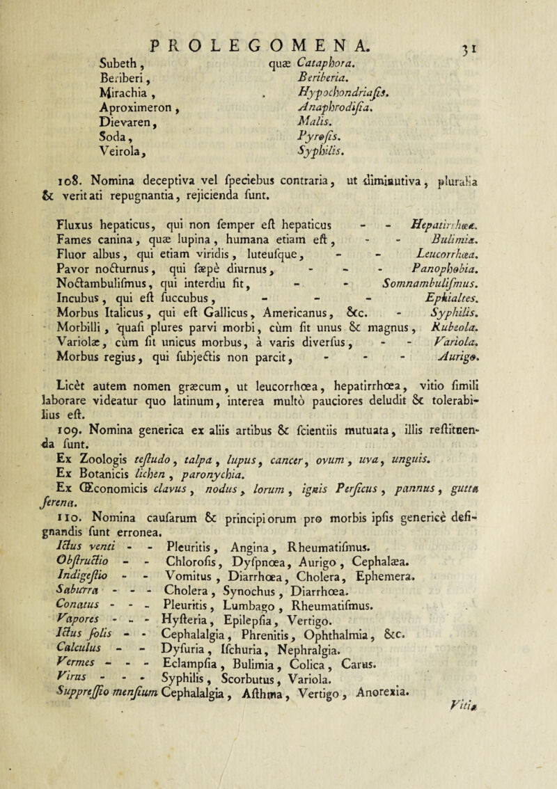 P R O L Subeth, Beriberi, Mirachla , Aproximeron , Dievaren, Soda, Veirola, G O M E N A. quse Cataphora, Beriberia. , Hypochondria fis, Anaphrodifia, Malis. Byr&fis. Syphilis. 108. Nomina deceptiva vel fpecicbus contraria, ut dimiautiva, pluralia & veritati repugnantia, rejicienda funt. Fluxus hepaticus, qui non femper eft hepaticus - - Hepatinlme.. Fames canina , quae lupina , humana etiam eft , - - Bulimia., Fluor albus , qui etiam viridis , luteufque, - - Leucorrhtea, Pavor no6^urnus, qui faepe diurnus, - • - Panophohia. No^lambulifmus, qui interdiu fit, - • - Somnambulifmus. Incubus, qui eft fuccubus, - ” - Epkialtes. Morbus Italicus , qui eft Gallicus, Americanus, Scc. - Syphilis. ' Morbilli, ‘quafi plures parvi morbi, cum fit unus & magnus, Rubeola. Variolae, cum fit unicus morbus, a varis diverfus, - - Hariola, Morbus regius, qui fubjeftis non parcit, ... Auris,», f Llc^t autem nomen graecum, ut leucorrhoea, hepatirrhoea, vitio fimili laborare videatur quo latinum, interea multo pauciores deludit Sc tolerabi¬ lius eft. 109. Nomina generica ex aliis artibus & fclentiis mutuata, illis reftitnen- da funt. Ex Zoologis tefiudo ^ talpa ^ lupus ^ canar ^ ovum, uva^ unguis. Ex Botanicis lichen , paronychia. Ex (Sconomicis clavus, nodus, lorum , ignis Perficus , pannus, gutta Jerena, 110. Nomina caufarum & principiorum pro morbis Ipfis generlce defi- gnandis funt erronea. IBus venti - - Pleuritis, Angina, Rheumatifmus. Obfiruclio - - Chlorofis, Dyfpncea, Aurigo, Cephalaea. Indigefiio - - Vomitus , Diarrhoea, Cholera, Ephemera. Saburra - - - Cholera, Synochus, Diarrhoea. Conatus - - - Pleuritis, Lumbago, Rheumatifmus. Vapores - » - Hyfteria, Epilepfia, Vertigo. Jcius folis - - Cephalalgia, Phrenitis, Ophthalmia, &c. Calculus - - Dyfuria, Ifchuria, Nephralgia. Vermes - - - Eclampfia, Bulimia, Colica, Carus. Virus - - - Syphilis, Scorbutus, Variola. SuppreJfiomenfiumC:^^\i-Mi\2iy Afthma, Vertigo, Anorexia. Vitia