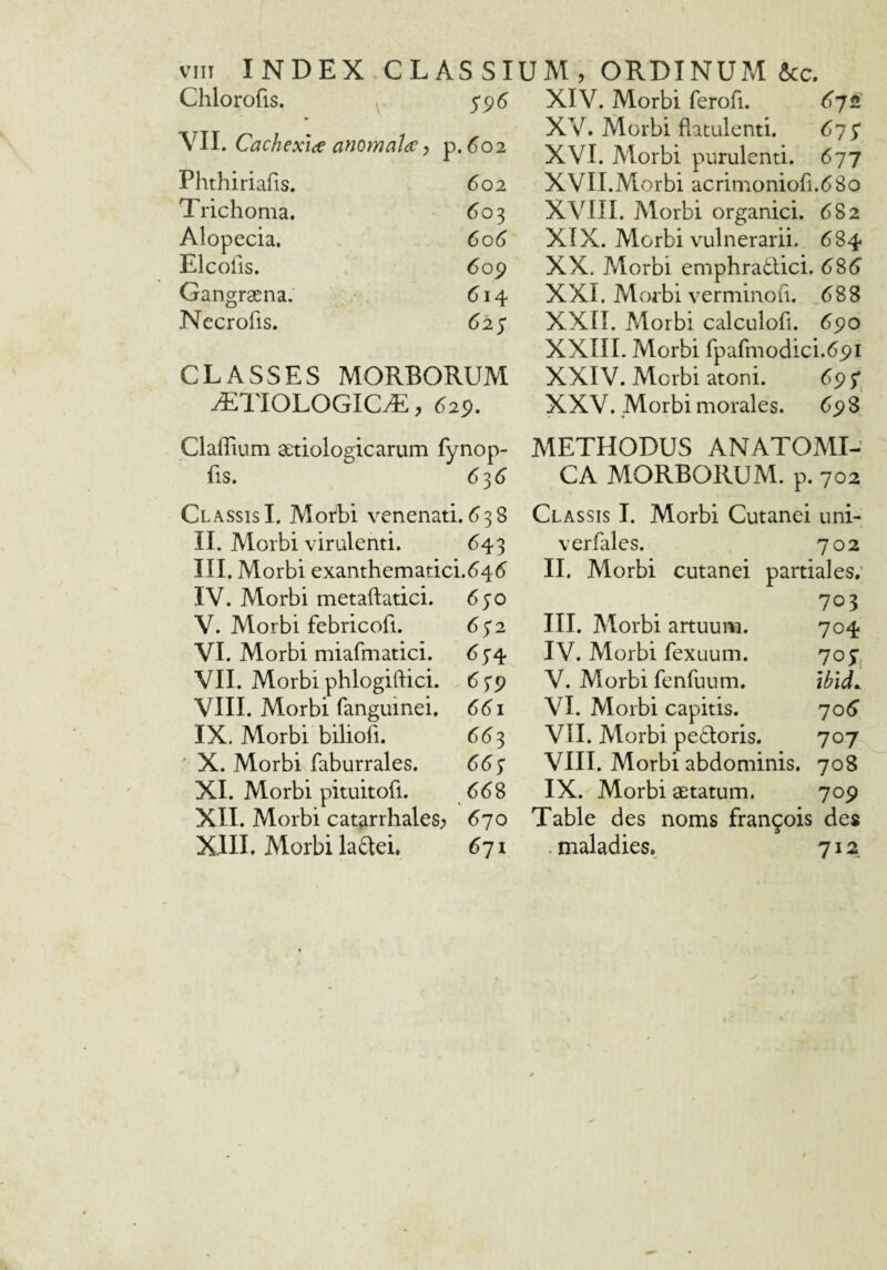 Chlorofis. 5'cj5 \11. Cachexia anomatae y p. 602 Phthiriafis. 602 Trichonia. 603 Alopecia. 606 Elcofis. 609 Gangraena. 614 Necrofis. 62$ CLASSES MORBORUM ^TIOLOGICtE, 629. Claffium a:tiologicarum fynop- fis. 6^6 Classis I. Morbi venenati, 3 8 II. Morbi virulenti. 643 III. Morbi exanthematici.645 IV. Morbi metaflatici. 6;o V. Alorbi febricofi. 6$2 VI. Morbi miafmatici. 6^^ VII. Morbi phlogiftici. 6 79 VIII. Morbi fanguinei. 661 IX. Morbi biliofi. 66^ X. Morbi faburrales. 66^ XI. Morbi pituitofi. 66 S XII. Morbi catarrhales; 670 XJII. Morbi la6lei, 671 XIV. Morbi ferofi. 67^ XV. Morbi flatulenti. 67^ XVI. Morbi purulenti. 677 XVII. Morbi acrinioniofi.680 XVIII. Morbi organici. 682 XIX. Morbi vulnerarii. 684 XX. Morbi eniphratlici. 6S6 XXI. Morbi verniinofi. 688 XXII. Morbi calculofi. 690 XXIII. Morbi fpafmodici.691 XXIV. Morbi atoni. 69 XXV. Morbi morales. 698 METHODUS ANATOMI¬ CA MORBORUM, p. 702 Classis I. Morbi Cutanei unL verfales. 702 II. Morbi cutanei partiales; 703 III. Morbi artuum. 704 IV. Morbi fexuum. 70 V. Morbi fenfuum. ihid, VI. Morbi capitis. 706 VII. Morbi pedoris. 707 VIII. Morbi abdominis. 708 IX. Morbi aetatum. 709 Table des noms fran9ois des . maladies, 712