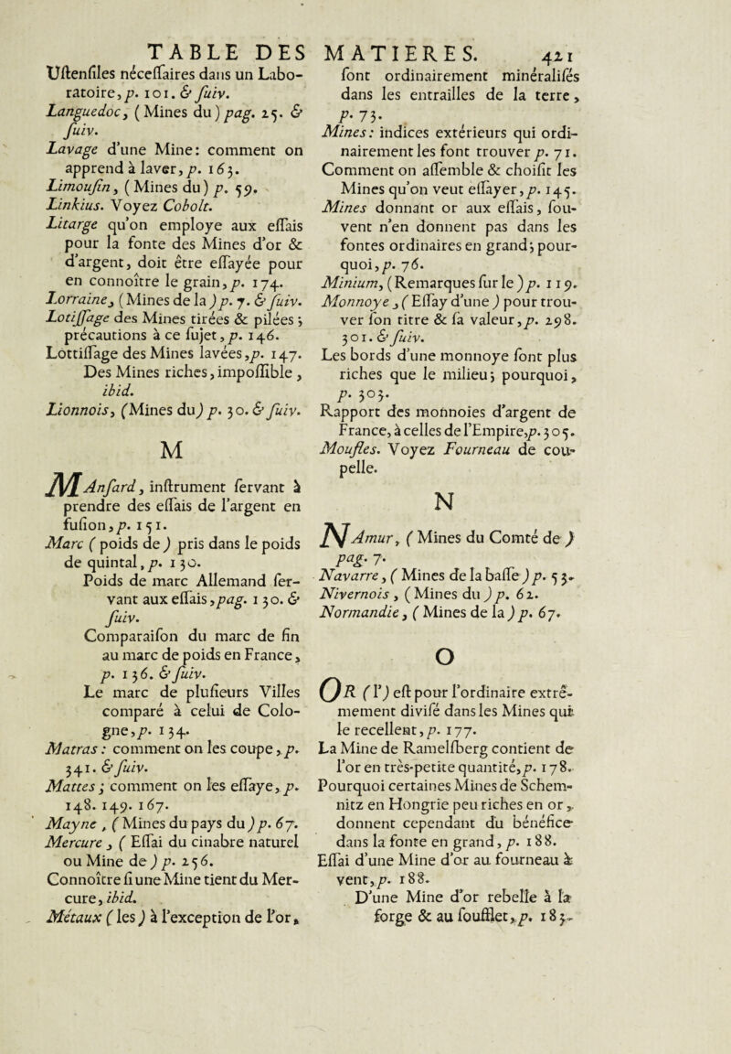 Uftenfiles nécclTaires dans un Labo¬ ratoire,/?. loi. (S* fuiv. Languedoc, (Mines du)pag. & fuiv. Lavage d’une Mine: comment on apprend à laver,/?. 1^3. Limoufin, (Mines du) /?. ^5), Linkius. Voyez Coholt. Litarge qu’on employé aux elTais pour la fonte des Mines d’or & d’argent, doit être elTayée pour en connoître le grain,/?. 174. L.orraine, ( Mines de la )p.j.& fuiv. Lotijfage des Mines tirées & pilées •, précautions à ce fujet,/?. 146. LottilTage des Mines lavées,/?. 147. Des Mines riches, impolîible , ibid. Lionnoïs, ('Mines du^/?. 30.6* fuiv. M ]\/lAnfard, inftrument fèrvant à prendre des elTais de l’argent en fiihon,/?. 151. Marc ( poids de ) pris dans le poids de quintal,/?. 130. Poids de marc Allemand fer- vant aux efifais y pag. 1 30. d* fuiv. Comparaifon du marc de fin au marc de poids en France, p. I ^6. & fuiv. Le marc de plufieurs Villes comparé à celui de Colo¬ gne,/?. 134. Matras : comment on les coupe, /?. 341. & fuiv. Mattes ; comment on les eflaye, /?. 148. 149. 16j. May ne , { Mines du pays du ) p. 6 j. Mercure , ( Efiai du cinabre naturel ou Mine de J /?. z 5 é. Connoître fi une Mine tient du Mer¬ cure , ibid. Métaux ('les^ à l’exception de l’or. font ordinairement minéralifés dans les entrailles de la terre, Mines: indices extérieurs qui ordi¬ nairement les font trouver p.ji. Comment on afiemble & choifit les Mines qu’on veut ellàyer,/?. 145. Mines donnant or aux efifais, fou- vent n’en donnent pas dans les fontes ordinaires en grand*, pour¬ quoi,/?. 76. Minium, ( Remarques fur le )/?. 119. Monnaye , ( Elfay d’une ) pour trou¬ ver fon titre & là valeur,/?. Z98. 3 OI. (S* fuiv. Les bords d’une monnoye font plus riches que le milieu3 pourquoi, p. 303. Rapport des monnoies d’argent de France, à celles de l’Empire,/?. 305. Moufles. Voyez Fourneau de cou¬ pelle. N Amur, ( Mines du Comté de } pag. 7. Navarre, ( Mines de la bafifej /?. 5 5* Nivernais , (Mines du)p. 61. Normandie, ( Mines de la ) p. 6 j. O Or ( V) efl: pour l’ordinaire extrê¬ mement divifé dans les Mines quit le recellent,/?. 177. La Mine de Ramelfberg contient de l’or en très-petite quantité,/?. 178. Pourquoi certaines Mines de Schem- nitz en Hongrie peu riches en or donnent cependant du bénéfice dans la fonte en grand, /?. 188. EfiTai d’une Mine d’or au fourneau h vent,/?. r88. D’une Mine d’or rebelle à l'a forge & au fouSlet,/?. 18 30.