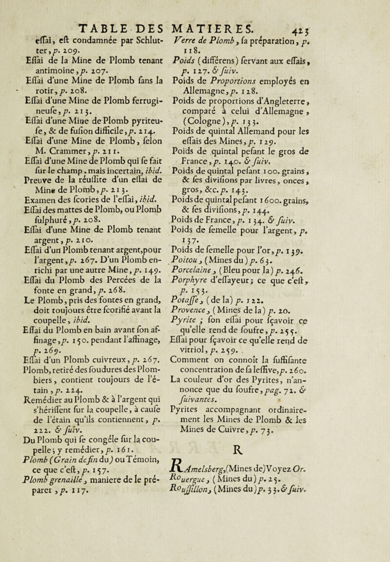 efTai, eft condamnée par Schlut¬ ter,/?. 209. Efïai de la Mine de Plomb tenant antimoine,/?. 207. Efïài d’une Mine de Plomb fans la rôtir,/?. 208. EiTai d’une Mine de Plomb ferrugi- neufe,/?. 21 5. Eflai d’une Mine de Plomb pyriteu- fe, & de fufiondifficile,/?. 214. Effiai d’une Mine de Plomb, félon M. Crammer,/?. 211. Efïài d’une Mine de Plomb qui fe fait fur le champ, mais incertain, ibid. Preuve de la réuifite d’un elTai de Mine de Plomb, /?. 213. Examen des fcories de l’efTai, EfTai des mattes de Plomb, ou Plomb fulphuré,/?. 208. Efïai d’une Mine de Plomb tenant argent, /?. 210. EfTai d’un Plomb tenant argent,pour l’argent,/?. 267. D’un Plomb en¬ richi par une autre Mine,/?. 149. EfTai du Plomb des Percées de la fonte en grand,/?. 268. Le Plomb, pris des fontes en grand, doit toujours être fcorifié avant la coupelle, ibid. EfTai du Plomb en bain avant Ton af¬ finage ,/?. 150. pendant Taffinage, /?. 269. Efïai d’un Plomb cuivreux,/?. 2.6j. Plomb, retiré des foudures des Plom¬ biers , contient toujours de Té- tain , /?. 224. Remédier au Plomb & à l’argent qui s’hérifTent fur la coupelle, à caufe de Tétain qu’ils contiennent, /?. 222. <5* fuiv. Du Plomb qui fe congèle fiir la cou¬ pelle, y remédier,/?. léi. Plomb ( Grain defin du J ou T émoin, ce que c’efî:, /?. 157. Plomb grenaillé^ maniéré de le pré¬ parer , /?. 117. MATIERES. ^ 415 Virre de Plomb , fa préparation, /?, 118. Poids (différens) fervant aux efTais, /?. 127. (S’fuiv. Poids de Proportions employés en Allemagne,/?. 128. Poids de proportions d’Angleterre, comparé à celui d’Allemagne , (Cologne),/?. 155. Poids de quintal Allemand pour les efTais des Mines,/?, i Z9. Poids de quintal pefant le gros de France,/?. 140. & fuiv. Poids de quintal pefant 100. grains , & fês divifîons par livres > onces, gros, &:c./?. 143. Poids de quintal pefant i^oo. grains, & fes divifîons,/?. 144. Poids de France,/?. 134. 6* fuiv. Poids de femelle pour l’argent, /?. 137- Poids de femelle pour Tor,/?. 139, Poitou J ( Mines du ) /?. <5 3. Porcelaine^ (Bleupour la)/?. 1^6, Porphyre d’efTayeur; ce que c’efï, /?./53. PotaJfej (delà) /?. 122. Provence J (Mines delà) /?. 20. Pyrite ; fon elTai pour fçavoir ce qu’elle rend de foufte,/?. 255. EfTai pour fçavoir ce qu’elle rend de vitriol,/?. 259. . Comment on connoît la fuffifânte concentration de fa leffive,/?. 160, La couleur d’or des Pyrites, n’an¬ nonce que du (oukc,pag. 72. & fuivantes. Pyrites accompagnant ordinaire¬ ment les Mines de Plomb & les Mines de Cuivre,/?. 73. R Amelsb er gde)Voyez Or. ^^uergue, ( Mines du)/?, 25. RouJfillonj (Mines du)/?. 3 3.6’fuiv.