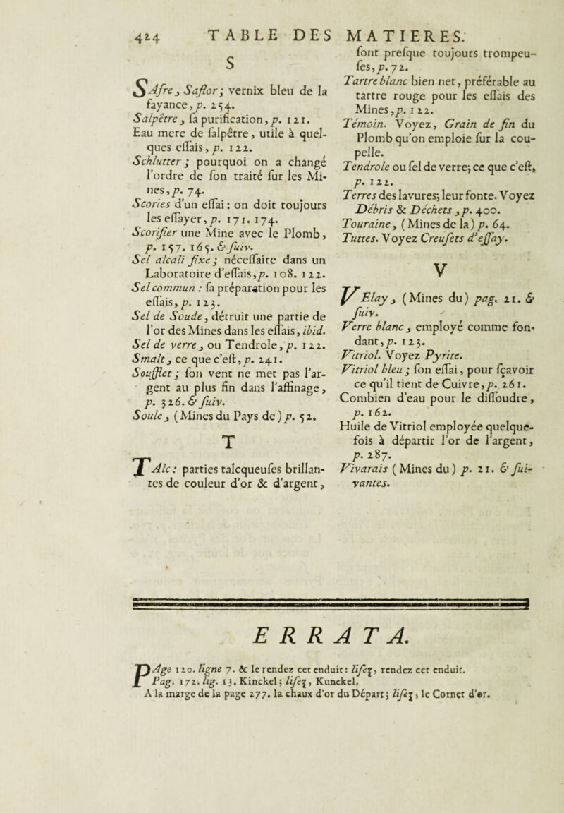 42-4 J Saflor; vernix bleu de la fayance,/’. 154. Salpêtre J fa purification,/?. lii. Eau mere de falpêtre, utile à quel- <^ues elFais, /?. 122. Schlutter ; pourquoi on a changé l’ordre de Ton traité fur les Mi¬ nes,/?. 74. Scories d’un effai: on doit toujours les elTayer,/?. 171. 174. Scorifier \xx\Q Mine avec le Plomb, p. 157. 1Ö5. &fuiv. Sel alcali fixe; nécellaire dans un Laboratoire d’eflâis,/?. 108. 122. Sel commun : fa préparation pour les efifais, p. 123. Sel de Soude, détruit une partie de l’or des Mines dans les elTais, ibid. Seide verre J ou Tendrole,/?. 122. S malt 3 ce que c’eft,/?. 241. Soufliet ; fou vent ne met pas l’ar¬ gent au plus fin dans l’aftinage, p. 3 26. (S* fiuiv. Soûle^ (Minesdu Pays de)/?. 52. Aie: parties talcqueufes brillan¬ tes de couleur d’or & d’argent, font prefque toujours trompeu- fes,/?. 72. Tartre blanc bien net, préférable au tartre rouge pour les elTais des Mines,/?, i 22. Témoin. Voyez, Grain de fin du Plomb qu’on emploie fur la cou¬ pelle. Tendrole ou fel de verre*, ce que c’eft, p. 122. Terres des lavures*, leur fonte. Voyez Débris & Déchets ^p. 400. Touraine y (Mines de la) /?. 64. Tuttes. Voyez Creufets d'ejjdy. V y (Mines du) pag^ 11, & fiuiv. Verre blanc y employé comme fon¬ dant,/?. 125. Vitriol. Voyez Pyrite. Vitriol bleu ; fon eftai, pour Içavoir ce qu’il tient de Cuivre,/?. 261. Combien d’eau pour le diftbudre, p. 16 Z. Huile de Vitriol employée quelque¬ fois à départir l’or de l’argent, /?. 287. Vivarais ( Mines du ) p. 21. & fiai-- vantes. ERRATA. F Age 110. ligne 7. & le rendez cet enduit: Ufie^i rendez cet enduit. Pag. 17i.lig. i3.Kinckel; ///èj, Kunckel. A U marge de la page 277. la chaux d’or du Départ ; lifit-^, le Cornet d'or.