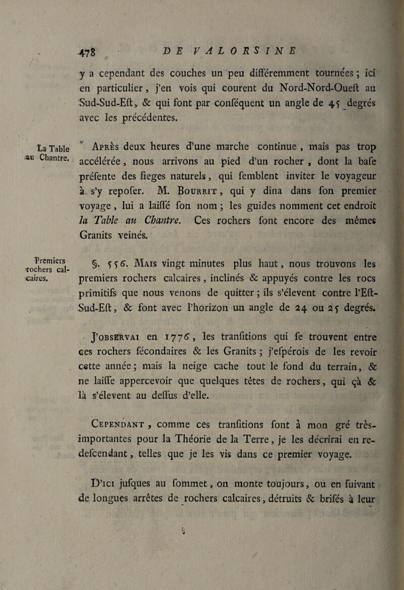La Table «k Chantre. Premiers «rochers cal¬ caires. y a cependant des couches un peu différemment tournées ; ici en particulier, j’en vois qui courent du Nord-Nord-Oueft au Sud-Sud-Eft* & qui font par conféquent un angle de 4f degrés avec les précédentes. Après deux heures d’une marche continue , mais pas trop accélérée, nous arrivons au pied d’un rocher , dont la bafe préfente des fieges naturels, qui femblent inviter le voyageur à s’y repofer. M. Bqurrit , qui y dîna dans fon premier voyage , lui a laiffé fon nom ; les guides nomment cet endroit la Table an Chantre. Ces rochers font encore des mêmes Granits veinés. §. ^6. Mais vingt minutes plus haut, nous trouvons les premiers rochers calcaires, inclinés & appuyés contre les rocs primitifs que nous venons de quitterais s’élèvent contre l’Eft- Sud-Eft, & font avec l’horizon un angle de 24 ou af degrés. J’observai en 1776, les tranfitions qui fe trouvent entre ces rochers fécondaires & les Granits ; j’efpérois de les revoir cette année; mais la neige cache tout le fond du terrain, & ne laiffe appercevoir que quelques têtes de rochers, qui çà & là s’élèvent au deffus d’elle. Cependant , comme ces tranfitions font à mon gré très- importantes pour la Théorie de la Terre, je les décrirai en re- defcendant, telles que je les vis dans ce premier voyage. D’ici jufques au fommet, on monte toujours, ou en fuivant de longues arrêtes de rochers calcaires, détruits & brifés à leur