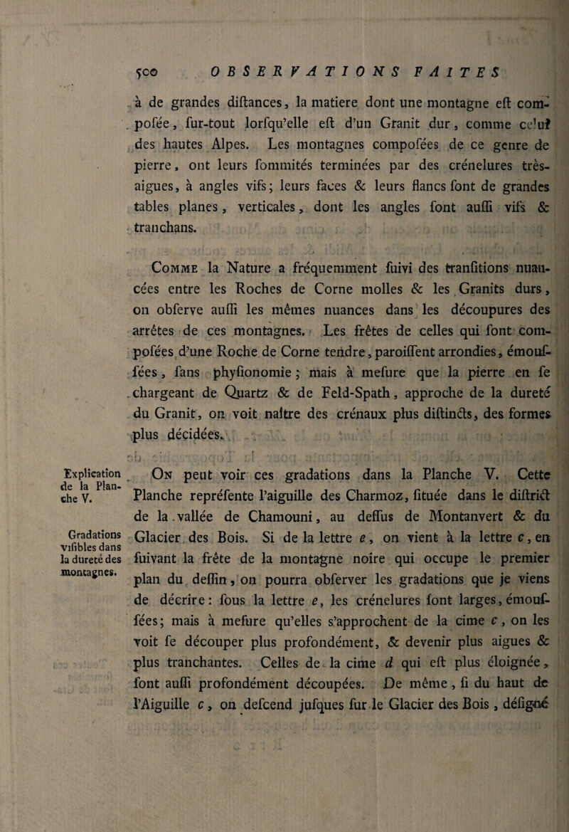 Explication de la Plan- che V. Gradations vifibles dans la dureté des montagnes. ÎC© OBSERVATIONS FAITES à de grandes diftances, la matière dont une montagne eft com- pofée, fur-tout lorfqu’elle eft d’un Granit dur, comme celui des hautes Alpes. Les montagnes compofées de ce genre de pierre, ont leurs fommités terminées par des crénelures très- aigues, à angles vifs; leurs faces & leurs flancs font de grandes tables planes, verticales, dont les angles font aufli vifs & tranchans. Comme la Nature a fréquemment fuivi des tranfitions nuan¬ cées entre les Roches de Corne molles & les Granits durs, on obferve aufli les mêmes nuances dans les découpures des arrêtes de ces montagnes. Les frètes de celles qui font com- pofées d’une Roche de Corne tendre,paroiflent arrondies, émouf- fées, fans phyfionomie ; mais à mefure que la pierre en fe chargeant de Quartz & de Feld-Spath, approche de la dureté du Granit, on voit naître des crénaux plus diftinds, des formes plus décidées. r' | » r i , < *( r \ « » J • '‘ ' On peut voir ces gradations dans la Planche V. Cette Planche repréfente l’aiguille des Charmoz, fituée dans le diftriét de la. vallée de Chamouni, au deffus de Montanvert & du Glacier des Bois. Si de la lettre e, on vient à la lettre c, en fuivant la frète de la montagne noire qui occupe le premier plan du defîin, on pourra obferver les gradations que je viens de décrire: fous la lettre e> les crénelures font larges, émouf- fées; mais à mefure qu’elles s’approchent de la cime c, on les voit fe découper plus profondément, & devenir plus aigues & plus tranchantes. Celles de la cime d qui eft plus éloignée» font aufli profondément découpées. De même , fi du haut de l’Aiguille c > on defeend jufques fur le Glacier des Bois, défigné