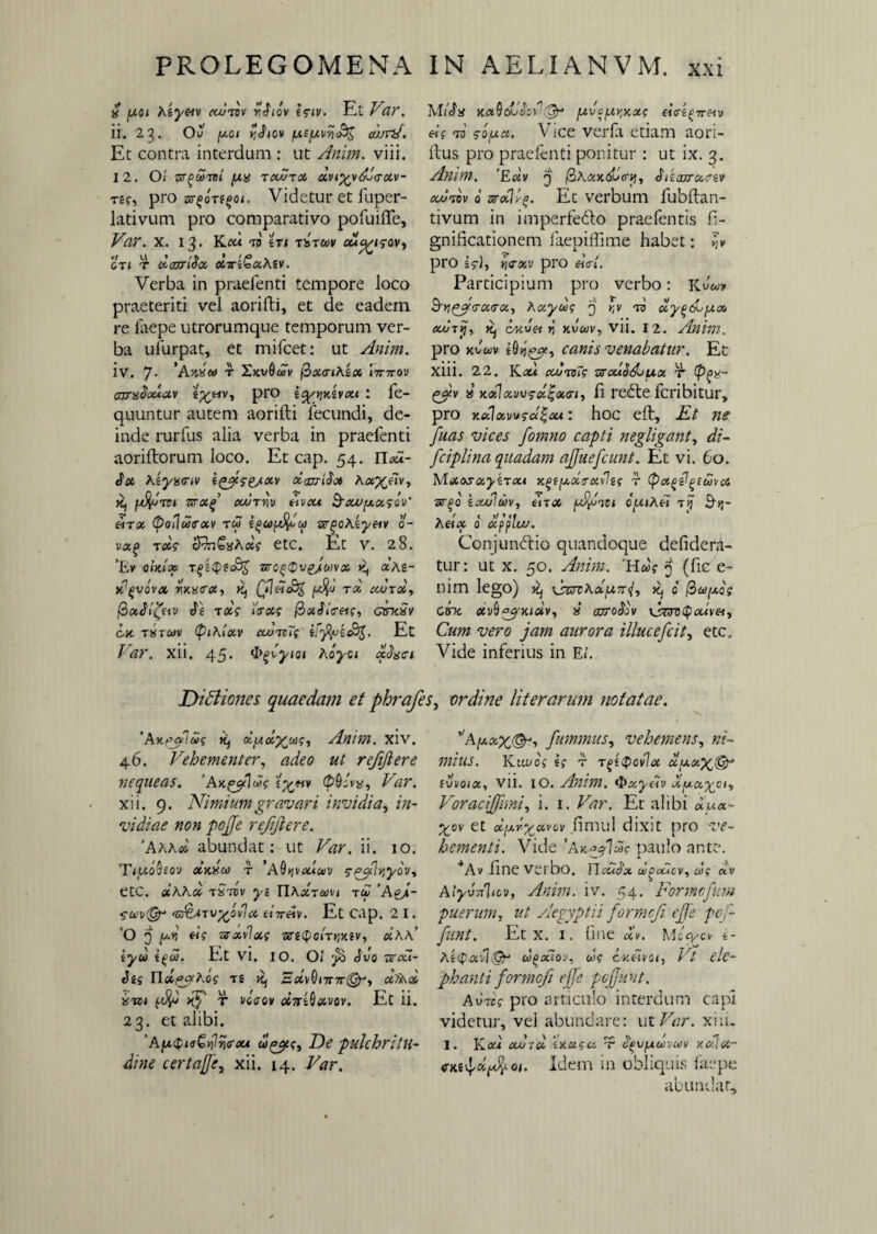 » fxoi Aiyetv cwtqv yJiov iq-iv. Et Var. 11. 23. Ov iuci yJiov /ue/UV7}<3£ casti/. Et contra interdum : ut Anim. viii. 12. O! 33TgCOTTll fXH TXOTX XV<V(TXV- t2?, pro zsr^oTi^oi. Videtur et fuper- lativum pro comparativo pofuiffe, Val. X. 13. KCU TO ZTt TXTWV CU^/lfOV) ot 1 t xojtISx Xttz&uAiv. Verba in praefenti tempore loco praeteriti vel aorilti, et de eadem re faepe utrorumque temporum ver¬ ba ufurpat, et mifcet: ut Anim. iv. 7. ’AxX» T 2xv0U3V fiaiTlAZX \7r7rov cara^ouuv pro zqyyKZvxi : fe- quuntur autem aorilti fecundi, de¬ inde rurfus alia verba in praefenti aoriftorum loco. Et cap. 54. TIx*- Sx Azyxav t£jj$e/xv oi<mi$x Aap^eTv, K, /ufyjjvt TiTxJ XJUTVV tlVCU & XJU [A.X5 QV' etra, (poilwtrxv rd I^ujA^oo zc^oAzyetv 0- vxg t xq cflnGxAxq etC. Et V. 28. ’Ev oUitx rjc$e<£% zrogtpvg/wvx x, aAg- xi^VOVX riKXfX, K) Cfltit&l (X%'J TX XVTXy fiaJifav Ve txq Uxq (hx<V<reiq, geh.5v oh tAcav (piKixv cojtvTs iffyuioift. Et lar. xii. 4.5. &glyioi Aoyci ccSaai MiSa HU§&jbN(§r /uvc/u^Kxq eiffi^rretv ei$ rd sofxa. Vice verfi etiam aori- Itus pro praefenti ponitur : ut ix. 3. Anim. 'Exv 3 /3a<xx(5oV»j, Viajrxcev xotvv 0 ara1J. Et verbum fubftan- tivum in imperfeCto praefentis fi- gnificationem faepiffime habet: >Tv pro 55-), yjtrxv pro eicrt. Participium pro verbo: Kuw* B-yj^trxtrx, Axydq 3 r,v td uy^A/xx xoTy, Kj cAtvei ri xvwv, Vll. 12. Anim. pro jcfwv e0»i^!, canis venabatur. Et Xlll. 22. Kaw xd<rcTq 'fixxb&Jixx T (p(>i$- x K<zlxvvrx%x<ri, fi redte fcribitur, pro Keclxwqci^M: hoc elt, Et ne fuas vices fomno capti negligant, di- fciplina quadam ajjuefcunt. Et vi. 60. MxosxyzTxt xgf/xxtrxvleq r CPagelgeuvct tstqo ixdlwv, e'nx bpuAfZ ivi 3-jj- Aeix o xfplw. Conjunctio quandoque defidera- tur: ut x. 50. Anim. 'Hw? 3 (fic e- nim lego) kj \smAx(X7r<h ^ 0 fiufxds Ctnc civQeyxtxv, x azroSov \jzrcQouvet, Cum vero jam aurora illucefcit, etc. Vide inferius in E». Didliones quaedam et phrafes, ordine literarum notatae. ‘Ak?jPdq K) dfxolxwq, Anim. xiv. 46. Vehementer, adeo ut rejijlere nequeas. ’Angjldq i%»v (pdlvy, Var. xii. 9. Nimium gravari invidia, in¬ vidiae non pojje rejijlere. ’Ahhx abundat: ut Var. ii. 10. TiuoQsov (Xxxoj t ’A0ipouuv rzJJtjydv, etC. xKKoi iStvv yz TIAxtmvi -tx ’ApJ- suvt^r AtMvgJdx etTreiv. Et cap. 2 I. 'O 3 jU>J «V uxdxq 53T£<f>OlTt5X?V, «AA’ iyu i(>u. Et vi. io. Ol ’J) b\JQ Jzs TlxpyAds t£ E#v0<7r7r(g^, uTAx xtci >^i' t vcVov oi7r46(jivov. Et ii. 23. et alibi. ’Afx^isQJria-xi upyq. De pulchritu¬ dine certajje, xii. 14. Var. *lAfj.xx&-> fummis, vehemens, ni¬ mius. Klioo'? 6f T T J Q ovi X duxX& ivvoia, Vli. IO. Anim. ffrzyeh Ji,y.x^ci, Voraciffimi, i. 1. Ei?r. Eu alibi #u«- ^ov et x(xrx»vov fimul dixit pro ve¬ hementi. Vide 'Anojlca? paulo ante. +Av line verbo. Yloubx w 2ocicv, d; av AlyvTrUcv, Anim. iv. 54. Formofum puerum, ut Aegyptii formcfi ejje pcj- aiq>a'j\<§r conixioj, dq cxelvoi, Vt ele¬ phanti formcfi ejje pojjunt. Autsj pro articulo interdum capi videtur, vel abundare: ut Var. xiu. I. cujtql ix.u$a rr c^v/jloovojv xalcc- cks^x^oi. Idem in obliquis faepe abundat.
