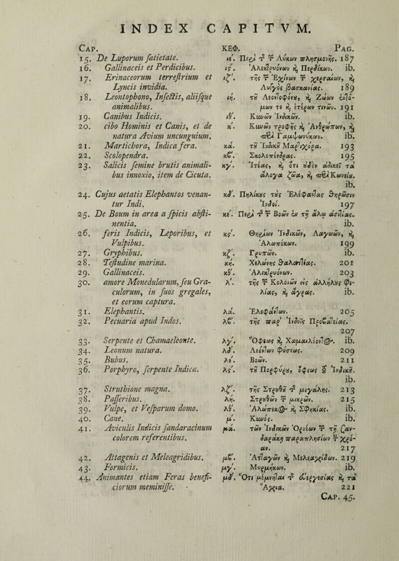 Cap. 15. De Luporum fatietate. 16. Gallinaceis et Perdicibus. 17. Erinaceorum terrejlrium et Lyncis invidia. 18. Leontophono, Infedlis, aliifque animalibus. 19. Canibus Indicis. 20. cibo Hominis et Canis, et de fiatura Avium uncunguium. 21. Martichora, Indica fera. 22. Scolopendra. 23. Salicis femine brutis animali¬ bus innoxio, item de Cicuta. 24. Cujus aetatis Elephantos venan¬ tur Indi. 25. De Boum in area a Jpicis abjli- nentia. 26. feris Indicis, Leporibus, Vulpibus. 27. Gryphibus. 28. Teftudine marina. 29. Gallinaceis. 30. amore Monedularum, feu Gra¬ culorum, /» fuos gregales, et eorum captura. 31- Elephantis. 32‘ Pecuaria apud Indos. 33* Serpente et Chamaeleonte. 34- Leonum natura. 35- Bubus. 36- Porphyro, ferpente Indica. 37- Struthione magna. 38. Pajferibus. 39- Vulpe, Vefparum domo. 40. Cane. 41. Aviculis Indicis fandaracinum colorem referentibus. 42. Attagenis et Meleagridibus. 43- Formicis. 44* Animantes etiam Feras benefi¬ ciorum meminijfe. Km Pag. A. Thes d t Avxuv arA>j<rjUOv>jf. 187 1/. 'AAexJ^vovwv x^ Tle^lnuv. ib. • tJjj r 'E%lvwv d fttgfouuv, Xj Avfyot (boHTKotviotf. 189 uj. tS Aiovlotpbvn, Jtj Z«wv t*lo- jUWV TE Xj STigCOV TIVUV. I9I /(T. Ktu/wv 'lyJjxoiv. ib. x. Kuuwv X^ xj ib. y.d. t? ‘IvSmS Motjh%ogoi. 193 xS*. SxoA07r£V^«f. 195 x}/. 'Ite#?, 11) ori otJixcr r* olAoyot £uotj Xj <zzr€x' Kwve/#. ib. x<T. II>jA/x«? ts? ’EAe<p#v7#? Sygatnv ’l vJoi. 197 / X£ . rifg/ t? r Bo&iV e*/ t? #Ao) eifUlxs*- ib. K?. ®Y]gjwv 'Iv^<xwv, A#yw«v, ^ ’AAw7r£Xwy. 199 <• ib. KtJ. Xi\uvtjs Scthcrilioig. 201 ab'. 'Ahtitlgvbvav. 203 V. tks r KoAojwv «V #AA>jAy? A/#?, x, olyqxs. ib. a#. 'EA tQclvIuv. 205 A^ Tvjs Tsag hbotg II£o£#7e/#?. 207 Ay. OQt&og Xj Xoc[xouAzovl@J. ib. a/. Azovlwv (piitrzus. 209 ae'. Bouv. 211 Af. oQru? ? ib. t?? ZrgxbS d jWfyaA»}?. 213 Ax« ZT£sGtoV V jO.IX£wv. 215 aG'. ’AKU7TiK(&‘ X, H(py]KLOtS. ib. t F’ Kuvog. ib. TUV IvAtxm ‘OgVZMV T rvj Qxv- bxgomvi 3r#£#7rA>j<r/«v r ccv. 217 pg. ‘Adlxym Xj MeAm^/JW. 219, t*y- Mv^vjxwv. ib. i*#'. Or< pzfAvdlou d dlt^ytclas X* T* A^uii. 22 I