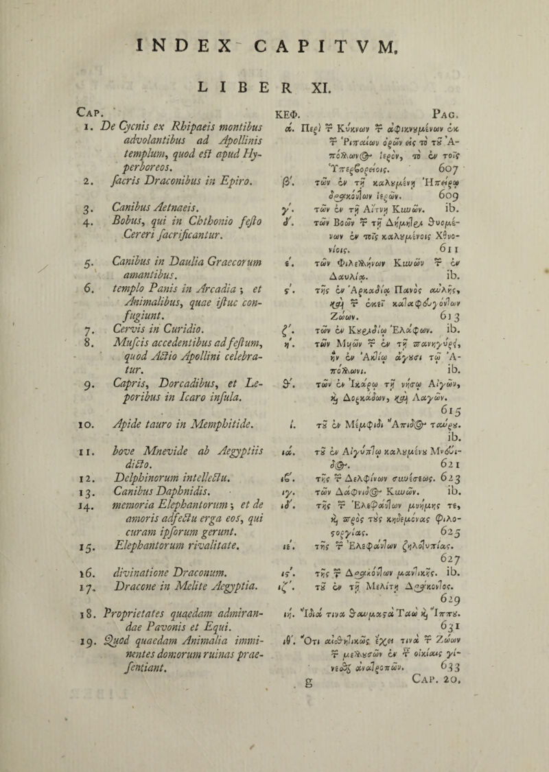 LIBER XI. Cap. 1 1. De Cycnis ex Rhipaeis montibus advolantibus ad Apollinis templum, quod ett apud Hy¬ perboreos. 2. facris Draconibus in Epiro. 3. Canibus Aetnaeis. 4. Bobus, qui in Chthonio feflo Cereri facrificantur. 5. Canibus in Daulia Graecorum amantibus. 6. templo Ranis in Arcadia ; et Animalibus, quae ijluc con¬ fugiunt. 7. Cervis in Curidio. 8. Mufcis accedentibus adfejlum, quod Attio Apollini celebra¬ tur. 9. Capris, Dorcadibus, et Le¬ poribus in Icaro infula. 10. Apide tauro in Memphitide. 11. bove Mnevide ab Aegyptiis ditto. 12. Delphinorum intellettu. 13. Canibus Daphnidis. 14. memoria Elephantorum \ et de amoris adfettu erga eos, qui curam ipforum gerunt. 15. Elephantorum rivalitate. \6. divinatione Draconum. 1 y. Dracone in Melite Aegyptia. 18. Proprietates quaedam admiran¬ dae Pavonis et Equi. 19. Quod quaedam Animalia immi¬ nentes domorum ruinas prae- fentiant. KE$. Pag, eo. Ile^J t* Kukv&iv t- acp/Rvyjwevwv ok r ‘P<7reum o^uv eis tv tS A- 7Vofit\Uv(3r iegcv, 7V Lv to7( 'YirtgGogeioig. 607 (b\ tuv Lv rij xxAafxzvp bpyiKOvlcov itowv. 609 y. tuv Lv ry Atrvtj Kuvuv. ib. cT . TUV BowV T Tij Ay/urfes Svc/Uti- vctiv Lv itTg KxAxpivoig XOvo- vtoig. 61 1 i. tuv Kiaiuv tt Lv AxvAix. ib. « S-. tyjg Lv 'Agxxbix Flavos ou/K^Sy <.93 tt oku xxlxQd/ybvIuv ZuUV. 6 J 3 TOOV Lv ’EAOC<$WV. ib. tj . TUV MVjWV T OV T*J ■ffC0VYiy\)()<j, %v Lv ’AkKu dyxet tw *A- TrotAuvi. lb. w Lv ry vitree AiycHv, K) Ao^xxbuiVj Axyuv. 6i5 t. tS Lv Mzjxtpibi ’/A7rib@-‘ Tcxjugx. ib. id. tS Lv Alyvnlu xot.h%y.z\% Mv<501- $@*. 621 . ty,s t AiA(ptvuv <ruut.a-twg. 623 /y. tuv Ax(pvd(^ Kuvuv. ID. t yjg t? 'EAe (pdvluv /xvyfxrs T£, Rj ST^Of T as KqbffACVCCS (pl Ao- gooyiag. 62 5 IS*. T^f t* ’EAiQotvIuv frrolvxiag. 6iy is . Tvjs T Aqyitbvlaiv fxxvliKKS. ib. 1 f. tS Lv Tp MeAiry A^ynovlos. 619 1»j. twx S-xvjxxgaTau) Imos. 6 31 A. wOt< xlS-viJiXoog ix<x ^ Zw«» tt Lv -r olxloug yi- VJoSj xval^cmuv. 633 g Cap. 20,