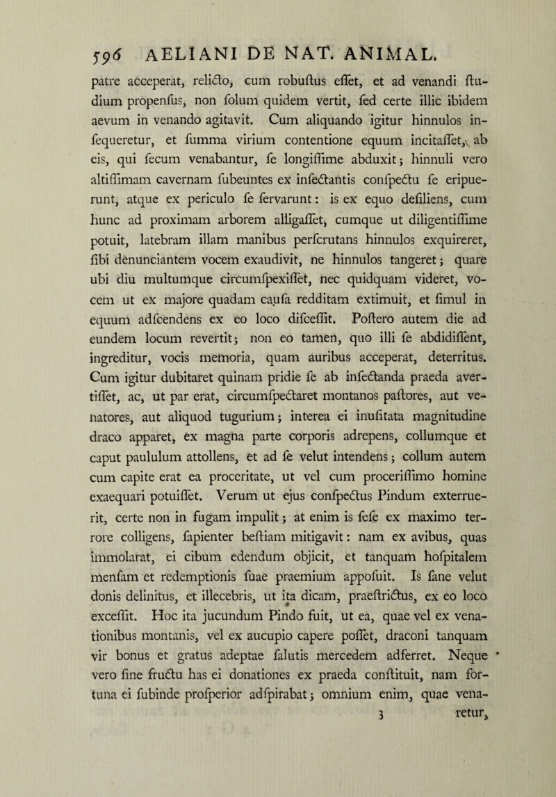 patre acceperat, relido, cum robuftus elfet, et ad venandi ftu- dium propenfus, non folum quidem vertit, fed certe illic ibidem aevum in venando agitavit. Cum aliquando igitur hinnulos in- fequeretur, et fumma virium contentione equum incitalfet,v ab eis, qui fecum venabantur, fe longiffime abduxit; hinnuli vero altiffimam cavernam fubeuntes ex infedantis confpedu fe eripue¬ runt, atque ex periculo fe fervarunt: is ex equo defiliens, cum hunc ad proximam arborem alligalfet, cumque ut diligentiffime potuit, latebram illam manibus perfcrutans hinnulos exquireret, fibi denunciantem vocem exaudivit, ne hinnulos tangeret ; quare ubi diu multumque circumfpexilfet, nec quidquam videret, vo¬ cem ut ex majore quadam caufa redditam extimuit, et limul in equum adfcendens ex eo loco difceffit. Poliero autem die ad eundem locum revertit; non eo tamen, quo illi fe abdidilfent, ingreditur, vocis memoria, quam auribus acceperat, deterritus. Cum igitur dubitaret quinam pridie fe ab infedtanda praeda aver- tilfet, ac, ut par erat, circumfpe&aret montanos pallores, aut ve¬ natores, aut aliquod tugurium; interea ei inufitata magnitudine draco apparet, ex magna parte corporis adrepens, collumque et caput paululum attollens, et ad fe velut intendens; collum autem cum capite erat ea proceritate, ut vel cum proceriflimo homine exaequari potuiflet. Verum ut ejus confpe&us Pindum exterrue¬ rit, certe non in fugam impulit; at enim is fefe ex maximo ter¬ rore colligens, fapienter beftiam mitigavit: nam ex avibus, quas immolarat, ei cibum edendum objicit, et tanquam hofpitalem menfam et redemptionis fuae praemium appoluit. Is fane velut donis delinitus, et illecebris, ut ita dicam, praeftridtus, ex eo loco excellit. Hoc ita jucundum Pindo fuit, ut ea, quae vel ex vena¬ tionibus montanis, vel ex aucupio capere pollet, draconi tanquam vir bonus et gratus adeptae falutis mercedem adferret. Neque * vero line fru&u has ei donationes ex praeda conllituit, nam for¬ tuna ei fubinde profperior adfpirabat; omnium enim, quae vena- 3 retur»