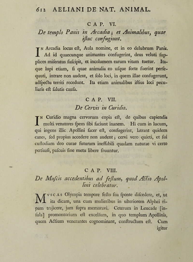 C A P. VI. De templo Panis in Arcadia; et Animalibusy quae ijluc confugiunt. In Arcadia locus eft, Aula nomine, et in eo delubrum Panis. Ad id quaecunque animantes confugerint, deus veluti fup- plices miferatus fufcipit, et incolumem earum vitam tuetur. Ita¬ que lupi etiam, fi quae animalia eo ufque forte fuerint perfe- quuti, intrare non audent, et folo loci, in quem illae confugerunt, adfpedtu territi recedunt. Ita etiam animalibus iftius loci pecu¬ liaris eft falutis caufa. C A P. VII. De Cervis in Curi dio. In Curidio magna cervorum copia eft, de quibus capiendis multi venatores fpem fibi faciunt inanem. Hi cum in lucum, qui ingens illic Apollini facer eft, confugerint, latrant quidem canes, fed propius accedere non audent; cervi vero quieti, et fui cuftodiam deo curae futuram ineffabili quadam naturae vi certo perfuafi, pafcuis fine metu libere fruuntur. C A P. VIII. De Mufcis accedentibus lini celebratur. v s c A s Olympia tempore fefto fua fponte difcedere, et, ut JlYJL ita dicam, una cum mulieribus in ulteriorem Alphei ri¬ pam trajicere, jam fupra memoravi. Ceterum in Leucade [in¬ fula] promontorium eft excelfum, in quo templum Apollinis, quem A&ium venerantes cognominant, conftru&um eft. Cum igitur