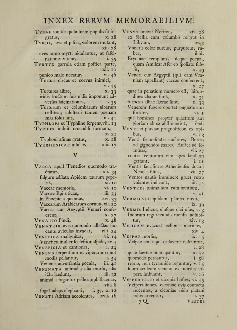 Tvb a e fonitus quibufnam populis fit in¬ gratus, x. 28 Tvrdi, avis et pifcis, colorem mutant, xii. 28 aves ramo myrti nidulantur, ut fafci- nationes vitent, i. 35 Tvrtvr garrula etiam poftica parte, xii. 10 punico malo necatur, vi. 46 Turturi circus et corvus inimici, vi* 45 Turtures albae, x. 33 iridis frudum fuis nidis imponunt ad- verfus fafcinationes, i. 35 Turturum et columbarum albarum caftitas; adulterii tamen poenam mas folus luit, iii. 44 Typhlops et Typhline ferpens,viii. 13 Typhon induit crocodili formam, x. 21 Typhoni afinus gratus, x. 28 Tyrrhenicae infulae, xiii. 17 V Vacca apud Tenedios quomodo tra¬ datur, xii. 34 fulgure adflata Apidem taurum pepe- rit, xi. 10 Vaccae memoria, vi. 10 Vaccae Epiroticae, iii. 33 in Phoenicia quantae, xvi. 33 Vaccarum Arabicarum cornua, xii. 20 Vaccas cur Aegyptii Veneri confe- crent, x. 27 Venatio Pindi, x. 48 Venatrix avis quomodo alledas fuo cantu aviculas invadat, viii. 24 Venefica malignitas, vi. 14 Venefica mulier fceleftior afpide, xv.4 Veneficia et cantiones, i. 29 Venena ferpentium et viperarum quot modis pellantur, i* 54 Venenis adverfantia pocula, iii. 41 Venenata animalia alia morfu, alia idu laedunt, iii. 32 animalia fugantur pelle amphilbaenae, viii. 8 fugat adeps elephanti, i. 37. x. 12 Veneti Adriam accolentes, xvii. 16 Venvs amavit Neriten, xiv. 28 ex Sicilia cum columbis migrat in o Libyam, iv«2 Veneris color aureus, purpureus, ru¬ ber, ibid. Erycinae templum, deque poena, quam Amilcar Afer eo fpoliato fub- iit, x. 49 Veneri cur Aegyptii (qui eam Vra- niam appellant) vaccas confecrent, x. 27 quae in penatium numero eft, hirun¬ dines charae funt, x. 34 turtures albae facrae funt, x. 33 Venerem fugere oportet pugnaturum fortiter, vi. 1 qui homines propter quaefium aut gloriam ab ea abftinuerint, ibid. Venti et pluviae prognofticon ex api¬ bus, v.x 13 Venti fecunditatis audores, Boreas ad gignendos mares, Aufter ad fe¬ minas, vii. 27 contra ventorum vim apes lapillum geftant, i. 11 Ventis facrificare Athenienfes docuit Neoclis filius, vii. 27 Ventos nautis imminere grues retro volantes indicant, iii. 14 Ventres animalium ruminantium, v. 41 Vermicvli quidam plantis noxii, ix. 39 Vermis Indicus, ejufque olei ufus, v. 3 Indorum regi fecundis menfis adhibi¬ tus, xiv. 13 Vesicam evacuat echinus marinus, xiv. 4 Vespae morfus, ix. 15 Vefpae ex equi cadavere nafcuntur, i. 28 quae laertae nuncupantur, x. 42 quomodo perdantur, i* 58 regno, non tyrannide reguntur, v. 15 fuum aculeum veneno ex mortua vi¬ pera imbuunt, v. 16 Vespertilio et ciconia hoftes, vi. 45 Vefpertiliones, ciconiae ovis contadu nocentes, a ciconiae nido platani foliis arcentur, i. 37