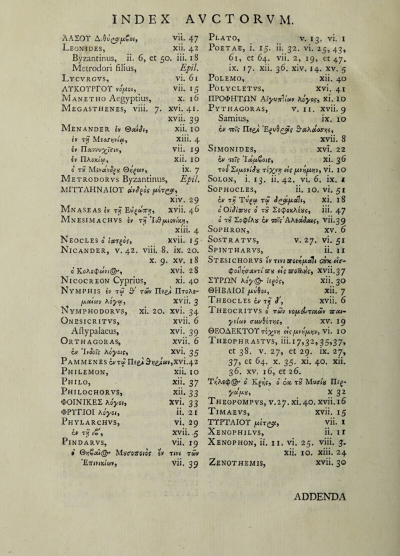 AAIOT AiGu^Coi, vu. 47 Leonides, xii. 42 Byzantinus, ii. 6, et 50. iii. 18 Metrodori filius, Epii. Lycvrgvs, vi. 61 ATKOYPrOY vop.01, vii. 15 M anetho Aegyptius, x. 16 Megasthenes, viii. 7. xvi. 41. xvii. 39 Menander Iv xii. 10 Iv tjj M?(xr>jv/<», xiii. 4 Iv ITavvv^rirjv, vii. 19 Iv IlAojcud, t xii. 10 0 t£ MgvtfVcJ^g 0>;£WV, ix. 7 Metrodorvs Byzantinus, , Epii. MITTAHNAIOT dv^os xiv. 29 Mnaseas Iv T'rji EwgwVif, xvii. 46 MnESIMACHVS Iv jyj xm. 4 Neocles d lo&Tgos, xvii. 15 Nicander, v. 42. viii. 8 . ix. 20. x. 9, , xv. 18 0 KoAoQuvi&i xvi. 28 Nicocreon Cyprius, xi. 40 Nymphis Iv tw 9- r»v II-roAe- y.oucov Aoj/w, xvii. 3 Nymphodorvs, xi. 20. xvi. 34 Onesicritvs, xvii. 6 Aftypalaeus, xvi. 39 Orth agoras, xvii. 6 cv 'IvJbiV Aoyou, xvi. 35 Pammenes wtw 3->jg/twv,xvi.42 Philemon, xii. 10 Philo, xii. 37 Philochorvs, xii. 33 <I>OINIKE£ Aoyoi, xvi. 33 #prnoi Aoyot, ii. 21 Phylarchvs, vi. 29 OV T>J , xvii. .5 Pindarvs, vii. 19 • ©>jMx<ro7roiof iv TiVI T£?V 'EmvtKiuv, vii. 39 Plato, v. 13. vi. 1 Poetae, i. 15. ii. 32. vi. 25, 43, 61, et 64. vii. 2, 19, et 47. ix. 17. xii. 36. xiv. 14. xv. 5 Polemo, xii. 40 PoLYCLETVS, Xvi. 41 nPO<E>HTHN AiyvTrlluv Aoyog, xi. 10 Pythagoras, v. ii. xvii. 9 Samius, ix. 10 iv 'TCff risei 3-#A#<w>j5, xvii. 8 Simonides, xvu 22 iv riv~<; ‘IclfxQort, xi. 36 TOcf 'ZlpwlSx TiXvy «V [AVVIJJIV}V, vi. IO Solon, i. 13. ii. 42. vi. 6. ix. c Sophocles, ii. 10. vi. 51 C* T(f Tv^OI TU xi. 18 0 OiJisws 0 t5 ZoQoka!*?, iii. 47 0 t? Eo^/a» c* ^^'AAsa^f, vii.39 SoPHRON, XV. 6 SOSTRATVS, V. 27. Vi. 51 Spintharvs, ii. n Stesichorvs evrmsrotvudlt G&yteie- Qo^wxvtIztsx eig XVli.37 ITPHN Aoy(& 1 «foV, xii. 30 ©HBAIOI /L0o<, xii. 7 Theocles c* tji' L, xvii. 6 THEOCRITVS 0 TtoV VO/xdjTlKUV TffOU- yvluv (TUllQiTVlS, XV. 19 0EOAEKTOT «? juv^ijv, vi. 10 Theophrastvs, iii.17,32,35,37, et 38. v. 27, et 29. ix. 27, 37, et 64. x. 35. xi. 40. xii. 36. xv. 16, et 26. T^Aecp^ 0 0 cyc t£ Mum y»p%i X 32 Theopompvs, v.27. xi.40. xvii.16 Timaevs, xvii. 15 TYPTAIOT ju£t^, vii. 1 Xenophilvs, ii. 1 r Xenophon, ii. 11. vi. 25. viii. 3. xii. 10. xiii. 24 Zenothemis, xvii. 30 ADDENDA