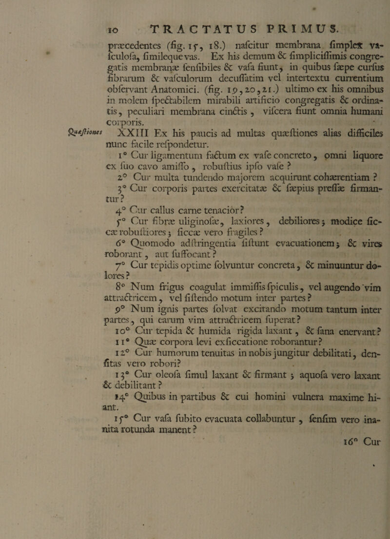 TRACTATUS PRIMUS. praecedentes (fig. ip, 18.) nafcitur membrana fimpleX va- fculofa, fimilequevas. Ex his demum 6c fimpliciffimis congre¬ gatis membranse lenfibiles & vafa fiunt, in quibus fsepe curfus fibrarum &: vafculorum decuflatim vel intertextu currentium obfervant Anatomici, (fig. 19,20,21.) ultimo ex his omnibus in molem fpedlabilem mirabili artificio congregatis Sc ordina¬ tis , peculiari membrana cindlis , vifcera fiunt omnia humani corporis. Qudjtiones XXIII Ex his paucis ad multas quaeftiones alias difficiles nunc facile refpondetur. 10 Cur ligamentum fadtum ex vafe concreto , omni liquore ex fuo cavo amifib , robuftius ipfo vafe ? z° Cur multa tundendo majorem acquirunt cohaerentiam ? 30 Cur corporis partes exercitatae faepius prefTae firman¬ tur ? 40 Cur callus carne tenacior ? f° Cur fibrae uliginofae, laxiores, debiliores $ modice fic- cae robuftiores 5 ficcie vero fragiles ? 6° Quomodo adftringentia fiflunt evacuationem > vires roborant, aut fuffocant ? 70 Cur tepidis optime folvuntur concreta, St minuuntur do¬ lores ? 8° Num frigus coagulat immiffis fpiculis, vel augendo'vim attraftricem, vel fi flendo motum inter partes ? 9° Num ignis partes folvat excitando motum tantum inter partes, qui earum vim attradlricem fuperat? 1 o° Cur tepida 6t humida rigida laxant, <8t fana enervant ? 11* Quae corpora levi exficcatione roborantur? ii° Cur humorum tenuitas in nobis jungitur debilitati, den- fitas vero robori? 130 Cur oleofa fimul laxant St firmant 3 aquofa vero laxant St debilitant ? f4e Quibus in partibus St cui homini vulnera maxime hi¬ ant. 1 f0 Cur vafa fubito evacuata collabuntur , fenfim vero ina¬ nita rotunda manent? 160 Cur