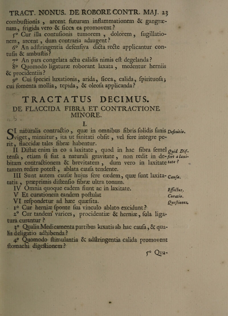 combuftionis , arcent futuram inflammationem 6c gangre¬ nam , frigida vero ficca ea promovent ? f0 Cur illa contufionis tumorem , dolorem , fugillatio- nem , arcent, dum contraria adaugent ? 6° An adilringentia defenflva didta refte applicantur con- tufls ambuftisr 70 An pars congelata a£tu calidis nimis eft degelanda ? 8° Quomodo ligature roborant laxata , medentur herniis procidentiis ? p° Cui fpeciei luxationis, arida, ficca, calida, fipirituofa* cui fomenta mollia, tepida, oleofa applicanda ? TRACTATUS DECIMUS. DE FLACCIDA FIBRA ET CONTRACTIONE MINORE. x\ O I. SI naturalis contraftio , que in omnibus fibris folidis fanis Definitio. viget, minuitur 3 ita ut fanitati obfit, vel fere integre pe¬ rit , flaccide tales fibre habentur. II Diftat enim in eo a laxitate , quod in hac fibra femel jytf. tenfa , etiam fi fiat a naturali gravitate , non redit in de-/<?r* a laxi- bitam contraftionem 6c brevitatem, dum vero in laxitatetate ? tamen redire potefl:, ablata caufa tendente. III Sunt autem caufe hujus fere eedem, que funt laxita- cauff. tatis , preprimis diflenfio fibre ultra tonum. IV Omnia quoque eadem fiunt ac in laxitate. Effetius. V Et curationem eandem poftulat Curatio. VI refpondetur ad hec quefita. Quefiioms. i° Cur hernie fponte fua vinculo ablato excidunt? z° Cur tandem varices, procidentie hernie, fola liga¬ tura curantur ? 30 Qualia Medicamenta partibus luxatis ab hac caufa, 8c qua¬ lis deligatio adhibenda? 40 Quomodo ftimulantia adilringentia calida promovent ftomachi digeflionem? f° Qua-