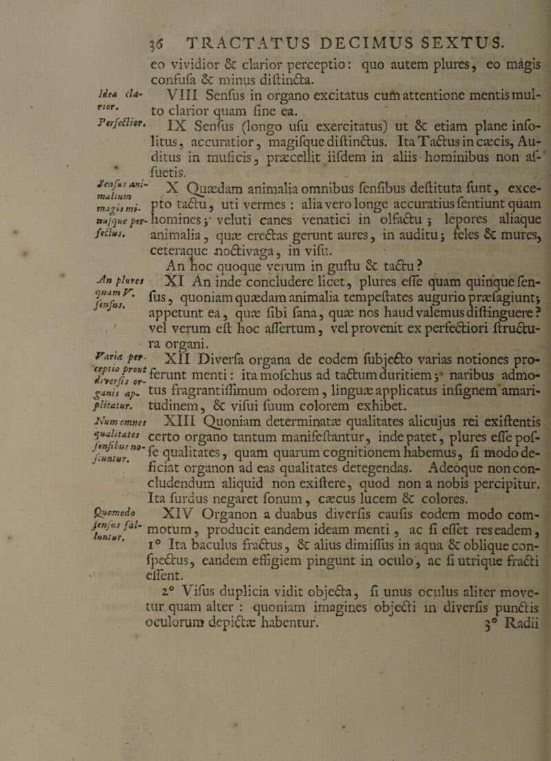 Idea da nor. TRACTATUS DECIMUS SEXTUS. eo vividior & clarior perceptio: quo autem plures, eo magis confufa &: minus diflindfca. VIII Senfus in organo excitatus cum attentione mentis mul¬ to clarior quam fine ea. Perfdhcr. jx Senfus (longo ufu exercitatus) ut &: etiam plane info- litus ? accuratior , magifque diftinctus. Ita Tadlus in caecis, Au¬ ditus in muficis , praecellit iifdem in aliis hominibus non af- ' fuetis. x Quasdam animalia omnibus fenfibus deflituta funt, exce- ma*ij mi- Pto taetu , uti vermes : alia vero longe accuratius lentiunt quam na/que ptr- homines y veluti canes venatici in olfadlu 5 lepores aliaque feduu animalia ? qua: erectas gerunt aures , in auditu 5 feles 6t mures, ceteraque nodbivaga , in vifu. An hoc quoque verum in guflu Sc tadtu ? An phra XI An inde concludere licet, plures effe quam quinque fen- 1'mfos^* ^US? T100^111 quaedam animalia tempeflates augurio prasfagiunt; appetunt ea, quae fibi fana, quae nos haud valemus diftinguere ? vel verum efl hoc affertum, vel provenit ex perfedtiori ftrudtu- ra organi. Vana per- XII Diverfa organa de eodem fubjefto varias notiones pro- ferunt menti: itamofchus ad tadhimduritiemy naribus admo- ganis ap- tus fragrant i ffimum odorem, linguae applicatus infignemamari- f Utatur, tudinem, £e vifui fuum colorem exhibet. Num omnes XIII Quoniam determinata: qualitates alicujus rei exiflentis qaahtates certo organo tantum manifeflantur, inde patet, plures effepof- fantur™” ^ qualitates, quam quarum cognitionem habemus, fi modo de¬ ficiat organon ad eas qualitates detegendas. Adeoque non con¬ cludendum aliquid non exi flere, quod non a nobis percipitur. Ita furdus negaret fonum, cascus lucem & colores. Qpcmcdo XIV Organon a duabus diverfis caufis eodem modo com- motum5 producit eandem ideam menti, ac fi efTet res eadem, i° Ita baculus fradlus, &c alius dimifTus in aqua & oblique con- fpedtus, eandem effigiem pingunt in oculo, ac fi utri que fradti effent. z° Vifus duplicia vidit objedta, fi unus oculus aliter move¬ tur quam alter : quoniam imagines objedli in diverfis pundlis oculorum depidfos habentur. 30 Radii