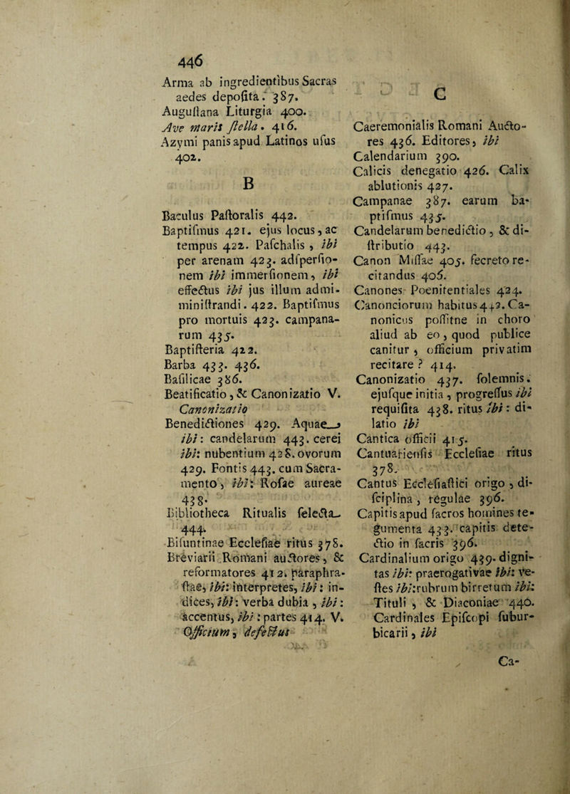 Arma ab ingredientibus Sacras aedes depofita. 3S7, Augullana Liturgia 400. Ave Maris Jlella. 416. Azymi panis apud Latinos ufus 402. B . r i ' . - * 5 < . k Baculus Paftoralis 442. Baptifmus 421. ejus locus, ac tempus 422. Pafchalis , ibi per arenam 423. adfperfto- nem ibi immer(innem , ibi efferus ibi jus illum ad mi- minidrandi. 422. Baptifmus pro mortuis 425. Campana¬ rum 455. Baptifteria 422. Barba 433. 436. Bafilicae 3 86. Beatificatio, & Canon izatio V. Cancnizatio Benedidiones 429. Aquae—j ibi: candelarum 443. cerei ibi: nubentium 42S. ovorum 429. Fontis 443. cum Sacra¬ mento 5 ibi: Rofae aureae 43 8* Bibliotheca Ritualis feleda_> . 444* Bifuntinae Ecelefiae ritus 378. Breviarii Romani audores , & reformatores 412» paraphra- Ibae, ibi: interpretes, ibi: in¬ dices, ibi: verba dubia , ibi: accentus, ibi: partes 414, V* Officium 3 defeUus c Caeremonialis Romani Audo- res 436. Editores, ibi Calendarium 390. Calicis denegatio 426. Calix ablutionis 427. Campanae 387. earum ba¬ ptifmus 435. Candelarum benedictio , & di- llributio 443. Canon Mifiae 405. fecreto re¬ citandus 405. Canones- Poenitentiales 424. Canonciorum habitus442. Ca¬ nonicus poffitne in choro aliud ab eo, quod publice canitur , officium privatim recitare ? 414. Canotiizatio 437. folemnis. ejufque initia , progredus ibi requifita 438. ritus ibi : di-* latio ibi Cantica officii 415. Cantuarienfis Ecelefiae ritus 37^ Cantus Ecdefiadici origo , di- fciplina , regulae 396» Capitis apud facros homines te¬ gumenta 433. capitis dete- dio in facris 396. Cardinalium origo 439. digni¬ tas ibi? praerogativae ibi: ve- fles /^/.-rubrum birretum ibi: Tituli , & Diaconiae 44O. Cardinales Epifcopi fubur- bicarii, ibi