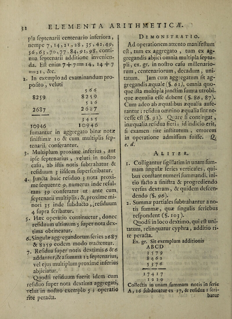 p!a feptenarii centenario inferiora, nempe 7,14,21 ,285 35 > 42,49, 56,63 , 70,77,84, 9 i5 985 conti¬ nua feptenarii additione invenien¬ da. Eft enim 7+7= i4> 14 + 7 — 2 1 , &c. In exemplo ad examinandum pro- polito , veluti 566 8259 82 5 9 526 2687 2 687 3 4 2 5 10946 I 0946 fumantur in aabresato bina nota DC? O , _ finiftima 10 & cum multiplis lep- tenarii conterantur. 3. Multiplum proxime inferius , aut ipfe feptenarius , veluti in noftro cafu, ab iftis notis fubtrahatur & refiduum 3 iifdcm fuperferibatur. 4. Juncta huic refiduo 3 nota proxi¬ me fequente 9, numerus inde reful- tans 39 conferatur ut ante cum feptenarii multiplis ; &,proximc mi- I nori 35 inde fubducto , ^refiduum 4 fupra feribatur. 5. Hac operatio continuetur, donec refiduum ultimum 5 fuper nota dex¬ tima obtineatur. 6. Singulae aggregandorum feries 2687 & 8259 eodem modo tractentur. 7. Refidua fuper notis dextimis 6 Sc6 addantur,&a fumma 12 feptenarius, vel ejus multiplum proxime inferius abjiciatur. Quodii refiduum fuerit idem cum refiduo fuper nota dextima aggregati, vclut in noftro exemplo 5 i operatio rite peracta. Demonstratio. Ad operationem attento manifeftum cft, tum ex aggregato , tum cx ag¬ gregandis abjici omnia multipla feptu- pli,ex. gr. in noftro cafu millenario¬ rum , centenariorum , decadum , uni¬ tatum. Jam cum aggregatum fit ag¬ gregandis aequale (§. 6 ij, omnia quo¬ que ifta multipla jundimfumta utrobi- que aequalia effe debent ( §. 86 , 87). Cum adeo ab aequalibus aequalia aufe¬ rantur i refidua omnino aqualia fintne- ccfife eft (§. 91). Quare fi contingat, inaequalia refidua fieri i id indicio erit, fi examen rite inftitutum , errorem in operatione admiftum fuifife. e. d. Aliter. i . Colligantur figiilatim in unam fum- mam lingulae feries verticales, qui¬ bus conftant numeri fummandi, ini¬ tio fafto a finiftra & progrediendo verfus dextram , & quidem defeen- dendo (§. 96). 2. Summa5 partiales fubtrahantur a no¬ tis fumma, qua fingulis feriebus rcfpondent (§. 103 ). Quodfi in loco dex'timo, qui eft uni¬ tatum, relinquatur cyphra, additio ri¬ te pcra&a. Ex. er. Sit exemplum additionis 8 ABCD 3 5 7 9 8462 5376 * 7 4 17 1210 Colle&is in unam fummam notis in ferie A, 16 jfubducatur ex 17, & refidua 1 feri¬ batur