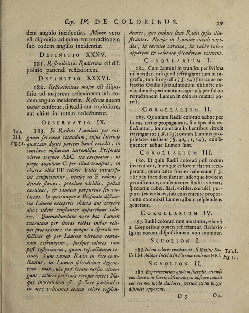 Cap. 1K DE COLORIBU S. dem angulo incidentia?. Minor vero eft difpofitio ad minorem refradionem fub eodem angdlo incidentia?. Definitio XXX V. 181. Reflexibilitas Radiorum eft dif- pofitio patiendi reflexionem. Definitio XXXVI. 18 2. Reflexibilitas major eft difpo- fttio ad majorem reflexionem iub eo¬ dem angulo incidentia?. Reflexio autem major cenfetur,fi Radii aut copioiiores aut citius in totum refleduntur. Observatio IX. Tab. 183- Si Radius Luminis per exi- III. guurn fonmen rotundum, cujus latitudo Lig*$i' quartam digiti partem 'haud excedit 5 in conclave obflcurum intromijfus Prifmate vitreo trigono ABC ita excipiatur , ut prope angulum C per illud tr an/e at; in charta alba F.F colores Iridis vivaciff- mi confpiciuniur, nempe in F rubeus y deinde flavus , proxime viridis, poftea caeruleus, cr tandem purpureus fleu vio¬ laceus. In quacunque a Priflnate difl^n- tia Lumen exceperis charta aut corpore alio i Udem conflanter apparebunt colo¬ res. Quemadmodum vero hoc Lumen coloratum per lineas reclas inflar reli¬ qui propagatur s ita quoque a Speculo re¬ flectitur dr per Lentem vitream conve¬ xam refringitur , Juofque colores tam poft reflexionem , quam refractionem re¬ tinet. ( um tamen Radii in foco coar¬ ci an tur , in Lumen fllendidum degene¬ rant , mox, ubi pofl focum rurfles dever¬ gunt „ colores priflinos recuperantes; Ne- que injucundum efl fjcclare particulis in aere volitantes eodem colore refllen- dentes 3 quo imbuti funt Radii ipfas illu- flrantes. Nempe in Lumine viridi viri¬ des j in coeruleo coerulea, in rubro rubra apparent & colorata fllendorem retinent. Corollarium I. 184. Cum Lumini in tranfitu perPrifma nil accidat, nifi quod refringatur tum in in- greffu, tum in egreffu ( §. 54 ) ( utraque re¬ fractio Oculis ipfis admodum diftin<5te ob¬ via, dum Experimentum capitur); per folam refradionem Lumen in colores mutari po- teft. Corollarium II. 185. Quoniam Radii colorati adhuc per lineas redas propagantur, fi a Speculis re- fledantur, immo eriam in Lentibus vitreis refringantur ( ^.183); omnes Luminis pro¬ prietates retinent ( §. 46, 51,54), confe- quenter adhuc Lumen funt. Corollarium III. 18<5. Et quia Radii colorati pofl focum invertuntur, fuumque colorem ftatim recu¬ perant , quem ante focum habuerant ( jT. 183); in foco decuffantur, adeoque invicem permifcentur.confequenter Radii colorati, fpeciatim rubei, flavi, virides, coerulei, pur¬ purei feu violacei, fub conveniente propor¬ tione commixti Lumen album refplendens generant. Corollarium IV. 187. Radii colorati non mutantur,etiamfl a Corporibus opacis refledantur. Reflexio - igitur eorum difpoficionem non immutat. SCHOLION I. 1 SSJidem colores comparent, fi Radius So~ lis LM oblique incidat in Vitrum conicum HKI. fig ^ ^ SCHOLION II. 189. Experimentum quidem fuccedit, etiamfi conclave non fuerit obfcururai in obfcuro tamen colores non modo clariores, verum etiam magis diftintti apparent. D 3 Ob-