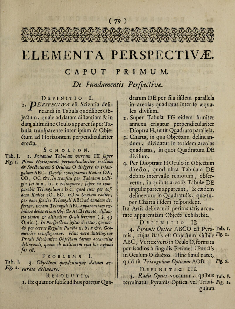 *^« *w» *m* *ki» *m* *m* *ui* «d» •d* *d» *d» «d* »d* »d» #*c *d» »d» «d» «d» *d» «d »d» *d ELEMENTA PERSPECTIVAE. CAPUT PRIMUM. De Fundamentis Perjpettiva. Definitio I. i. T)ErspeC7IVA eft Scientia deli- ■*■ ncandi in Tabula quodlibet Ob¬ jectum , quale ad datam diftantiam & in data altitudine Oculo apparet fuper Ta¬ bula tranfparente inter ipfum & Obje¬ ctum ad Horizontem perpendiculariter ereda. S c h o l i o N. Tab. I. 2. Ponamus Tabulam vitream HI fuper Fig. i. Plano Horizontali perpendiculariter ereltam & Spe fiat orem S Oculum O dirigere in trian¬ gulum ABC. Quodfi concipiamus Radios OA, OB , OC &c. in tranfitu per Tabulam vefli- gia fui in a , b , c relinquere; fuper ea com- parcbit Triangulum a b c, quod cum per eof- dem Radios aO, bO, cC in Oculum radiet, per quos fpecies Trianguli ABC ad eundem de¬ fertur, veram Trianguli ABC apparentiam ex¬ hibere debet etiamObj< Ito ACBremoto, difian- tia tamen & altitudine Otuli fervata ( jT. 45 Optic. ). In Perfpeftiva igitur docetur, quomo¬ do per certas Regulas Punita a, b, c &c. Geo¬ metrice invefiigentur. Hinc vero intellegitur Praxis Mechanica Objectum datum accuratius delineandi, quam ob utilitatem ejus hic exponi fas eji. Problema I. Tab. I. 3. Objechtm quodeumque datum ac- Ftg. 2. ctirate delineare. Resolutio. x. Ex quatuorfubfcudibusparctur Qua¬ dratum DE per Eia iifdem parallela in areolas quadratas inter fe aequa¬ les divifum. 2. Super Tabula FG eidem firmiter annexa erigatur perpendiculariter Dioptra H, ut Et Quadrato parallela. 3. Charta, in qua Objedum delinean¬ dum , dividatur in totidem areolas quadratas 3 in quot Quadratum DE divifum. 4. Per Dioptram H Oculo in Objedum direCto, quod ultra Tabulam DE debito intervallo remotum , obfer- vetur, in quibus areolis Tabula? DE fingula? partes appareant, & eaedem delineentur in Quadratulis 3 qua? fu¬ per Charta iifdem refpor-dent. Ita Artis delineandi peritus fatis accu¬ rate apparentiam Objedi exhibebit. Definitio II. 4. Pyramis Optica ABCO eft Pyra- Tab. I. mis , cujus BaEs eft Objedum vifibilc l- ABC 3 Vertex vero in Oculo O, formata per Radios a fingulis Perimetri Pun dis in Oculum O dudos. Hinc fimul patet, quid fit Triangulum Opticum AOB. Ftg» Definitio III. 5. Radii Optici vocantur , quibus jab. L terminatur Pyramis Optica vel Triari- Fig. u gulum