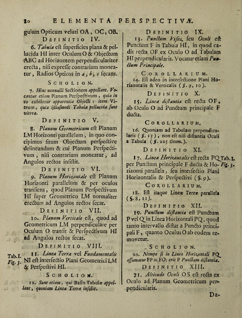 Fig. 3. ERSPECTIViE, 80 ELEMENTA P gulum Opticum veluti OA, OC, OB. Definitio IV. 6. Tabula eft fuperficies plana & pel¬ lucida HI inter Oculum O& Objedum 'ABC ad Horizontem perpendiculariter ereda, nifi exprefte contrarium monea¬ tur , Radios Opticos in a, b> c fecans. S c h o L 1 o N. 7. Hinc nonnulli Sedionem appellant. Vo¬ cantur etiam Planum Perfpedivum , quia in eo exhibetur apparentia Objeili : item Vi¬ trum , quia ijliufmodi Tabula pellucida funt vitrea. Definitio V. 8. Planum Geometricmn eft Planum LM Horizonti parallelum, in quo con¬ cipimus fitum Objedum perfpedive delineandum & cui Planum Perfpedi- vum 3 nifi contrarium moneatur, ad Angulos redos infidit. Definitio VI. 9. Planum Horizontale eft Planum Horizonti parallelum & per oculos tranfiens, quod Planum Perfpedivum HI fuper Geometrico LM normaliter eredum ad Angulos redos fecat. Definitio VII. 10. Planum Verticale eft, quod ad Geometricum LM perpendiculare per Oculum O tranfit & Perfpedivum HI ad Angulos redos fecat. Definitio VIIL 11. Tinea Terra vel Fundamentalis NI eft interfedio Plani Geometrici LM & Perfpedivi HI. S c h o L 1 o N.' 12. Sunt etiam, qui Bafin Tabula; appel¬ lant } quoniam Linea Tena infijlit. Definitio IX. 13. Punitum Vifusa feu Oculi eft Pundum F in Tabula HI, in quod ca¬ dit reda OF ex Oculo O ad Tabulam HI perpendicularis. Vocatur etiam Pum- £lum Principale. Corollarium. 14. Eft adeo in interfedione Plani Ho¬ rizontalis & Verticalis ( jf. 9, 10). Definitio X. 15. Lwea diflantia eft: reda O F , ab Oculo O ad Pundum principale F duda. Corollarium. i 6. Quoniam ad Tabulam perpendicu¬ laris ( §. 13 ) , non eft nifi diftantia Oculi a Tabula ( $. 225 Gcom.). Definitio XI. 17. Linea Horizontalis eft reda PQjTab. I. per Pundum principale F duda & Ho- Fig. 3. rizonti parallela , feu interfedio Plani Horizontalis & Perfpedivi (§.9). Corollarium. 18. Eft itaque Line* Terra; paralleli ( §. 8, 11). Definitio XII. 19. Punitum diflantia eft Pundum P vel Qjn Linea Horizontali PQ, quod tanto intervallo diftat a Pundo princi¬ pali F, quanto Oculus O ab eodem re¬ movetur. S c h o L 1 o N. 20. Nempe fi in Linea Horizontali PQ. affumatur FP = FO; em P Punitum diflantia. Definitio XIII. 21. Altitudo Oculi O S eft reda ex Oculo ad Planum Geometricum per¬ pendicularis. De-